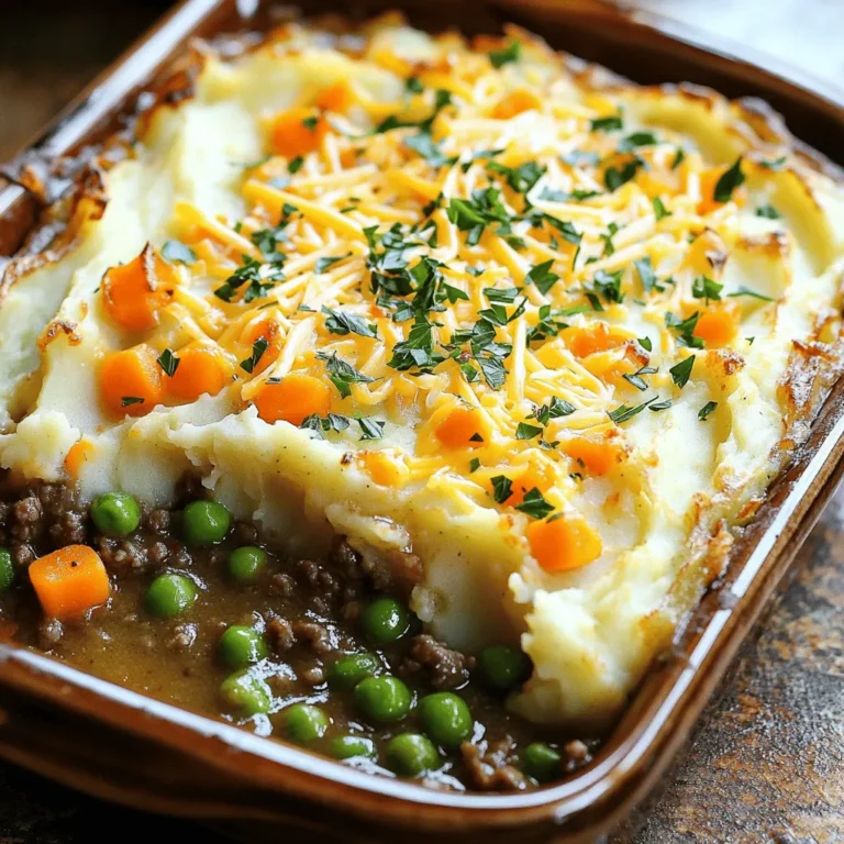 To make a classic shepherd's pie, you need simple, fresh ingredients. The base is either ground beef or lamb. I love using beef for its rich taste. You also need: - 1 lb ground beef or lamb - 1 medium onion, finely chopped - 2 cloves garlic, minced - 2 medium carrots, diced - 1 cup frozen peas - 1 cup beef or vegetable broth - 2 tablespoons tomato paste - 1 tablespoon Worcestershire sauce - 4 cups mashed potatoes (made from about 2 lbs potatoes) These ingredients blend well to create a hearty filling. You can switch up some ingredients based on preference. For example, if you want a leaner option, ground turkey works great. If you are short on fresh veggies, using frozen carrots or peas is a smart choice. Here are some alternatives: - Ground turkey instead of beef or lamb - Sweet potatoes instead of regular potatoes - Fresh herbs instead of dried These swaps can add new flavors while keeping it comforting. Seasonings make this dish pop. They enhance the natural flavors of the meats and veggies. Here’s what you need: - 1 teaspoon dried thyme - 1 teaspoon dried rosemary - Salt and pepper to taste - 2 tablespoons olive oil The thyme and rosemary bring warmth and depth. Adjust the salt and pepper to your taste. If you want a cheesy twist, add: - ½ cup shredded cheddar cheese (optional) This adds a delicious crust on top. For the full recipe, check out the Ultimate Comfort Shepherd's Pie. To start, gather all your ingredients. You will need: - 1 lb ground beef or lamb - 1 medium onion, finely chopped - 2 cloves garlic, minced - 2 medium carrots, diced - 1 cup frozen peas - 1 cup beef or vegetable broth - 2 tablespoons tomato paste - 1 tablespoon Worcestershire sauce - 4 cups mashed potatoes (made from about 2 lbs potatoes) - 1 teaspoon dried thyme - 1 teaspoon dried rosemary - Salt and pepper to taste - 2 tablespoons olive oil - ½ cup shredded cheddar cheese (optional) Make sure your potatoes are peeled and ready to boil. Chop the onion and garlic finely. Dice the carrots into small pieces. This helps them cook fast and blend well with the meat. Now, heat the olive oil in a large skillet over medium heat. Add the ground beef or lamb. Use a wooden spoon to break the meat apart as it cooks. Brown the meat for about 5-7 minutes. Season it with salt and pepper. Once the meat is browned, remove it from the skillet. In the same pan, add the chopped onion, minced garlic, and diced carrots. Sauté these for about 5-7 minutes. You want them soft and fragrant. Next, return the cooked meat to the skillet. Stir in the frozen peas, tomato paste, Worcestershire sauce, broth, dried thyme, and rosemary. Let this simmer on low heat for about 10 minutes. Stir occasionally until the mixture thickens. Taste and adjust seasoning if needed. Preheat your oven to 400°F (200°C). Lightly grease a baking dish with cooking spray or olive oil. Spread the meat mixture evenly across the bottom of the dish. Now, layer your prepared mashed potatoes on top. Smooth them out gently with a spatula. If you like cheese, sprinkle some shredded cheddar over the potatoes. Place the baking dish in the oven and bake for 20-25 minutes. You want the top to be golden and slightly crispy. When done, take it out of the oven and let it cool for a few minutes. This helps the filling set a bit. Enjoy your hearty meal! For the full recipe, check out the Ultimate Comfort Shepherd's Pie 🥧🥔. To make the best mashed potatoes, use starchy potatoes like Russets. Boil the potatoes until tender, about 15-20 minutes. Drain them well. Add butter and milk for creaminess. Mash until smooth. Don’t over-mix; this can make them gluey. Adjust the seasoning with salt and pepper. For a twist, try adding garlic or sour cream for a richer flavor. One common mistake is not seasoning the meat and veggies enough. Always taste as you go. Another mistake is using cold mashed potatoes. Let them sit at room temperature before adding them to the pie. Avoid overcrowding the skillet when cooking the meat. This prevents proper browning. Lastly, don't skip the simmering step. It helps blend all flavors beautifully. To boost flavor, add fresh herbs like parsley or chives. A splash of red wine in the meat mixture adds depth. For extra richness, stir in a spoonful of cream into the mashed potatoes. You can also mix in some cheese for a cheesy topping. If you like heat, sprinkle in some chili flakes or a dash of hot sauce. For the complete recipe, check out the Full Recipe. {{image_4}} Vegetarian shepherd's pie swaps meat for hearty vegetables. Use lentils or chickpeas for protein. You can add mushrooms for a rich flavor. Mix in vegetables like zucchini and bell peppers for color. This version still offers comfort and warmth that you love. Different places have their own takes on shepherd's pie. In Ireland, they often use lamb. In England, beef is common. Some regions add cheese to the mash, while others include herbs. Each variation brings a unique twist to this classic dish. To make shepherd's pie gluten-free, choose gluten-free broth and tomato paste. Be sure to check all labels for hidden gluten. You can also use cornstarch to thicken the filling instead of flour. This way, everyone can enjoy this delicious meal without worry. For a complete guide on making this dish, check out the Full Recipe. After a delicious meal, you may have some shepherd's pie left. To store the leftovers, let them cool first. Then, place the pie in an airtight container. You can keep it in the fridge for up to three days. Make sure to cover it well to keep it fresh. If you want to enjoy it later, freezing is a great option. When you're ready to eat your leftovers, reheating is easy. Preheat your oven to 350°F (175°C). Place the shepherd's pie in an oven-safe dish. Cover it with foil to prevent drying out. Heat it for about 20-30 minutes, or until it's warm throughout. You can also heat individual portions in the microwave. Just cover them with a damp paper towel to keep moisture. Freezing shepherd's pie is a smart way to save time. If you freeze it before baking, wrap it tightly in plastic wrap and then foil. This way, it can last up to three months in the freezer. To bake, remove the wrap and foil, and bake it straight from the freezer. Add 10-15 minutes to the baking time. If you freeze leftovers, let them cool first, then store them in airtight containers. You can enjoy a hearty meal anytime! For the full recipe, check out the Ultimate Comfort Shepherd's Pie. To make Shepherd's Pie from scratch, start by cooking the meat. Use ground beef or lamb in a skillet. Sauté onions, garlic, and carrots until soft. Then mix in peas, broth, and seasonings. Simmer this mixture for about ten minutes. Next, spread it in a baking dish. Top with creamy mashed potatoes. Bake at 400°F for 20-25 minutes until golden. For the full recipe, check out Ultimate Comfort Shepherd's Pie. Yes, you can use different meats. Ground turkey or chicken can work well. These meats will give a lighter taste. If you want a richer flavor, try a mix of meats. Always adjust cooking times based on the meat you choose. The goal is to keep the filling juicy and tasty. Shepherd's Pie pairs well with simple sides. A fresh green salad adds brightness. Steamed vegetables like broccoli or green beans also work nicely. For a heartier meal, serve warm bread or rolls. These sides balance the rich flavors of the pie. Enjoy a cozy meal that feels like a warm hug! In this post, we explored making Shepherd's Pie, from traditional ingredients to storage tips. You learned how to prep ingredients, cook meat and veggies, and bake it all together. We also discussed variations, like vegetarian and gluten-free options. Remember to avoid common mistakes for the best flavor. Enjoy your Shepherd's Pie creations! They bring warmth and comfort to every meal.