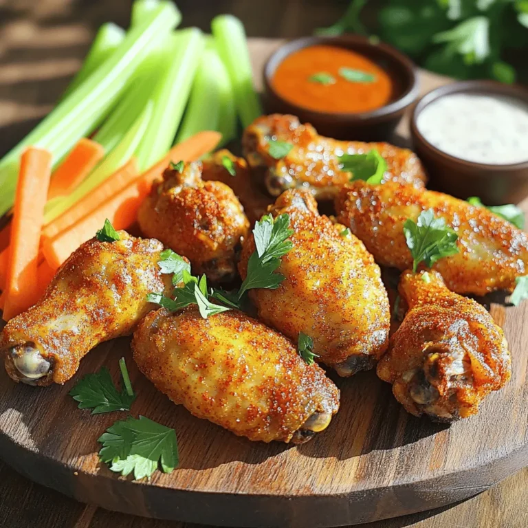 - 2 lbs chicken wings - 1 tablespoon baking powder - 2 tablespoons olive oil - 1 teaspoon garlic powder - 1 teaspoon onion powder - 1 teaspoon smoked paprika - ½ teaspoon cayenne pepper (adjust to your taste) - Salt and freshly cracked black pepper to taste Crispy air fryer chicken wings start with great ingredients. You need chicken wings, of course. I like to use 2 lbs, separated into flats and drumettes. This gives you a nice mix of textures. Baking powder is key for the crispiness you want. Just one tablespoon will help the wings crisp up. Olive oil adds flavor and helps the spices stick. You’ll need two tablespoons for that purpose. For seasoning, I use a mix of spices that really pop. Garlic powder and onion powder add depth. Smoked paprika gives a nice smokiness, and cayenne pepper adds heat. Adjust the cayenne to match your spice level. Don’t forget salt and pepper! They enhance all the other flavors. A good pinch of each is important. This combination of ingredients makes your wings tasty and crispy. For the Full Recipe, check the instructions later in the article. You can easily customize these flavors to suit your taste. 1. Patting Wings Dry for Crispiness: Start by using paper towels to pat the chicken wings. This step is key. Removing moisture helps make the wings crispy. The drier the wings, the better the crunch after cooking. 2. Creating the Seasoning Mix: Next, grab a large mixing bowl. Combine 1 tablespoon of baking powder, 1 teaspoon of garlic powder, 1 teaspoon of onion powder, 1 teaspoon of smoked paprika, and ½ teaspoon of cayenne pepper. Add a pinch of salt and freshly cracked black pepper. Mix this well. You want a uniform blend that coats the wings perfectly. 1. Coating the Wings with the Seasoning and Oil: Add the dried wings to your bowl of seasoning. Drizzle 2 tablespoons of olive oil over them. Toss the wings gently but well. Make sure each wing gets a good coat of seasoning. This step is all about flavor. 2. Preheating the Air Fryer: Preheat your air fryer to 380°F (193°C) for about 5 minutes. This is crucial. A hot air fryer starts the crisping right away when you add your wings. 1. Arranging Wings in the Air Fryer Basket: Place the seasoned wings in a single layer in the air fryer basket. Don’t crowd them. Leave space for the hot air to flow around each wing. This helps them cook evenly. 2. Cooking Time and Temperature Settings: Cook the wings for 25-30 minutes. Shake the basket halfway through to ensure even cooking. If you want them extra crispy, raise the temperature to 400°F (204°C) for the last 5 minutes. Keep an eye on them to avoid overcooking. For the full recipe, check the detailed instructions above. To get crispy chicken wings, you need to dry them well. Moisture can ruin the crispiness. Use paper towels and pat them dry. This simple step makes a big difference. Another key is using baking powder. It helps create a crunchy texture. Mix it with your spices for the best result. When air frying, avoid crowding the basket. Give the wings space to cook evenly. This allows hot air to circulate and crisp them up nicely. Air fryers can vary in performance. You may need to adjust the cook time based on your model. If your wings are not crispy after the initial time, add a few more minutes. Check on them to avoid overcooking. For extra crispiness, raise the temperature near the end. Set it to 400°F (204°C) for the last five minutes. This helps achieve that perfect golden finish. Just keep an eye on them to ensure they don’t burn. {{image_4}} You can change the flavor of your wings easily. Start by adding different seasonings. You could try lemon pepper, barbecue, or even a garlic herb mix. Each option gives a unique taste. Don’t forget about sauces! You can toss the wings in buffalo, teriyaki, or honey mustard after cooking. This adds a fun twist to your meal. If you want heat, consider spicy wings. You can add more cayenne pepper or use hot sauce. For a smoky flavor, try chipotle powder or smoked paprika. These changes can take your wings to new heights. While air frying is great, you have other options too. You can bake your wings in the oven. Just preheat to 425°F (218°C). Spread the wings on a baking tray and cook for 40-45 minutes. This gives a different texture but is just as tasty. You might also want to grill the wings. Grilling adds a nice char and flavor. Preheat your grill to medium heat and cook for about 20 minutes. Flip them often to avoid burning. Each method gives you a different taste and experience. Explore these styles to find your favorite way to enjoy wings! To store your crispy air fryer chicken wings, let them cool first. Place them in an airtight container. This keeps them fresh and prevents moisture. You can store cooked wings in the fridge for up to four days. It’s best not to leave them out for more than two hours. Enjoy them later, but make sure they are safe to eat. Reheating can be tricky; you want to keep the wings crispy. The best way to do this is in the air fryer. Preheat the air fryer to 375°F (190°C). Place the wings in a single layer in the basket. Heat them for about 5-7 minutes. This keeps them crispy and warms them through. You can also use an oven. Set it to 350°F (175°C). Place the wings on a baking sheet and heat for 10-15 minutes. Both methods work great, but the air fryer is my favorite for the best crunch. Can I use frozen chicken wings? Yes, you can use frozen chicken wings. Just remember, they will need extra cooking time. Start by cooking them at 380°F for about 30-35 minutes. Check for doneness to make sure they are fully cooked. How do I make wings less greasy? To make wings less greasy, pat them dry with paper towels. This helps remove moisture. Use a light coating of oil instead of a heavy one. Also, use baking powder in the seasoning mix. This helps create crispiness without excess grease. What temperature is best for air frying wings? The best temperature for air frying wings is 380°F (193°C). This temperature crisps up the skin while cooking the meat inside. If you want extra crispiness, increase the heat to 400°F (204°C) in the last few minutes. How to ensure wings are cooked through without drying out? To avoid drying out wings, do not overcrowd the air fryer basket. Cook them in a single layer. Shake the basket halfway through cooking. This helps ensure even cooking. Let the wings rest for a few minutes before serving to keep them juicy. For the complete recipe, check out the Full Recipe. You learned how to make crispy air fryer chicken wings. We discussed the key ingredients, like chicken wings and spices. I provided step-by-step instructions for preparation and cooking. You discovered tips for the perfect crisp and possible variations for flavors. Lastly, we covered storage and reheating techniques to keep your wings tasty. Enjoy your delicious wings and feel free to experiment with flavors. Cooking can be fun and rewarding!