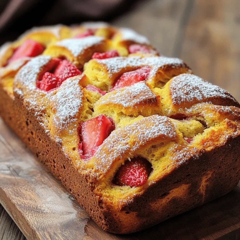 To make this delicious bread, gather these items: - 1 cup fresh strawberries, hulled and diced - 1 cup rhubarb, diced - 1/2 cup unsalted butter, softened to room temperature - 1 cup granulated sugar, divided - 2 large eggs, at room temperature - 1 teaspoon pure vanilla extract - 1/2 cup Greek yogurt, plain - 2 cups all-purpose flour - 1 teaspoon baking powder - 1/2 teaspoon baking soda - 1/4 teaspoon sea salt - 1/2 teaspoon ground cinnamon (optional) - 1/4 cup chopped walnuts or pecans (optional) Using fresh ingredients is key to good flavor. Fresh strawberries and rhubarb give the bread a tart and sweet taste. They also add moisture, making the bread soft. When you choose fresh fruits, look for vibrant colors and firm textures. This will enhance your final dish. If you can, visit a local farmer’s market for the best produce. It really makes a difference in taste. You can make the bread even better with some optional ingredients. Adding ground cinnamon brings warmth and depth to the flavor. If you like crunch, chopped walnuts or pecans add a nice texture. These nuts also pair well with the fruit. You can mix and match these extras based on your taste. Feel free to experiment and find what you love! For the full recipe, check out the earlier sections. Start by preheating your oven to 350°F (175°C). This warms the oven for even baking. Grease and flour a 9x5-inch loaf pan. This step helps the bread slide out easily after baking. Next, prepare the fruit. In a medium bowl, mix the diced strawberries and rhubarb. Sprinkle 1 tablespoon of sugar over the fruit and toss gently. Let it sit for a few minutes. This draws out moisture and brings out the fruit's flavor. In a large mixing bowl, cream the softened butter with the remaining sugar. Use an electric mixer for about 3-4 minutes. The mixture should look light and fluffy. Add the eggs one at a time, mixing well after each addition. Then, mix in the vanilla extract and Greek yogurt until smooth. In another bowl, whisk together the flour, baking powder, baking soda, sea salt, and ground cinnamon. Gradually add this dry mix to the wet ingredients. Stir gently until just combined to avoid a dense bread. Finally, fold in the prepared strawberries and rhubarb. If you like, add chopped nuts for crunch. Pour the batter into your greased loaf pan. Smooth the top with a spatula for an even surface. Bake in the preheated oven for 55-65 minutes. Check if it’s done by inserting a toothpick in the center. It should come out clean or with a few moist crumbs. Once baked, let the bread cool in the pan for about 10 minutes. Then, transfer it to a wire rack to cool completely. This step is important for the best texture. Now, you can slice and enjoy your strawberry rhubarb delight bread! For the full recipe, refer to the earlier section. To get that soft and fluffy bread, you must mix the batter just right. When you mix the wet and dry ingredients, do it slowly. Stir until just combined. This helps keep air in the batter. Over-mixing makes your bread dense. Remember, a few lumps are okay! One common mistake is using cold ingredients. Always start with eggs and yogurt at room temperature. This helps the batter mix better and rise nicely. Another mistake is not measuring the flour properly. Too much flour can lead to a dry texture. Use a spoon to scoop flour into your measuring cup, then level it off for accuracy. Want to add more flavor? Try adding a bit of lemon zest. It brightens the bread and pairs well with strawberries and rhubarb. You can also mix in spices like nutmeg or ginger for warmth. If you like nuts, fold in walnuts or pecans for crunch. You can find the full recipe for this delicious bread above. {{image_4}} You can easily adapt this recipe for different diets. If you want a dairy-free option, swap the butter for coconut oil or a plant-based butter. Use almond or oat yogurt in place of Greek yogurt. For a gluten-free bread, replace all-purpose flour with a gluten-free blend. Always check the labels to ensure your substitutes fit your needs. This recipe is versatile, allowing you to play with flavors. Instead of strawberries, try blueberries or diced apples. You can mix in lemon zest for a fresh twist. If you love spices, add nutmeg or cardamom for warmth. These changes keep the bread exciting and fun! Get creative with add-ins to enhance your bread. Try adding chocolate chips for a sweet treat. For crunch, include a handful of sunflower seeds or pumpkin seeds. You can also mix in a scoop of shredded coconut for a tropical touch. These add-ins make each slice unique and flavorful. For the complete recipe, check out the [Full Recipe]. To keep your strawberry rhubarb bread fresh, store it at room temperature. Wrap it tightly in plastic wrap or foil. This helps to prevent it from drying out. If you have leftover bread, try to keep it in an airtight container. This way, it stays soft and delicious for a few days. Avoid storing it in the fridge, as that can make it stale faster. If you want to save your bread for later, freezing is a great option. First, let the bread cool completely after baking. Then, slice it into pieces. Wrap each slice in plastic wrap, and then place them in a freezer bag. Make sure to squeeze out any air before sealing. You can freeze it for up to three months. When you're ready to enjoy it, you can thaw it overnight in the fridge or leave it at room temperature for a few hours. To enjoy your strawberry rhubarb bread warm, preheat your oven to 350°F (175°C). Place the slices on a baking sheet and cover with foil. Heat for about 10-15 minutes. This keeps the bread moist and enhances its flavors. You can also use a microwave. Just heat each slice for about 15-20 seconds. However, the oven method gives the best taste and texture. Enjoy your warm slices with a little butter or jam for extra flavor! To keep your bread moist, use fresh fruit. Fresh strawberries and rhubarb add natural moisture. You can also add Greek yogurt. It adds creaminess and keeps the bread soft. Be careful not to over-mix your batter. Over-mixing can cause dense bread. Bake until just done to keep it fluffy. Yes, you can use frozen strawberries and rhubarb. Thaw them and drain excess liquid first. This prevents your bread from getting soggy. The flavor will still be good, but fresh fruit tastes better. Try to use fresh when possible, especially in peak season. This bread is great on its own. For a special treat, serve it with whipped cream. You can also pair it with butter or cream cheese. A sprinkle of powdered sugar adds a nice touch. Serve it warm for the best taste. Enjoy it with your favorite tea or coffee! Strawberry rhubarb bread is simple and fun to make. We covered key ingredients, step-by-step instructions, and helpful tips. Fresh ingredients are vital for great flavor. Remember to avoid common mistakes for the best texture. You can add your own flavors too, which makes it even better. Don’t forget how to store it well, so you can enjoy every bite later. I hope these tips inspire you to bake and savor this delicious bread. Enjoy your time in the kitchen!