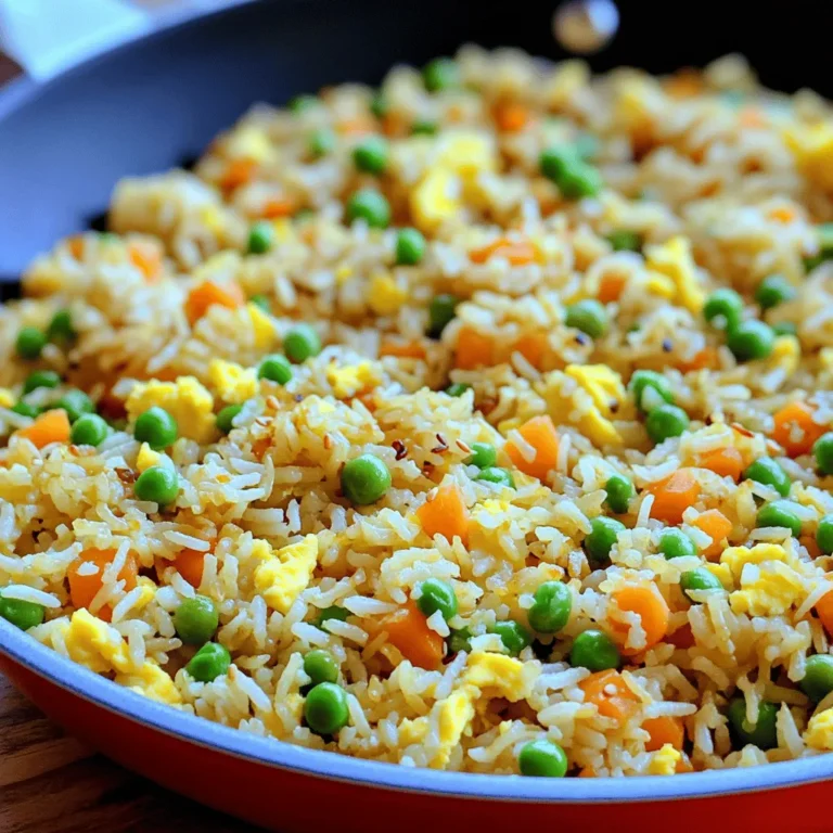 To make a tasty fried rice, gather these key ingredients: - 2 cups cooked jasmine rice (day-old is best) - 1 tablespoon vegetable oil - 2 cloves garlic, finely minced - 1 small carrot, finely diced - 1/2 cup frozen peas - 2 green onions, chopped (white and green parts separated) - 2 large eggs, lightly beaten - 3 tablespoons soy sauce (low sodium if preferred) - 1 tablespoon sesame oil - Salt and pepper to taste - Optional: Sriracha sauce for heat Choose fresh and vibrant ingredients for the best flavor. Look for: - Jasmine rice with a nice aroma. - Bright orange carrots that feel firm. - Peas that are bright green and not dried out. - Eggs that are fresh and from a good source. - Soy sauce that has a rich, deep color. Using these tips helps ensure tasty results. Fresh vegetables boost flavor and texture. If you need to avoid certain allergens, try these swaps: - Use coconut aminos instead of soy sauce for a soy-free option. - Substitute olive oil for vegetable oil if you prefer. - Use tofu instead of eggs for a vegan option. - For gluten-free, pick tamari sauce instead of soy sauce. These substitutions help everyone enjoy this meal without worry. You can still achieve great taste! For the complete recipe, refer to the Full Recipe section. Making fried rice is quick and fun. You can have a tasty meal in just 15 minutes. Follow these steps closely for the best results. Gather your ingredients first for a smooth process. 1. Heat 1 tablespoon of vegetable oil in a large skillet over medium-high heat. 2. Add 2 cloves of minced garlic and sauté for about 30 seconds. The garlic should smell nice but not brown. 3. Toss in 1 small diced carrot and stir-fry it for 2 minutes. Stir often to help it soften. 4. Add 1/2 cup of frozen peas to the pan and cook for another minute. They should heat up nicely. 5. Push the veggies to one side of the skillet. Pour in 2 beaten eggs. Let them sit for a moment before scrambling. Mix them into the veggies when cooked. 6. Add 2 cups of cooked jasmine rice to the pan. Use a spatula to break up any clumps. Mix it all well. 7. Drizzle 3 tablespoons of soy sauce and 1 tablespoon of sesame oil over the rice. Stir to coat everything. Season with salt and pepper to your liking. 8. Fold in the chopped green onions, using the white parts first. Cook for another minute until everything is hot. 9. If you like it spicy, add some Sriracha sauce just before serving. To get great flavor, it’s key to use day-old rice. Fresh rice can be too sticky. The hot skillet helps to fry the rice quickly, giving it a nice texture. Always keep stirring to mix all the ingredients well. This way, every bite is full of flavor. Remember, don’t overcook the garlic; it can turn bitter. Use a spatula to break up clumps of rice for even cooking. Following these tips will lead to a tasty fried rice that you will love. For the Full Recipe, check the section above! To get great texture in your fried rice, start with day-old rice. Fresh rice can be too moist, making it sticky. Use a large skillet or wok for even cooking. This gives your rice room to fry instead of steam. When you add the rice, break up clumps with a spatula. This helps each grain get crispy. Stirring frequently ensures all the rice gets that nice, golden color. To boost flavor, use fresh ingredients. Fresh garlic and green onions make a big difference. Don't skip the sesame oil; it adds a rich, nutty taste. Soy sauce is key too! Use low-sodium soy sauce to control salt levels. You can also add a splash of rice vinegar for extra zing. For heat, drizzle some Sriracha over the top before serving. It gives your dish a great kick. Timing is important when making fried rice. Pre-cook your rice and keep it in the fridge. Measure out your ingredients before you start. This makes cooking quick and easy. A non-stick skillet or wok is best for even cooking. Keep the heat high for a nice sear. If you have a lid, use it to trap heat when cooking eggs. This helps them cook faster. For the full recipe, check out the details above. {{image_4}} You can make fried rice vegetarian by skipping the eggs. Use tofu instead. Tofu adds protein and absorbs flavors well. Use firm tofu for the best texture. You can also add vegetables like bell peppers, mushrooms, or broccoli. These add color and nutrition. Try using soy sauce and sesame oil for flavor. You can find the Full Recipe at the end of this article. For a protein boost, add chicken or shrimp. Both cook quickly and taste great. Chop the chicken into small pieces. Cook it in the oil before adding veggies. Shrimp can go in after the garlic. Cook until they turn pink. If you prefer tofu, choose firm tofu. Cut it into cubes and sauté until golden. This gives a nice crunch. Want a kick? Add Sriracha or chili paste to your fried rice. Mix it in when you add soy sauce. You can also try adding ginger for a fresh taste. Chopped jalapeños add a spicy twist, too. For a sweet flavor, toss in pineapple chunks. This balances the heat and adds fun. Don't be afraid to mix and match your favorite flavors! Leftover fried rice is easy to store. First, let it cool to room temperature. Then, place it in an airtight container. Make sure to seal it well. Store it in the fridge for up to three days. This keeps the rice fresh and tasty. When you reheat fried rice, you want it to taste fresh. Use a skillet or a wok for best results. Add a splash of water or oil to prevent sticking. Heat it on medium until warm. Stir often to keep it from burning. This method helps maintain the rice's texture. Freezing fried rice is a great option for meal prep. First, cool the rice completely. Then, divide it into portions. Use freezer-safe bags or containers. Remove as much air as possible before sealing. It can last up to three months in the freezer. To enjoy, just thaw it overnight in the fridge and reheat. For more details, check out the Full Recipe. You can make fried rice with fresh rice, but it takes a few steps. First, cook your rice and let it cool. Spread it on a tray to cool faster. This helps the rice dry out a bit. When it's cool, you can use it in your fried rice. Fresh rice has more moisture, so it may be a bit sticky. Yes, you can make this recipe vegan. Just skip the eggs and use tofu instead. Scramble firm tofu in the skillet like you would eggs. This gives you protein and adds texture. You can also add more veggies to make it hearty and satisfying. Soy sauce is the classic choice for fried rice. It adds salty flavor. You can also use oyster sauce or hoisin sauce for a sweeter taste. For spice, add some chili sauce or sriracha. Each sauce gives a different twist to your dish. To reduce stickiness, use day-old rice. It dries out overnight, making it perfect for fried rice. If you must use fresh rice, cool it first. Spread it out on a tray to let steam escape. This helps prevent clumping when cooking. You can find the Full Recipe for this dish in the section above. It gives step-by-step instructions along with the ingredients you need. In this guide, we explored how to make quick fried rice. We covered essential ingredients, cooking steps, and tips for great texture and flavor. You can easily substitute ingredients to fit your needs. Remember, timing and technique matter for perfect results. Enjoy trying different variations and storing leftovers properly. Now, you have everything you need to create your own delicious fried rice in just 15 minutes. Take these skills to your kitchen and impress your family and friends!
