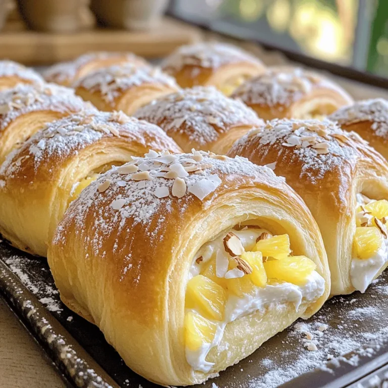 To make this tasty treat, you need these key ingredients: - 1 package of King's Hawaiian Sweet Rolls (12 rolls) - 8 oz cream cheese, softened to room temperature - 1/2 cup powdered sugar - 1 teaspoon pure vanilla extract - 1/4 cup sour cream - 1 tablespoon fresh lemon juice - 1/4 cup crushed pineapple, well-drained - 1 egg (for egg wash) - Optional: Sliced almonds or shredded coconut for topping Each ingredient plays a special role. The King's Hawaiian Sweet Rolls bring a soft, sweet base. The cream cheese adds creaminess and tang. Powdered sugar sweetens the filling. Vanilla extract gives a warm flavor, while the lemon juice brightens it up. The crushed pineapple adds a fruity twist, making each bite refreshing. If you don’t have an item, here are some swaps: - Cream cheese: Use mascarpone cheese for a richer taste. - Sour cream: Greek yogurt works well and adds protein. - Powdered sugar: Blend granulated sugar until fine for a quick fix. - Fresh lemon juice: Use bottled lemon juice in a pinch. These alternatives can still give you a yummy cheesecake Danish. Try them to see what you like best! You can dress up your Danish with these toppings: - Sliced almonds add a nice crunch. - Shredded coconut brings a tropical feel. - Drizzle with chocolate or caramel sauce for extra sweetness. Feel free to get creative! These toppings can make your Danish even more special. Enjoy experimenting with flavors and textures that excite your taste buds! First, set your oven to 350°F (175°C). This warms it up for baking. Gather all your ingredients. You will need King's Hawaiian Sweet Rolls, cream cheese, powdered sugar, vanilla extract, sour cream, lemon juice, and crushed pineapple. Having everything ready makes the process smooth. In a large bowl, beat 8 oz of softened cream cheese. Use an electric mixer for a smooth texture. Add 1/2 cup powdered sugar, 1 teaspoon vanilla extract, 1/4 cup sour cream, and 1 tablespoon fresh lemon juice. Mix these until they blend well. Finally, fold in 1/4 cup of well-drained crushed pineapple. Make sure it's fluffy and creamy, scraping the bowl sides as you mix. Take the King's Hawaiian Sweet Rolls and gently pull them apart. Flatten each roll a bit with your fingers for a better base. Spoon a generous dollop of the cream cheese filling into each roll's center. Carefully fold the edges over the filling. Pinch the seams to seal them tight. Place the rolls seam side down on a parchment-lined baking sheet. Next, whisk one egg in a small bowl. Brush the tops of your rolls lightly with the egg wash. This helps them turn golden while baking. If you want, sprinkle sliced almonds or shredded coconut on top for extra flavor. Bake your Danish for 18-20 minutes until golden brown and puffy. After baking, let them cool slightly. Enjoy them warm for the best taste! For the full recipe, check the earlier section. To get that perfect puff, start with room-temperature rolls. This helps them rise well. When you flatten the rolls, be gentle. You want to keep some air inside. Make sure to pinch the seams tightly after filling. This keeps the filling from spilling out. Lastly, brush on a good egg wash. It gives a nice golden color. Store any leftover Danish in an airtight container. This keeps them fresh. You can place them in the fridge for up to three days. If you want to keep them longer, freeze them. Just wrap each Danish in plastic wrap and then foil. They will stay good for up to a month. To reheat, preheat your oven to 350°F (175°C). Place the Danish on a baking sheet. Heat them for about 10-12 minutes. This keeps them warm and soft. If you're in a hurry, you can use the microwave. Heat them for about 15-20 seconds. But be careful, as this can make them a bit chewy. {{image_4}} You can mix things up with flavors. Try adding lemon zest for a bright twist. Or, use fresh berries like blueberries or strawberries. These fruits bring a lovely sweetness. You can also swap crushed pineapple for chopped peaches. This gives a different fruity vibe. If you like chocolate, fold in mini chocolate chips. They melt and create rich pockets of flavor. If you need a gluten-free option, use gluten-free sweet rolls. Look for brands that mimic the soft texture of King's Hawaiian rolls. You can also make your own dough using gluten-free flour. Just make sure to add the right binders like xanthan gum. This will help hold the Danish together. The filling can stay the same since cream cheese is naturally gluten-free. Use seasonal fruits to keep things fresh. In the fall, try using pumpkin puree. Mix it into the cream cheese filling with some spices. In winter, add cranberries for a tart kick. As spring comes, fresh strawberries work well. In summer, peaches or cherries would be perfect. These swaps keep your Danish exciting all year round. Each season brings new flavors to explore! To keep your King's Hawaiian Cheesecake Danish fresh, store them in an airtight container. This helps lock in moisture and flavor. You can also wrap each Danish in plastic wrap for extra protection. Make sure to store them in a cool, dry place. Avoid direct sunlight, as it can change the texture. If you want to save some for later, freezing is a great option. First, let the Danish cool completely. Then, wrap them tightly in plastic wrap or aluminum foil. Place them in a freezer-safe bag or container. This prevents freezer burn and keeps them tasting fresh. When you're ready to enjoy, just thaw them in the fridge overnight. When stored properly, your Danish will last about 3 days at room temperature. In the fridge, they can stay fresh for up to a week. If frozen, they can last for about 2 to 3 months. Just remember to check for any signs of spoilage before eating. Enjoy your delicious King's Hawaiian Cheesecake Danish anytime! King's Hawaiian Cheesecake Danish is a sweet treat made using King's Hawaiian Sweet Rolls. It features a creamy filling made from cream cheese, sugar, and pineapple. The rolls get a golden crust while baking, making them soft and delicious. You can enjoy them as breakfast or dessert. Their sweet and tangy flavor pairs well with coffee or tea. I love how simple yet fancy they look on a plate! Yes, you can make these ahead of time! Prepare the filling and the rolls a day before. Store the filled rolls in the fridge, covered tightly. When ready to bake, just take them out and let them sit for about 30 minutes at room temperature. Then, brush with egg wash and bake. This way, you have fresh Danish ready with less stress! You can find King's Hawaiian Sweet Rolls at most grocery stores. They are usually in the bread aisle. If you can't find them there, check the bakery section. You can also order them online from various retailers. Having these rolls on hand makes it easy to whip up this tasty cheesecake Danish whenever you want! In this post, I covered the key ingredients and steps to make a King's Hawaiian Cheesecake Danish. I shared tips for perfecting your puff and storing leftovers. You can even try different flavors to make this treat your own. Remember, creativity is key in the kitchen. Don’t be afraid to experiment with toppings or flavors. Enjoy making this fun and tasty dessert!