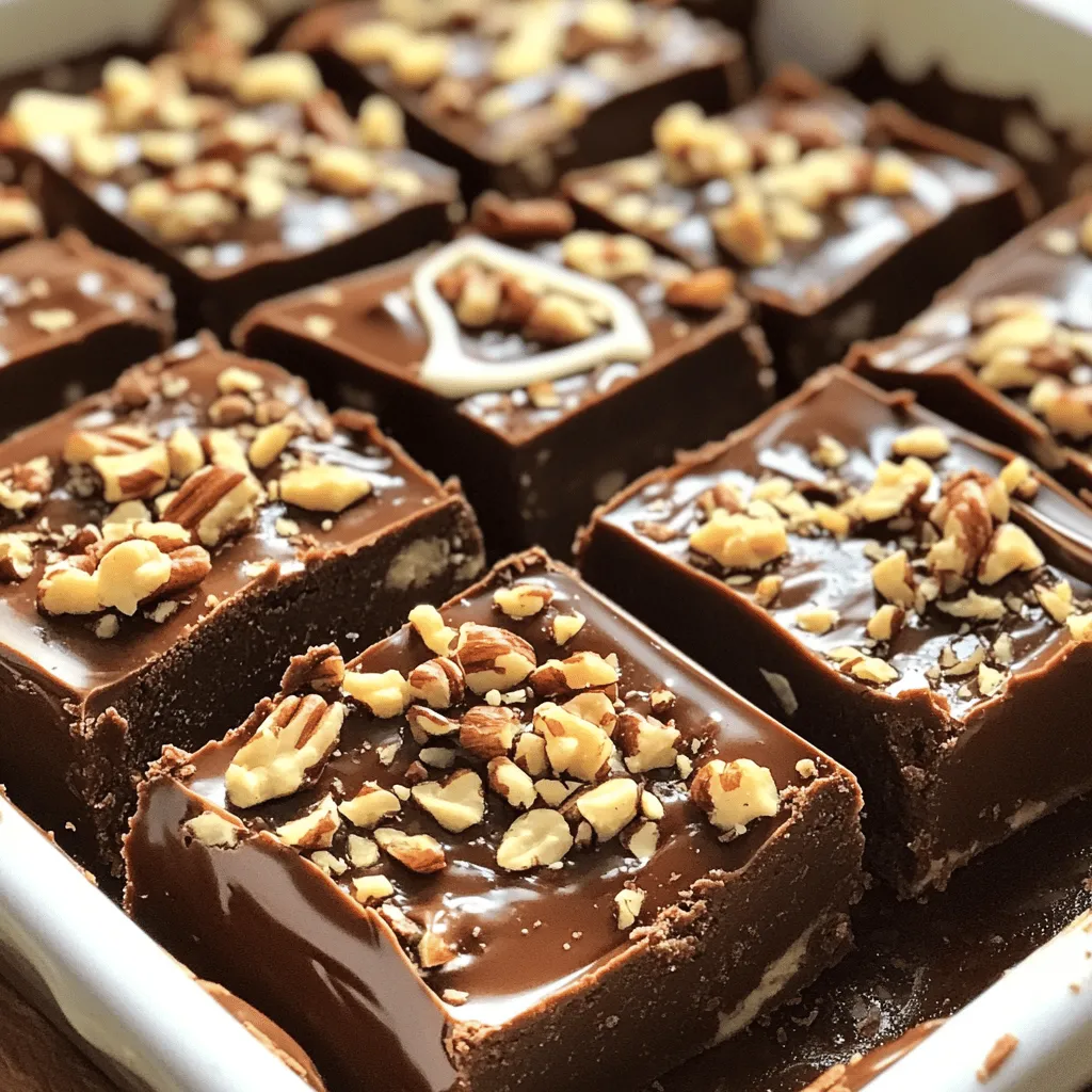 - 2 cups granulated sugar - 1/2 cup unsweetened cocoa powder - 1/2 cup evaporated milk - 1/2 cup unsalted butter - 1 teaspoon vanilla extract - 1 cup Hershey's chocolate chips - 1 cup chopped nuts (optional) - You can use coconut sugar instead of granulated sugar for a different taste. - Dark cocoa powder works well if you want a richer flavor. - For a non-dairy option, use almond or soy milk instead of evaporated milk. - Choose high-quality chocolate chips for the best taste. Look for brands with high cocoa content. - Always use fresh ingredients. This makes a big difference in flavor and texture. 1. Combining dry ingredients: Start by grabbing a medium-sized saucepan. Add 2 cups of granulated sugar and 1/2 cup of unsweetened cocoa powder. Whisk them together until they blend well. Make sure there are no lumps. 2. Heating the mixture correctly: Next, add 1/2 cup of evaporated milk and 1/2 cup of unsalted butter to the dry mix. Place the saucepan over medium heat. Stir constantly as the mixture heats up. You want it to bubble gently and fully dissolve the sugar and cocoa. 3. Boiling and achieving the right texture: When the mixture bubbles, keep stirring and let it boil for exactly 5 minutes. This boiling time is key for getting that perfect fudgy texture. After 5 minutes, take the saucepan off the heat. - Accurate measuring techniques: Use dry measuring cups for the sugar and cocoa powder. Fill them up and level them off with a knife for accuracy. For liquids, use a clear measuring cup. Always check the measurement at eye level. - Tools for effective ingredient blending: A whisk is great for mixing dry ingredients. A heat-safe spatula works best for stirring the mixture. This will help prevent burning and sticking. - Overheating the mixture: If you heat it too much, the fudge may become too hard. Keep the heat medium and watch carefully. - Not stirring enough during the process: Stirring is vital! If you don’t stir, the mixture can burn on the bottom. Keep that spatula moving to ensure even heat. To get that smooth fudge, stir gently yet thoroughly. Use a spatula to scrape the sides of the pan. This helps mix the sugar and cocoa well. For even melting of chocolate, add the Hershey's chocolate chips after removing the pan from heat. The heat from the mix will melt the chips nicely. Stir until smooth, and your fudge will be creamy and rich. Want to switch things up? Try adding mint or espresso for a fun twist. Just add a few drops of mint extract or espresso powder while mixing in the chocolate chips. If you love nuts, feel free to throw in some chopped walnuts or pecans. They add a great crunch and extra flavor to your fudge. Make your fudge look special by drizzling melted white chocolate over the top. It adds a nice touch. You can also sprinkle some flaky sea salt for a sweet-salty balance. For a gift, wrap each fudge square in parchment paper. Tie it with a ribbon for a lovely presentation. It’s a perfect treat for friends and family! {{image_4}} You can change up your Hershey's chocolate fudge in fun ways. One yummy option is peanut butter fudge. To make it, just mix in a cup of creamy peanut butter after you melt the chocolate chips. This adds a rich, nutty flavor. You’ll love the creamy texture and sweet taste. Another great twist is mint chocolate fudge. Add a teaspoon of peppermint extract to your fudge mix for a fresh taste. You can also sprinkle crushed mint candies on top. This gives your fudge a nice crunch and a burst of minty flavor. If you follow a vegan diet, you can still enjoy Hershey's fudge. Replace the butter with coconut oil and use non-dairy milk. You can also swap regular chocolate chips for vegan chocolate chips. This keeps the fudge rich and creamy without dairy. For those watching sugar intake, try a sugar-free fudge option. Use sugar substitutes that measure like sugar, such as erythritol or monk fruit sweetener. This allows you to enjoy the fudge without added sugar. You can make your fudge match the seasons too! For the holidays, add festive colors. Swirl in red and green food coloring for a fun look. You can also mix in holiday-themed candies like crushed candy canes for a seasonal twist. For special occasions, consider customizing your fudge. Add nuts, dried fruits, or even sprinkles to celebrate birthdays or anniversaries. You can make it unique for every event! Feel free to explore these variations. They can keep your fudge exciting and fun. Check out the Full Recipe for the base that you can customize! To keep your Hershey’s chocolate fudge fresh, store it at room temperature. The best place is in a cool, dark spot, away from sunlight. This helps maintain its texture and flavor. Use an airtight container to block moisture. Wrapping the fudge in plastic wrap works too, but a container is better for keeping it soft and tasty. You can freeze fudge to make it last longer. Cut it into squares and wrap each piece in plastic wrap. Then, place the wrapped fudge in a freezer bag. It can last up to three months in the freezer. When you want to enjoy it, thaw it in the fridge overnight. For a quick fix, you can also microwave it for 10-15 seconds. This helps it regain its soft texture. Check for changes in color or texture. If the fudge looks dry or crumbly, it may not taste good. Also, if you see any mold, throw it away. Always use your nose; if it smells off, don't eat it. When in doubt, it's best to be safe and discard it. You can tell when your fudge is done by observing the boiling mixture. Look for thick bubbles that form on the surface. The mixture should have a glossy look. When it reaches this stage, it's time to start your timer! This means the sugar has melted just right. Yes, you can make this fudge ahead of time! Store the fudge in an airtight container. It will stay fresh for about one week at room temperature. For longer storage, put it in the fridge. Just make sure to let it cool completely first. You can find pre-made Hershey’s chocolate fudge at many local stores. Check the candy aisle or the dessert section. Online retailers like Amazon also offer a variety of options. This is great if you want to enjoy fudge without the fuss of making it. Yes, you can make a dairy-free version of Hershey’s fudge! Simply swap the butter for a plant-based butter. For the evaporated milk, use a dairy-free alternative like coconut milk or almond milk. This way, everyone can enjoy a tasty treat! Making fudge is fun and easy. We covered the key ingredients, substitutions, and tips. Accurate measurements and proper heating are vital for the perfect texture. Don’t forget to try variations like peanut butter or mint chocolate fudge. Proper storage keeps it fresh longer. With these tips, you can create tasty treats for yourself or as gifts. Enjoy your fudge-making journey!