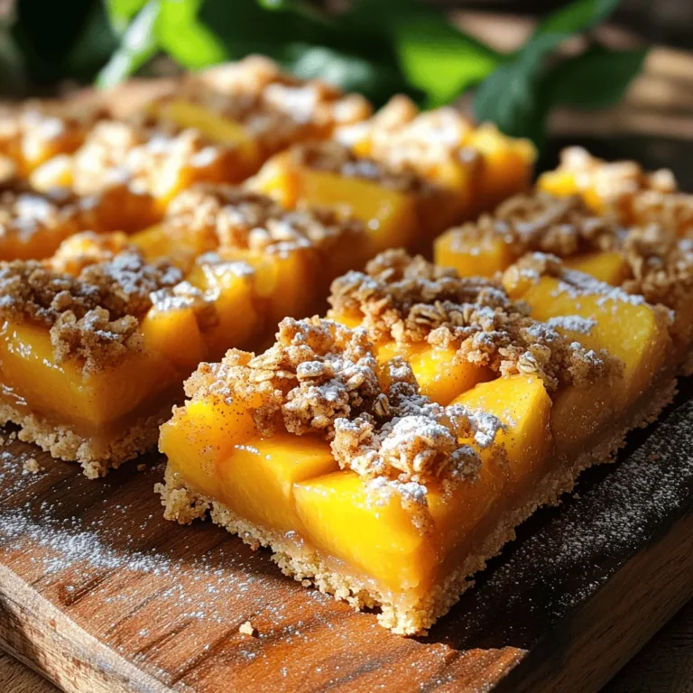 To make Heavenly Peach Bars, gather these fresh and simple ingredients: - 2 cups fresh peaches, peeled and diced - 1 cup all-purpose flour - 1 cup rolled oats - 1/2 cup packed brown sugar - 1/4 cup granulated sugar - 1/2 cup unsalted butter, melted - 1 teaspoon pure vanilla extract - 1 teaspoon baking powder - 1/4 teaspoon sea salt - 1/2 teaspoon ground cinnamon - Zest of 1 fresh lemon - 1 tablespoon freshly squeezed lemon juice Fresh peaches are key. They give the bars their sweet and juicy flavor. I love using ripe, yellow peaches for the best taste. The oats and flour create a nice base. The sugars add sweetness, while butter brings richness. Flavorings like vanilla, cinnamon, and lemon zest brighten every bite. The lemon juice helps keep the peaches fresh and adds a zing. Using these ingredients makes my Heavenly Peach Bars truly special. For more details, refer to the Full Recipe. First, preheat your oven to 350°F (175°C). This step is key for even baking. Next, grab an 8-inch square baking pan. Lightly grease it or line it with parchment paper. This helps with easy removal later. Now, take your fresh peaches. Dice them into small pieces. In a medium bowl, add the diced peaches to some lemon juice. Toss gently until the peaches are well coated. Let them marinate for a few minutes. This brings out their sweet flavor. In a large bowl, mix the dry ingredients. Combine all-purpose flour, rolled oats, brown sugar, granulated sugar, baking powder, sea salt, and ground cinnamon. Use a whisk to blend everything well. Add in the lemon zest for a bright kick. Melt some unsalted butter in the microwave or on the stove. Pour the melted butter and pure vanilla extract into your dry mix. Stir until you get a crumbly texture. Set aside about 1 cup of this mix for the topping later. Take the remaining mixture and press it into the bottom of your baking pan. This forms a nice, firm crust. Next, layer the marinated peach pieces evenly over the crust. Make sure every slice gets some peach goodness. Crumble the reserved topping over the peaches to add texture and flavor. Put your baking pan in the preheated oven. Bake for 30 to 35 minutes. The topping should turn a lovely golden brown, and the peach filling will bubble up. Once done, let the bars cool in the pan for at least 20 minutes. This cooling helps them hold their shape when you slice them. To make the best Heavenly Peach Bars, choose ripe, sweet peaches. Varieties like Freestone peaches are ideal. They are easy to slice and have great flavor. Look for peaches with a firm feel and a sweet scent. If you can, buy them at local markets. This way, you get fresher fruit. Their flavor shines in your bars. Getting that perfect crumbly topping is key. Use cold butter when you mix. This creates a nice, flaky texture. You want to mix the butter until it's in small pieces. Don't overmix; it should look like coarse crumbs. This will give you a great crunch on top of the peach filling. Serve your Heavenly Peach Bars warm or at room temp. They taste great either way! For a fun touch, dust them with powdered sugar. Add fresh mint leaves on top for color and flavor. These little details make a big difference. Your friends and family will love this summer treat! {{image_4}} You can switch up the flavor of Heavenly Peach Bars by adding other fruits or nuts. For example, try using ripe berries like blueberries or raspberries. These berries mix well with peaches and add a nice tartness. If you like nuts, chopped walnuts or pecans can give a great crunch. They add depth to the texture and flavor. If you need a gluten-free crust, you can use alternative flours. Almond flour or coconut flour works well in this recipe. Both flours add unique flavors and keep the bars moist. Just remember, using different flours may change the texture. So, adjust the liquid in the recipe if needed. To make these bars vegan, you can swap out some key ingredients. Use coconut oil instead of butter. For the eggs, try using flax eggs. Mix 1 tablespoon of ground flaxseed with 2.5 tablespoons of water for each egg. This will help bind the bars without using eggs. You can also choose plant-based sugars to keep it vegan-friendly. These variations keep your Heavenly Peach Bars fun and exciting while meeting different dietary needs. To keep your Heavenly Peach Bars fresh, store them in the fridge. Place the bars in an airtight container. This helps them stay soft and tasty. They will last up to five days in the fridge. If you have a lot left, cut them into individual portions. This makes it easy to grab one for a snack. Freezing is a great way to save your bars for later. First, let the bars cool completely. Next, wrap each bar in plastic wrap. Then, place them in a freezer-safe bag or container. Be sure to label the bag with the date. They can stay fresh for up to three months in the freezer. When you’re ready to enjoy them, just thaw them in the fridge overnight. To reheat your Heavenly Peach Bars, preheat your oven to 350°F (175°C). Place the bars on a baking sheet. Cover them with foil to keep them moist. Heat for about 10-15 minutes. This will help the bars stay soft and warm. You can also microwave them for about 20-30 seconds. Just be careful not to overheat, or they may become tough. Yes, you can use canned peaches. Drain them well to remove excess juice. This helps keep the bars from getting too soggy. Canned peaches are a great option if fresh ones are not available. Choose peaches packed in juice or water for the best flavor. Look for a golden-brown topping. The edges should pull away from the pan slightly. You can also check the center; it should look set and not jiggly. A toothpick inserted into the bars should come out clean or with just a few crumbs attached. Yes, you can double the recipe! Use a larger baking pan, like a 9x13-inch one. Just watch the baking time, as it may take longer. Check for doneness by looking for that golden color and checking the center. For the complete details on how to make these delicious Heavenly Peach Bars, check out the Full Recipe. In this article, I covered how to make delicious Heavenly Peach Bars. We went through the key ingredients, simple steps, and helpful tips to ensure your bars taste great. Remember to choose the best peaches for flavor and try out fun variations. You can even customize for vegan or gluten-free diets. Follow proper storage to enjoy them later. Now, you have all you need to bake these tasty bars. Enjoy every bite!