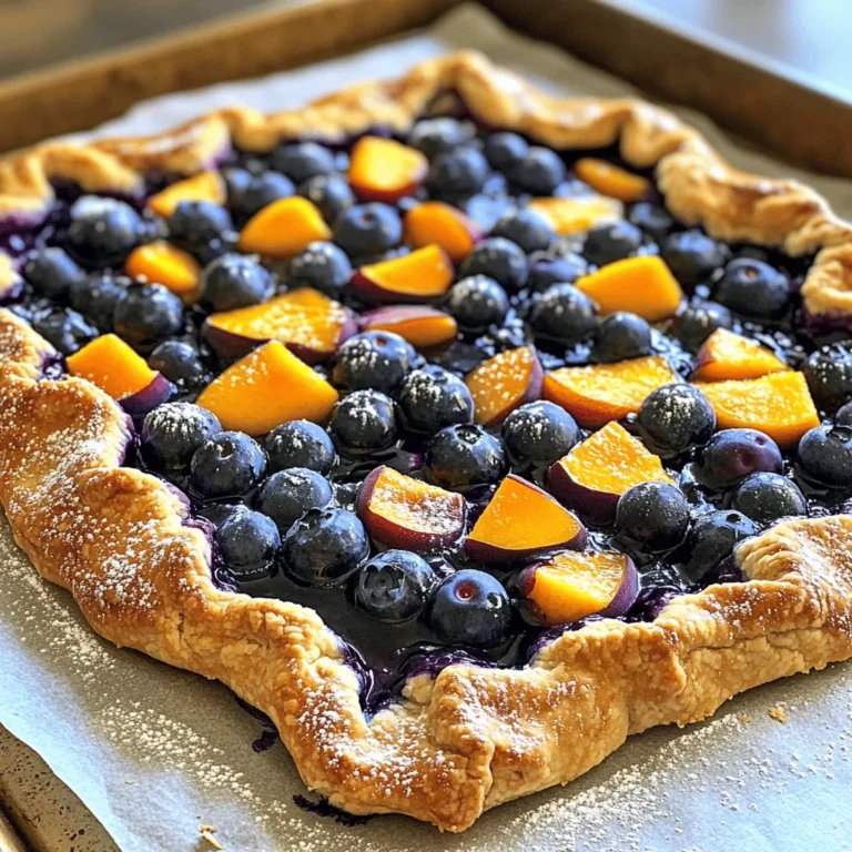 To make a tasty Blueberry Peach Crostata, you’ll need a few simple ingredients. Here’s what to gather: - 1 cup fresh blueberries - 2 ripe peaches, diced (about 2 cups) - 1/4 cup granulated sugar - 1 tablespoon freshly squeezed lemon juice - 1 tablespoon cornstarch - 1 teaspoon pure vanilla extract - 1 pre-made pie crust (or homemade for an artisanal touch) - 1 egg, beaten (for gloss and color) - 1 tablespoon unsalted butter, cut into small pieces - A pinch of fine sea salt - Optional: powdered sugar for a final dusting Each ingredient plays a key role in the taste and texture of the crostata. The fresh blueberries and peaches bring sweetness and juiciness. The sugar enhances their natural flavors, while lemon juice adds a bright zing. Cornstarch helps thicken the filling, keeping it from getting too runny. Using vanilla extract adds depth to the fruit, and a pinch of sea salt balances the sweetness. For the crust, you can choose a pre-made option for ease or whip up your own for that homemade touch. The beaten egg gives the edges a lovely golden color, while unsalted butter adds richness. Don’t forget the powdered sugar for a sweet finish on top! Ready to gather these ingredients? You can find the full details in the [Full Recipe]. 1. Preheat the Oven: Start by heating your oven to 375°F (190°C). This step ensures the crostata cooks evenly. 2. Prepare the Baking Sheet: Line a baking sheet with parchment paper. This helps with easy cleanup later. 3. Prepare the Fruit Filling: In a bowl, mix fresh blueberries and diced peaches. Add granulated sugar, lemon juice, cornstarch, vanilla extract, and a pinch of sea salt. Toss gently. Let this mixture rest for about 10 minutes. This helps the flavors blend. 4. Roll Out the Pie Crust: Roll out your pie crust on a floured surface. Aim for a circle about 12 inches wide. If you use a store-bought crust, make sure it is cold for easy handling. 1. Shape the Crostata: Place the rolled crust on your baking sheet. Spoon the fruit mixture into the center, leaving a 2-inch border. 2. Fold the Edges: Carefully fold the crust edges over the filling. Create pleats to give it a rustic look. Make sure some fruit shows at the center. 3. Apply the Egg Wash: Use a pastry brush to coat the crust edges with the beaten egg. This gives it a nice golden color when baked. 4. Dot with Butter: Scatter small pieces of butter over the fruit filling. This adds extra richness during baking. 1. Bake: Place your crostata in the preheated oven. Bake for 30-35 minutes. Look for a golden-brown crust and bubbling filling. 2. Cool Before Serving: Once baked, let the crostata cool on the sheet for 10 minutes. This makes it easier to slice. Dust with powdered sugar if you like, then serve warm or at room temperature. You can find the Full Recipe for more detailed steps and tips. Enjoy your delicious Blueberry Peach Crostata! To create the best crust, start with cold ingredients. This helps the crust stay flaky. Use your fingers to mix the butter into the flour until it looks like coarse crumbs. Do not overwork the dough; handle it gently. Balancing sweetness and acidity is key. Blueberries are sweet, while peaches add a nice tang. Use lemon juice to brighten the flavors. Taste your filling before baking. If it seems too sweet, add a tiny bit of salt. This will balance the flavors better. For a beautiful display, serve slices on a rustic wooden board. Garnish with fresh mint leaves for color. You can also dust the top with powdered sugar for a nice finish. Pair your crostata with a scoop of vanilla ice cream or a dollop of whipped cream. The cold creaminess goes perfectly with the warm fruit filling. You can also try it with a drizzle of honey for an extra touch. If your crust is too soggy, it may need more time in the oven. Check the bottom of the crust to see if it is golden brown. You can also try baking it a few minutes longer. To avoid over-baking, keep an eye on the crostata as it cooks. The crust should be golden and the filling should bubble. If you notice it browning too quickly, cover it lightly with foil. This will help protect it while it finishes baking. For the full recipe, visit the link. {{image_4}} You can switch up the fruits in your crostata. For a fun twist, try using apricots or cherries. Both fruits bring a unique taste. They also pair well with blueberries and peaches. If you need a gluten-free option, use almond flour or a gluten-free pie crust. This keeps your dessert delicious and safe for gluten-sensitive friends. Want to add some extra flavor? Sprinkle in some cinnamon or nutmeg. These spices add warmth and depth to the filling. You can also try fresh herbs like basil or mint. They give a fresh twist that brightens the fruit flavors. When it comes to serving, think outside the box. A drizzle of homemade caramel sauce or a scoop of creamy vanilla ice cream works wonders. For special occasions, serve slices on a beautiful platter. Add fresh mint leaves for color and aroma. Your guests will love the visual and tasty touch! For the complete recipe, check out the Full Recipe section. To keep your blueberry peach crostata fresh, store it in the fridge. First, let it cool completely. Then, cover it with plastic wrap or place it in an airtight container. This helps keep the crust crispy and the filling juicy. You can enjoy it for up to three days. If you want to save it for longer, freezing is a great option. Wrap the crostata tightly in plastic wrap, then in aluminum foil. This method helps prevent freezer burn. You can freeze it for up to three months. When you're ready to eat it, just thaw it in the fridge overnight. To reheat the crostata, the oven is your best friend. Preheat it to 350°F (175°C). Place the crostata on a baking sheet and warm it for about 10-15 minutes. This method keeps the crust nice and flaky. If you want to refresh the flavors, brush a little melted butter on top before reheating. This adds richness and helps the fruit flavors shine. Enjoy your crostata warm for the best taste! Can I make the crostata ahead of time? Yes, you can make the crostata ahead. Prepare the filling and crust separately. Store them in the fridge for a day. When ready, assemble and bake. This keeps the crust fresh. How do I know when the crostata is done baking? Look for a golden brown crust and bubbling filling. A toothpick should slide easily through the crust. If it’s too soft, bake a few more minutes. What’s the difference between a crostata and a galette? A crostata is a rustic pie, often filled with fruit. A galette is similar but usually has a more free-form shape. Both have a flaky crust. They are delicious and easy to make. Can I use frozen fruit in the recipe? Yes, frozen fruit works well. Just thaw and drain excess liquid. This keeps the filling from being too watery. How do I keep the crust from getting soggy? To prevent a soggy crust, sprinkle cornstarch on the bottom before adding fruit. This absorbs extra juices. Bake until the crust is golden for best results. Making the crostata vegan To make a vegan crostata, replace the egg wash with a plant-based milk. Use a vegan pie crust. The filling stays the same, ensuring a tasty dessert. Tips for reducing sugar in the recipe You can cut the sugar by half. Use ripe fruits for natural sweetness. Add a touch of honey or maple syrup if needed. This keeps the flavor balanced and fresh. For the Full Recipe, check the main section. In this post, we covered how to make a delicious fruit crostata with fresh ingredients. You learned about the necessary ingredients, step-by-step instructions, and useful tips for perfecting your dessert. We also explored variations and storage options to extend its life. Now, you’re equipped to create your own stunning crostata. Experiment with flavors and enjoy the praise from family and friends! Your new dessert will impress at any gathering.