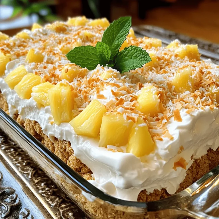 To make a Coconut Icebox Cake, you will need some simple yet tasty ingredients. Here’s what you need: - 1 cup heavy whipping cream - 1/2 cup sweetened condensed milk - 1 teaspoon pure vanilla extract - 1/2 cup shredded sweetened coconut - 12-15 honey graham crackers - 1 cup fresh pineapple, diced - 1/2 cup toasted coconut flakes (for garnish) - Fresh mint leaves (for garnish, optional) These ingredients come together to create a creamy and delightful dessert. The heavy cream gives the cake its rich texture. Sweetened condensed milk adds sweetness and creaminess. The vanilla extract enhances the flavor in a lovely way. Shredded coconut gives it that tropical flair. Honey graham crackers form the base layers and add crunch. Fresh pineapple brings a sweet and tangy burst, and toasted coconut flakes add a nice finish. If you want, fresh mint leaves can add a pop of color and freshness. For the full recipe, check out the detailed instructions provided. Enjoy gathering these ingredients! - Whipping the cream mixture: Start with a medium bowl. Add the heavy whipping cream, sweetened condensed milk, and vanilla extract. Use an electric mixer to whip this mix on medium-high speed. It takes about 3-4 minutes to get stiff peaks. The cream should hold its shape when you lift the beaters. - Folding in shredded coconut: Once your cream is ready, use a spatula to fold in the shredded coconut. Be gentle here. You want to keep that airy texture. Mix until the coconut is spread evenly throughout the cream. - Layering the graham crackers: Grab a 9x9 inch baking dish. Place honey graham crackers on the bottom. Make sure they cover the entire surface. If needed, break some crackers to fit snugly. - Adding coconut cream and pineapple layers: Spread about one-third of your coconut whipped cream on top of the graham crackers. Then, add diced fresh pineapple evenly over the cream. This ensures every bite is sweet and fruity. Repeat this layering process twice. You should have two layers of graham crackers, two layers of cream, and two layers of pineapple. Finish with a final layer of the coconut whipped cream on top. - Completing layers of ingredients: Once all layers are in place, cover the baking dish tightly. Use plastic wrap to keep air out. - Covering and chilling the cake: Place the covered dish in the refrigerator. Chill it for at least 4 hours. Overnight is best! This time helps the flavors blend and the graham crackers to soften. - Garnishing with toasted coconut and mint: Before serving, sprinkle toasted coconut flakes on top. They add a nice crunch and flavor. If you want, add fresh mint leaves for color and taste. - Presentation tips: Serve slices on chilled dessert plates. A drizzle of extra pineapple juice can add a nice touch too. For the full recipe, look at the section above! To get the best coconut icebox cake, focus on the whipped cream. Use cold heavy cream for better results. Whip it until it forms stiff peaks, but don't overwhip. Overwhipping makes the cream grainy and hard. When layering, spread each layer evenly. Start with graham crackers, then add the whipped cream and pineapple. Make sure to cover every corner. This way, each slice will have a perfect mix of flavors. One common mistake is overwhipping the cream. It changes the texture and ruins the cake. Stop whipping once you see stiff peaks. Another mistake is not chilling the cake long enough. Chill it for at least four hours, but overnight is best. This helps the flavors blend and the graham crackers soften. A well-chilled cake is key to a tasty dessert! {{image_4}} You can change the flavor of Coconut Icebox Cake easily. Adding different fruits can give your cake a fresh twist. Try using mango or berries. These fruits add brightness and a new taste. You can also switch out the coconut. For a rich, chocolatey version, use chocolate pudding or shaved chocolate instead. This makes a fun dessert for chocolate lovers. If you need gluten-free options, use different cookies. Almond flour cookies work well as a substitute for graham crackers. They give a nice crunch and taste. For those who want vegan options, you can replace heavy cream. Use coconut cream or a vegan whipped topping. This keeps the cake creamy without dairy. These swaps let everyone enjoy this dessert, no matter their diet. To keep your Coconut Icebox Cake fresh, store it tightly covered. Use plastic wrap or a lid. This prevents it from absorbing smells from your fridge. Your cake will stay good in the refrigerator for about 3 to 5 days. Yes, you can freeze Coconut Icebox Cake. Wrap it well in plastic wrap and then in foil. This helps keep it from getting freezer burn. When you want to enjoy it, thaw the cake in the fridge overnight. After thawing, slice and serve it cold. The flavors will still be tasty! Enjoy the soft, sweet layers just like fresh. Coconut Icebox Cake is a no-bake dessert that is creamy and sweet. It uses layers of whipped cream and graham crackers. This dish has roots in the early 20th century when icebox desserts became popular. Families would make them to enjoy during warm months. The cake is easy to prepare and is often a hit at gatherings. Yes, you can make it ahead of time. In fact, it tastes better if it sits overnight. To pre-prepare, follow the steps in the Full Recipe. After layering, cover the dish tightly. Refrigerate for at least four hours or overnight. This time allows the flavors to mix well and the texture to soften. Your Coconut Icebox Cake is ready when it feels firm to the touch. The graham crackers should be soft but not mushy. Look for the whipped cream to hold its shape. If it has set well, you can slice it easily. When you serve it, the layers should stay intact, making it look beautiful. This Coconut Icebox Cake combines simple ingredients for a delightful treat. You learned how to prepare each layer, ensuring great texture by folding the whipped cream carefully. Avoid common mistakes like overwhipping. Remember, variations add fun, so try different fruits or dietary swaps. Store leftovers properly to enjoy later, and don’t hesitate to make it ahead of time. This cake is perfect for gatherings and can impress any guest. Enjoy making this easy dessert that is sure to delight!