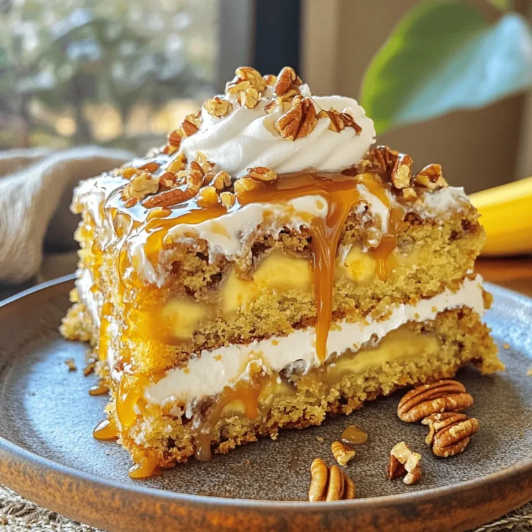 To make the Caramel Banana Pecan Cake, you'll need: - 3 ripe bananas, well-mashed - 1 cup granulated sugar - 1/2 cup unsalted butter, softened to room temperature - 2 large eggs, at room temperature - 1 teaspoon pure vanilla extract - 1 1/2 cups all-purpose flour - 1 teaspoon baking powder - 1/2 teaspoon baking soda - 1/4 teaspoon fine sea salt - 1/2 cup buttermilk, at room temperature - 1 cup pecans, roughly chopped - 1 cup caramel sauce, either store-bought or homemade You can swap some ingredients based on what you have: - Bananas: Use applesauce in equal parts for a lower-calorie option. - Butter: Coconut oil works well if you want a dairy-free cake. - Buttermilk: Mix milk with a splash of vinegar or lemon juice for a simple substitute. - Pecans: Walnuts or almonds can replace pecans if needed. Fresh ingredients make a big difference in flavor. Use ripe bananas for the best taste. Check that your baking powder and baking soda are fresh. Old leavening agents can lead to a flat cake. Store your pecans in the fridge to keep them crunchy. Always use room temperature eggs and butter for a smooth batter. These small details help create a moist and tasty cake. 1. Preheat your oven to 350°F (175°C). Grease a 9-inch round cake pan with butter. Dust it with flour to help the cake release easily. 2. In a large bowl, mix the softened butter and sugar. Use an electric mixer on medium speed until it is light and fluffy. This takes about 3-5 minutes. 3. Add the eggs one at a time to the creamed mixture. Mix well after each egg. Then, add the vanilla extract and the well-mashed bananas. Blend until just combined. 4. In another bowl, whisk together the flour, baking powder, baking soda, and salt. This helps to combine the dry ingredients evenly. 5. Gradually mix the dry ingredients into the wet mixture. Alternate with the buttermilk. Start and end with the dry mix. Be gentle to keep the cake soft. 6. Fold in the chopped pecans. Ensure they are evenly spread through the batter without mixing too much. 7. Pour the batter into the prepared cake pan. Use a spatula to smooth the top. 8. Bake the cake for 30-35 minutes. Check if it is done by inserting a toothpick. It should come out clean or with a few crumbs. 9. After baking, let the cake cool in the pan for 10 minutes. Then, transfer it to a wire rack to cool completely. 10. Once cool, drizzle the caramel sauce over the top of the cake. For a nice touch, sprinkle more chopped pecans on top. - Use ripe bananas for the best flavor. - Make sure your butter is soft for easy mixing. - Do not overmix the batter. This keeps the cake light. - Test for doneness by checking the center with a toothpick. - Allow the cake to cool completely before serving. - Drizzle more caramel sauce and add whipped cream for extra delight. - Serve on individual plates for a nice presentation. Enjoy every bite! You can find the full recipe for Caramel Banana Pecan Cake in the earlier section. To get the best flavor from your cake, use ripe bananas. The riper they are, the sweeter and more flavorful your cake will be. Choose bananas with lots of brown spots for maximum sweetness. Also, use fresh pecans. Toast them lightly in a pan to bring out their nutty flavor. This extra step adds depth to your cake. One common mistake is overmixing the batter. Mix just until the wet and dry ingredients blend. Overmixing will make your cake tough. Another mistake is skipping the cooling step. If you cut the cake too soon, it may fall apart. Allow it to cool fully before slicing for better structure. For decoration, drizzle caramel sauce on top just before serving. You can add a sprinkle of chopped pecans for crunch. A dollop of whipped cream beside each slice adds a nice touch. For a pop of color, place a mint leaf on top. These small details make your cake look and taste more special. Enjoy crafting this delightful treat! {{image_4}} You can switch pecans for walnuts or almonds. These nuts add a different crunch and flavor. Walnuts give a rich, earthy taste. Almonds bring a light, sweet note. Use the same amount as the recipe calls for. Feel free to experiment and find your favorite! For more fruity goodness, add blueberries or chopped apples. Blueberries add a burst of juiciness. Apples give a crisp texture and sweet flavor. You can also mix in spices like cinnamon or nutmeg for warmth. A little zest from lemon or orange brightens the cake too! To make this cake gluten-free, swap all-purpose flour with a gluten-free blend. Look for one that contains xanthan gum for the best texture. You can also use almond flour, but note that it may change the cake's density. Adjust the baking time as needed, and enjoy a deliciously different cake! To store leftovers, wait until the cake cools. Wrap it tightly in plastic wrap or foil. Place it in an airtight container. Store it at room temperature for up to three days. If you need it to last longer, refrigeration is a good option. Just be sure to wrap it well to prevent drying out. Freezing this cake is easy. First, let it cool completely. Then, slice it into pieces. Wrap each slice in plastic wrap tightly. Place the wrapped slices in a freezer-safe bag. You can freeze them for up to three months. When you're ready to enjoy, just thaw at room temperature or in the fridge overnight. To reheat the cake, use the microwave or the oven. If using the microwave, warm a slice for about 15 to 20 seconds. Check to avoid overheating. For the oven, preheat it to 350°F (175°C). Place the slice on a baking sheet and warm it for about 10 minutes. This method keeps it moist and delicious. Enjoy your treat warm, and don't forget to add a drizzle of caramel on top! To make the cake more moist, use very ripe bananas. The riper the banana, the more moisture it adds. You can also add a bit more buttermilk to the batter. If you like, try adding a spoon of sour cream or yogurt. These options give extra creaminess and help keep the cake soft. Remember not to overbake it; this can dry it out. Check the cake a few minutes before the timer goes off. Yes, you can use different nuts in this cake. Walnuts or almonds make great swaps if you don't have pecans. They add a nice crunch and flavor. Just chop them roughly, like you would with pecans. If you're allergic to nuts, try using seeds like sunflower seeds or pumpkin seeds for a similar texture. You can also skip the nuts altogether if you prefer a nut-free cake. This cake pairs well with many tasty sides. A dollop of whipped cream adds lightness and creaminess. Vanilla ice cream is another great match; the warm cake and cold ice cream create a lovely contrast. Fresh fruit, like sliced strawberries or blueberries, brings a fresh touch. For a special treat, drizzle more caramel sauce on top for extra sweetness. You can find the full recipe for Caramel Banana Pecan Cake earlier in this article. It gives all the steps and ingredients you need to bake this sweet treat at home. Enjoy experimenting with it! This blog post covered all you need for a great Caramel Banana Pecan Cake. We explored the key ingredients, providing options for freshness and substitutions. Step-by-step instructions helped simplify the baking process. I shared tips to enhance flavor and avoid common mistakes. Don't forget to check out variations for added creativity. In the end, baking is fun and rewarding. With the right tips, you'll impress everyone with your cake. Enjoy the process and savor each bite!
