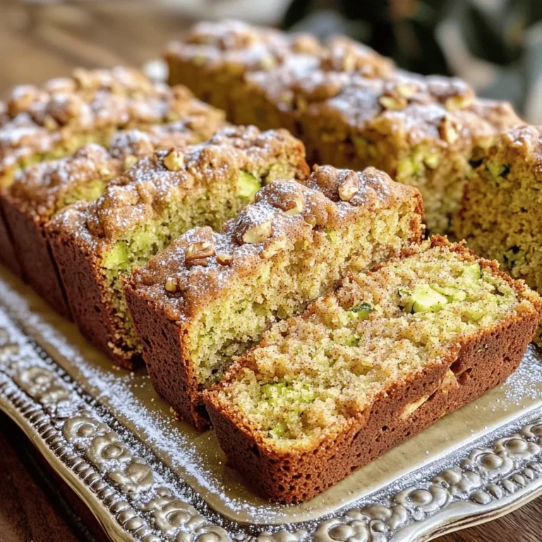 - 1 ½ cups grated zucchini - 1 ½ cups all-purpose flour - 1 cup granulated sugar - ½ cup packed brown sugar - 1 teaspoon baking soda - ½ teaspoon baking powder - 1 teaspoon ground cinnamon - ¼ teaspoon ground nutmeg - ½ teaspoon salt - 2 large eggs, at room temperature - ½ cup vegetable oil - 1 teaspoon vanilla extract - ½ cup chopped walnuts or pecans (optional) - 2 tablespoons granulated sugar (for topping) - 1 teaspoon ground cinnamon (for topping) You need fresh ingredients for the best flavor. Zucchini adds moisture to the bread. I like using medium-sized zucchini, about one will do. Make sure to grate it well. Use good-quality flour to give the bread a nice rise. The sugars create a sweet balance. Granulated and brown sugar work great together. Baking soda and baking powder help the bread rise. Spices like cinnamon and nutmeg add warmth. Don’t skip the salt; it enhances all the flavors. Room temperature eggs mix better and help with rising. Vegetable oil keeps the bread moist. Vanilla extract adds a lovely depth. If you want a crunch, add walnuts or pecans. The topping of sugar and cinnamon gives a sweet crust. You can find the Full Recipe for step-by-step guidance. Get ready to bake! - Preheat the oven to 350°F (175°C). - Prepare the loaf pan by greasing it or lining it with parchment paper. This helps with easy removal later. - Grate 1 medium zucchini until you have about 1 ½ cups. - Place the grated zucchini in a clean kitchen towel. - Wring it out to remove excess moisture. Set it aside to dry. - In a large bowl, combine these dry ingredients: - 1 ½ cups all-purpose flour - 1 cup granulated sugar - ½ cup packed brown sugar - 1 teaspoon baking soda - ½ teaspoon baking powder - 1 teaspoon ground cinnamon - ¼ teaspoon ground nutmeg - ½ teaspoon salt - Whisk everything together until well mixed. This ensures no lumps remain. - In another bowl, crack 2 large eggs and beat them lightly. - Add ½ cup vegetable oil and 1 teaspoon vanilla extract to the eggs. - Mix until everything is well blended. - Pour the egg mixture into the dry ingredients. - Stir gently with a spatula until just combined. - A few lumps are okay; do not over-mix. - Fold in the drained zucchini and ½ cup chopped walnuts or pecans if you choose to use them. - Transfer the batter into the prepared loaf pan. - Smooth the top with a spatula. - In a small bowl, mix 2 tablespoons of granulated sugar with 1 teaspoon of cinnamon for the topping. - Evenly sprinkle this mixture over the batter. - Bake in the preheated oven for 60-65 minutes. - The bread is done when a toothpick inserted in the center comes out clean or with a few moist crumbs. - Let the bread cool in the pan for about 10 minutes. - Carefully remove it from the pan and cool completely on a wire rack. For the full recipe, refer to the earlier section. To avoid a soggy texture in your Snickerdoodle Zucchini Bread, you must remove excess moisture from the zucchini. After grating, place the zucchini in a clean kitchen towel. Squeeze it tightly to extract as much water as possible. This simple step makes a big difference! Ensuring even baking is also key. Make sure to preheat your oven fully before putting in the bread. Use an oven thermometer if needed. This helps your bread cook evenly and rise properly. You can add spices to boost flavor. Try a pinch of ginger or some allspice. These spices can add warmth and depth to your bread. For alternative toppings, consider using chopped nuts or even a drizzle of glaze. Chopped pecans or walnuts give a nice crunch. You could also sprinkle some chocolate chips on top for fun! One common mistake is over-mixing the batter. When you combine your wet and dry ingredients, mix until just combined. A few lumps are okay. Over-mixing can lead to dense bread. Another mistake is under-preparing the zucchini. If you skip squeezing out the water, your bread may turn out too wet. Always remember to wring out the zucchini well before adding it to the batter. {{image_4}} - Whole wheat flour option: You can swap all-purpose flour for whole wheat flour. This change adds fiber. It also gives the bread a nutty flavor. Use the same amount, but the bread may be denser. - Reducing sugar content: Cut down the granulated sugar by ¼ cup. This change still keeps the bread sweet. You can also use a sugar substitute like stevia or monk fruit. - Adding chocolate chips or cinnamon chips: Chocolate chips add a rich taste to the bread. Mix in about ½ cup. If you love cinnamon, use cinnamon chips instead. They blend well with the snickerdoodle flavor. - Incorporating different nuts or fruits: Try adding pecans or walnuts for crunch. You can also mix in dried fruits like raisins or cranberries. These additions give the bread a tasty twist. - Pumpkin spice version for fall: For a cozy feel, add 1 teaspoon of pumpkin spice. This spice captures the essence of fall. It pairs well with zucchini and cinnamon. - Lemon zest addition for a refreshing touch: Add 1 tablespoon of lemon zest for brightness. This twist makes the bread lighter and fresh. The citrus flavor contrasts nicely with the sweetness. You can find the full recipe in the earlier section. Enjoy trying these fun variations! To keep your Snickerdoodle Zucchini Bread fresh, wrap it well. Use plastic wrap or aluminum foil. This keeps the bread moist and soft. Store it at room temperature for up to three days. If you live in a humid area, consider placing it in an airtight container. This prevents any sogginess. Freezing slices is easy! First, let the bread cool completely. Then, slice it into pieces. Wrap each slice in plastic wrap. Place the wrapped slices in a freezer bag. Squeeze out air to prevent freezer burn. This method keeps your bread fresh for up to three months. When you're ready to eat, take out a slice. Thaw it at room temperature or pop it in the microwave for a few seconds. In the fridge, your Snickerdoodle Zucchini Bread lasts about a week. Check for signs of spoilage like mold or a sour smell. If the bread feels dry or crumbly, it may be past its prime. Discard it if you see any signs of spoilage. Enjoying this bread fresh is always best! To make Snickerdoodle Zucchini Bread, follow these steps: 1. Preheat your oven to 350°F (175°C). Grease a 9x5-inch loaf pan or line it with parchment paper. 2. Grate the zucchini using a box grater. Squeeze the grated zucchini in a clean towel to get rid of excess moisture. 3. Mix dry ingredients in a bowl. Combine 1 ½ cups of flour, 1 cup of granulated sugar, ½ cup of brown sugar, 1 teaspoon of baking soda, ½ teaspoon of baking powder, 1 teaspoon of cinnamon, ¼ teaspoon of nutmeg, and ½ teaspoon of salt. 4. Beat the eggs in another bowl. Add ½ cup of vegetable oil and 1 teaspoon of vanilla extract. Mix until combined. 5. Combine the mixtures. Pour the egg mixture into the dry ingredients. Stir until just combined; lumps are okay. 6. Fold in the zucchini. Add the squeezed zucchini and any nuts, mixing gently. 7. Prepare the topping. Mix 2 tablespoons of sugar and 1 teaspoon of cinnamon in a small bowl. 8. Transfer the batter into the prepared loaf pan and smooth the top. Sprinkle the cinnamon-sugar mixture on top. 9. Bake for 60-65 minutes. Check with a toothpick; it should come out clean. 10. Cool the bread for about 10 minutes in the pan. Then remove it and let it cool on a wire rack. Yes, you can use frozen zucchini. However, you must thaw it and drain any excess water. Frozen zucchini can lose some texture, but it works well in baked goods. The taste remains the same, and it saves prep time. Just ensure to squeeze out as much moisture as possible after thawing. If you want to make this recipe vegan, you can replace each egg with ¼ cup of unsweetened applesauce or ¼ cup of mashed banana. You can also use flax eggs by mixing 1 tablespoon of ground flaxseed with 2.5 tablespoons of water. Let this sit for 5 minutes before adding it to your mix. These substitutes will help bind the ingredients without using eggs. It takes about 60-65 minutes to bake. You know it’s done when a toothpick inserted in the center comes out clean, or with just a few moist crumbs attached. If the top browns too fast, you can tent it with foil. Slice the bread into thick pieces and arrange them on a pretty platter. For a lovely touch, dust the top with powdered sugar before serving. This bread is tasty warm, spread with butter or cream cheese. Enjoy every bite! You’ve learned how to make delicious Snickerdoodle Zucchini Bread from scratch. We detailed the key ingredients, tools needed, and step-by-step instructions. With tips on flavor and storage, you're set to bake a perfect loaf. Remember, the right prep and mixing are crucial. Try adding your own twists to make this recipe unique. Enjoy every slice and feel proud of your baking skills. Now, it’s time to bake and share your creation!