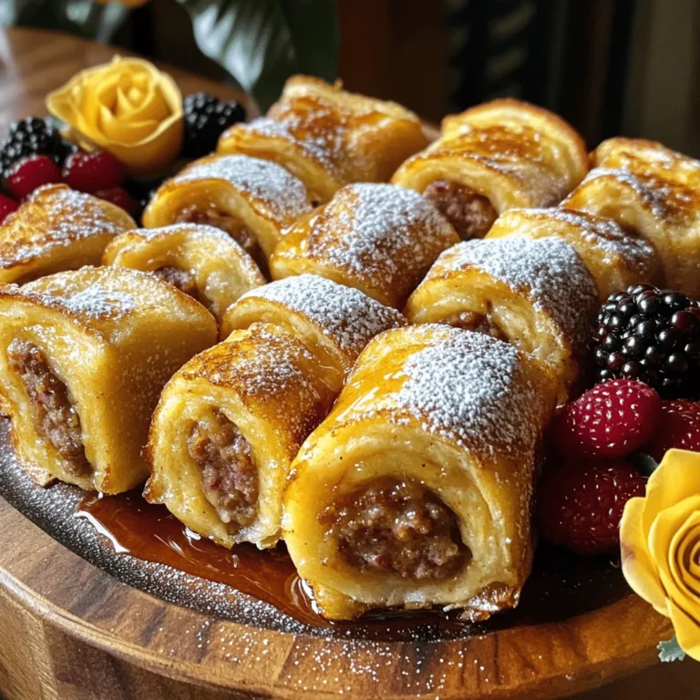 - 6 breakfast sausages (links or patties, cooked and crumbled) - 6 slices of bread (white or whole grain) - 3 large eggs - 1/2 cup whole milk - 1 teaspoon vanilla extract - 1 teaspoon ground cinnamon - 1 tablespoon granulated sugar - Butter (for frying) - Maple syrup (for serving) - Powdered sugar (optional, for dusting) For this recipe, I love using breakfast sausages for a savory kick. You can choose either links or patties based on your preference. The bread is the base for your roll-ups, so pick what you like best, whether it’s fluffy white bread or hearty whole grain. Next, the eggs and milk blend together to create a custard-like mixture. This is key for coating the roll-ups. The vanilla and cinnamon add warmth and sweetness, making every bite delightful. I usually add a tablespoon of sugar to balance the flavors perfectly. Butter is essential for frying the roll-ups. It gives them a golden color and a crispy texture. Finally, maple syrup is a must for serving. It brings everything together with its sweet, rich flavor. You can even dust the roll-ups with powdered sugar for a fun touch. Each ingredient plays a part in making Sausage French Toast Roll-Ups a hit. They are easy to make, fun to eat, and delicious. For the full recipe, check out the detailed instructions! Start by using a sharp knife to trim the crusts off each slice of bread. This step helps the bread roll better. Next, take a rolling pin and gently flatten each slice until it is about 1/4 inch thick. Flattening makes the bread pliable and easy to roll. Now, take about a tablespoon of the crumbled sausage and place it at one end of each flattened bread slice. Firmly roll the bread around the sausage. Tuck in the sides as you roll to make a secure wrap. If needed, use toothpicks to hold the roll-ups in place. Repeat this for all the slices until you have a tasty stack of filled roll-ups. In a medium bowl, crack the eggs. Whisk them with whole milk, vanilla extract, ground cinnamon, and sugar until smooth. In a large skillet, melt a tablespoon of butter over medium heat, ensuring it coats the pan evenly. Carefully dip each roll-up into the egg mixture, covering it well. Place the roll-ups seam-side down in the skillet. Cook them for about 2-3 minutes on each side until golden brown. Once done, remove them from the skillet and put them on a plate. Enjoy these roll-ups with warm maple syrup for a perfect finish. For a special touch, sprinkle a bit of powdered sugar on top. For the complete recipe, check the Full Recipe section. For the best results, heat your skillet to medium. This keeps the roll-ups from burning while cooking. Melt one tablespoon of butter in the pan. The butter should bubble but not smoke. Cook each roll-up for about 2-3 minutes on each side. Look for a golden brown color to know they are done. To avoid sogginess, don't soak the bread too long in the egg mixture. Quickly dip each roll-up before placing it in the skillet. Ensure you roll the bread tightly around the filling. Tuck in the edges to keep the sausage in place. If needed, use toothpicks to help hold the shape. Serve your roll-ups hot for the best taste. Drizzle them with warm maple syrup. For a fun touch, dust them with powdered sugar. You can also add fresh berries for color. Arrange them nicely on a platter to impress your guests. Enjoy this dish for breakfast or brunch! {{image_4}} You can switch up the sausage and bread for fun. Try turkey sausage or plant-based options for a healthier twist. For bread, consider sourdough or even gluten-free bread. Each choice adds a new taste and texture to your roll-ups. Want to add more flavor? Mix in some shredded cheese like cheddar or mozzarella. You can also sprinkle fresh herbs like chives or parsley inside the roll-ups. These additions make the dish even tastier and more exciting. If you need a gluten-free meal, use gluten-free bread. For dairy-free options, swap whole milk with almond or oat milk. You can still enjoy these roll-ups without losing any flavor. These easy swaps help everyone enjoy this fun recipe. To store leftovers, place the roll-ups in an airtight container. Make sure they cool down first. Keep them in the fridge for up to three days. This helps keep the flavors fresh. You can also wrap them in plastic wrap for extra protection. For reheating, use the oven or a skillet. Preheat the oven to 350°F (175°C). Place the roll-ups on a baking sheet and cover them with foil. Heat for about 10-15 minutes. This keeps them warm without drying them out. If using a skillet, add a little butter and warm them on medium heat for a few minutes. This method keeps them crispy and tasty. You can freeze these roll-ups for future meals. First, let them cool completely. Then, wrap each roll-up tightly in plastic wrap. Place them in a freezer-safe bag or container. They can last for up to two months in the freezer. When you're ready to eat, thaw them in the fridge overnight. Reheat them using the oven or skillet as mentioned above. This way, you can enjoy this fun meal anytime! Yes, you can prepare these roll-ups ahead of time. Make the roll-ups and store them in the fridge. This keeps them fresh for up to 24 hours. Just remember to cook them right before you serve. This way, they stay warm and tasty for everyone. I prefer using white or whole grain bread. Both types work well and give a nice texture. White bread is soft and easy to roll. Whole grain adds a bit more flavor and nutrition. You can also try thicker bread, but it may not roll as easily. - General cooking and texture tips The roll-ups are ready when they are golden brown on all sides. You should cook each side for about 2-3 minutes. A crispy texture is key. If they feel firm to touch and have a nice color, they are done. You can also cut one open to check the inside. It should be warm and fully cooked. This blog post shared a fun recipe for Sausage French Toast Roll-Ups. We covered ingredients, step-by-step cooking, and handy tips. You learned about the best ways to serve and store these roll-ups. In the end, this dish is easy to make and tasty. Feel free to experiment with flavors and ingredients. Enjoy cooking and sharing these delicious roll-ups with friends and family. Your breakfast just got a lot more exciting!