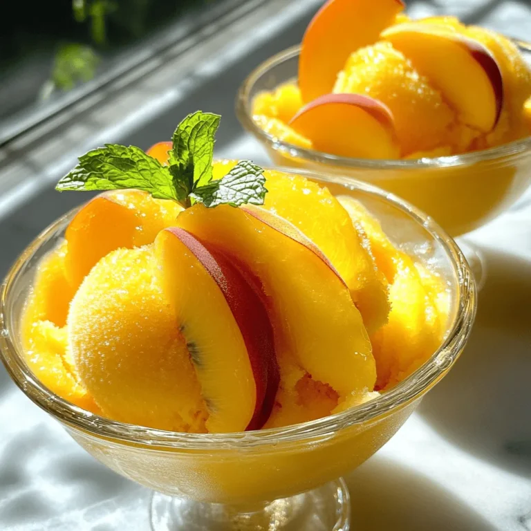 To make a delightful peach sorbet without an ice cream maker, gather these simple ingredients: - Ripe peaches: 4, pitted and chopped - Granulated sugar: 1/2 cup - Lemon juice: 1 tablespoon, freshly squeezed - Vanilla extract: 1 teaspoon, pure - Sea salt: a pinch - Cold water: 1/2 cup Using ripe peaches is key for great flavor. They should be fragrant and slightly soft. Fresh lemon juice brightens the taste, while sugar sweetens the sorbet perfectly. A touch of sea salt enhances all the flavors. When you mix these ingredients, you create a sweet and refreshing treat. This recipe is simple yet effective. You’ll enjoy making it and sharing it with friends and family. If you want more details, check the Full Recipe. - Start by chopping and pitting four ripe peaches. - Make sure the peaches are soft for the best taste. - Next, prepare your blending ingredients. You’ll need sugar, lemon juice, vanilla, salt, and cold water. - Now, combine the chopped peaches with the other ingredients in your blender. - Blend on high until the mix is silky and smooth. - Taste the mixture. If you want it sweeter, add more sugar and blend again. - Pour the peach mixture into a shallow dish. This helps it freeze faster. - Place the dish in the freezer for one hour. - After an hour, use a fork to scrape the mixture. This breaks up ice crystals. - Return it to the freezer and repeat scraping every 30 minutes. - Keep this up for 3-4 hours until your sorbet is fluffy and frozen. - Once ready, let it sit for a few minutes before serving. This makes scooping easier. For a full recipe, check out the Peachy Bliss Sorbet section above. Choose ripe peaches for your sorbet. Ripe peaches have a sweet smell and give slightly when pressed. If it's off-season, frozen peaches work well too. They are often picked at peak ripeness and can save time. Taste your peach mixture before freezing. If it needs more sweetness, add a bit of sugar. Blend it again to mix. You can also add mint or basil for a fun twist. These herbs can bring a fresh taste that pairs well with peaches. For a creamy texture, blend well until smooth. After freezing, scrape the sorbet with a fork every 30 minutes. This breaks up ice crystals and keeps the sorbet fluffy. Repeat this for about 3-4 hours to perfect the texture. {{image_4}} You can mix peaches with other fruits for new flavors. Try adding mango or berries. These fruits pair well with peaches and bring extra taste. Seasonal fruits also work great. In summer, use juicy strawberries. In fall, add ripe pears or apples. This way, you can enjoy sorbet all year long. Want to add a twist? Try infusing your sorbet with herbs or spices. Mint gives a fresh taste. Basil adds a unique depth that surprises the palate. You can also use spices like cinnamon or ginger. A pinch of cinnamon can warm the flavor. Ginger adds a nice zing. Experiment with these flavors to find your favorite mix. Serving peach sorbet can be fun and creative. Try it in cocktails or sparkling drinks. A scoop can add sweetness to a refreshing beverage. You can also serve it alongside cakes or pastries. Pair it with chocolate cake for a rich dessert. For a light snack, enjoy it with fresh fruit. Each serving can be an adventure in taste! To keep your peach sorbet fresh, store it properly. Use a shallow, airtight container. This helps the sorbet freeze evenly. Avoid glass containers, as they may crack in the freezer. Instead, opt for plastic containers or freezer-safe glass jars. The lid must fit tightly to prevent ice crystals from forming. If you need to refreeze it, always scrape the surface first. This breaks up any ice that forms. Homemade peach sorbet lasts about 2 to 3 weeks in the freezer. After that, it may lose flavor and texture. Watch for signs that mean it’s time to toss it. If you see ice crystals or if it becomes very hard, it may not taste good. A change in color or a strange smell are also signs that it’s spoiled. If you notice these changes, it’s best to discard it. If your sorbet gets too hard, don’t worry! You can revive it easily. Take it out of the freezer and let it sit for about 10 minutes. This will soften it a bit. If it’s still too hard, use a fork to scrape it gently. This will help break up any hard bits. You can also blend it again for a creamier texture. Just a quick spin in the blender can restore its original fluffiness. For the full recipe and more details on making peach sorbet without an ice cream maker, check out the Peachy Bliss Sorbet recipe. You can make peach sorbet without an ice cream maker using a simple method. Start by blending ripe peaches, sugar, lemon juice, vanilla extract, sea salt, and cold water together until smooth. Pour this mixture into a shallow dish and freeze. Every 30 minutes, scrape the mixture with a fork to break up ice crystals. Repeat until the sorbet is fluffy and fully frozen. Yes, you can use frozen peaches! They work great in this recipe. Frozen peaches are often picked at their peak ripeness. They add a nice, sweet flavor to your sorbet. Just remember to let them thaw slightly before blending for a smoother texture. If you want a sugar substitute, try honey, agave syrup, or maple syrup. These options can work well, but adjust the amount based on your taste. For a low-calorie choice, you can also use stevia or erythritol. Just be mindful of the sweetness level, as these substitutes vary. You can easily make this sorbet vegan! The original recipe is already plant-based. Just ensure you use vegan-friendly sweeteners like maple syrup. Avoid honey if you want a fully vegan option. Your sorbet will still taste amazing without any animal products. To know when your sorbet is ready, look for a light and fluffy texture. After about 3-4 hours in the freezer, scrape it with a fork. It should be easy to scoop and not too hard. If it feels icy or hard, you may need to scrape it more often. Enjoy your delicious treat once it reaches the right consistency! You now have a simple guide to making homemade peach sorbet. We covered ingredients, preparation, blending, and freezing. I shared tips on selecting peaches and adjusting flavors. You can also explore fun variations to keep things fresh. Remember to store sorbet correctly to keep it tasty. Enjoy your delicious dessert, and don’t be afraid to experiment! With a few easy steps, you can transform ripe peaches into a sweet treat. Dive in and make it today!