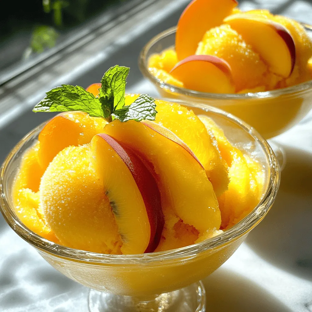 To make a delightful peach sorbet without an ice cream maker, gather these simple ingredients: - Ripe peaches: 4, pitted and chopped - Granulated sugar: 1/2 cup - Lemon juice: 1 tablespoon, freshly squeezed - Vanilla extract: 1 teaspoon, pure - Sea salt: a pinch - Cold water: 1/2 cup Using ripe peaches is key for great flavor. They should be fragrant and slightly soft. Fresh lemon juice brightens the taste, while sugar sweetens the sorbet perfectly. A touch of sea salt enhances all the flavors. When you mix these ingredients, you create a sweet and refreshing treat. This recipe is simple yet effective. You’ll enjoy making it and sharing it with friends and family. If you want more details, check the Full Recipe. - Start by chopping and pitting four ripe peaches. - Make sure the peaches are soft for the best taste. - Next, prepare your blending ingredients. You’ll need sugar, lemon juice, vanilla, salt, and cold water. - Now, combine the chopped peaches with the other ingredients in your blender. - Blend on high until the mix is silky and smooth. - Taste the mixture. If you want it sweeter, add more sugar and blend again. - Pour the peach mixture into a shallow dish. This helps it freeze faster. - Place the dish in the freezer for one hour. - After an hour, use a fork to scrape the mixture. This breaks up ice crystals. - Return it to the freezer and repeat scraping every 30 minutes. - Keep this up for 3-4 hours until your sorbet is fluffy and frozen. - Once ready, let it sit for a few minutes before serving. This makes scooping easier. For a full recipe, check out the Peachy Bliss Sorbet section above. Choose ripe peaches for your sorbet. Ripe peaches have a sweet smell and give slightly when pressed. If it's off-season, frozen peaches work well too. They are often picked at peak ripeness and can save time. Taste your peach mixture before freezing. If it needs more sweetness, add a bit of sugar. Blend it again to mix. You can also add mint or basil for a fun twist. These herbs can bring a fresh taste that pairs well with peaches. For a creamy texture, blend well until smooth. After freezing, scrape the sorbet with a fork every 30 minutes. This breaks up ice crystals and keeps the sorbet fluffy. Repeat this for about 3-4 hours to perfect the texture. {{image_4}} You can mix peaches with other fruits for new flavors. Try adding mango or berries. These fruits pair well with peaches and bring extra taste. Seasonal fruits also work great. In summer, use juicy strawberries. In fall, add ripe pears or apples. This way, you can enjoy sorbet all year long. Want to add a twist? Try infusing your sorbet with herbs or spices. Mint gives a fresh taste. Basil adds a unique depth that surprises the palate. You can also use spices like cinnamon or ginger. A pinch of cinnamon can warm the flavor. Ginger adds a nice zing. Experiment with these flavors to find your favorite mix. Serving peach sorbet can be fun and creative. Try it in cocktails or sparkling drinks. A scoop can add sweetness to a refreshing beverage. You can also serve it alongside cakes or pastries. Pair it with chocolate cake for a rich dessert. For a light snack, enjoy it with fresh fruit. Each serving can be an adventure in taste! To keep your peach sorbet fresh, store it properly. Use a shallow, airtight container. This helps the sorbet freeze evenly. Avoid glass containers, as they may crack in the freezer. Instead, opt for plastic containers or freezer-safe glass jars. The lid must fit tightly to prevent ice crystals from forming. If you need to refreeze it, always scrape the surface first. This breaks up any ice that forms. Homemade peach sorbet lasts about 2 to 3 weeks in the freezer. After that, it may lose flavor and texture. Watch for signs that mean it’s time to toss it. If you see ice crystals or if it becomes very hard, it may not taste good. A change in color or a strange smell are also signs that it’s spoiled. If you notice these changes, it’s best to discard it. If your sorbet gets too hard, don’t worry! You can revive it easily. Take it out of the freezer and let it sit for about 10 minutes. This will soften it a bit. If it’s still too hard, use a fork to scrape it gently. This will help break up any hard bits. You can also blend it again for a creamier texture. Just a quick spin in the blender can restore its original fluffiness. For the full recipe and more details on making peach sorbet without an ice cream maker, check out the Peachy Bliss Sorbet recipe. You can make peach sorbet without an ice cream maker using a simple method. Start by blending ripe peaches, sugar, lemon juice, vanilla extract, sea salt, and cold water together until smooth. Pour this mixture into a shallow dish and freeze. Every 30 minutes, scrape the mixture with a fork to break up ice crystals. Repeat until the sorbet is fluffy and fully frozen. Yes, you can use frozen peaches! They work great in this recipe. Frozen peaches are often picked at their peak ripeness. They add a nice, sweet flavor to your sorbet. Just remember to let them thaw slightly before blending for a smoother texture. If you want a sugar substitute, try honey, agave syrup, or maple syrup. These options can work well, but adjust the amount based on your taste. For a low-calorie choice, you can also use stevia or erythritol. Just be mindful of the sweetness level, as these substitutes vary. You can easily make this sorbet vegan! The original recipe is already plant-based. Just ensure you use vegan-friendly sweeteners like maple syrup. Avoid honey if you want a fully vegan option. Your sorbet will still taste amazing without any animal products. To know when your sorbet is ready, look for a light and fluffy texture. After about 3-4 hours in the freezer, scrape it with a fork. It should be easy to scoop and not too hard. If it feels icy or hard, you may need to scrape it more often. Enjoy your delicious treat once it reaches the right consistency! You now have a simple guide to making homemade peach sorbet. We covered ingredients, preparation, blending, and freezing. I shared tips on selecting peaches and adjusting flavors. You can also explore fun variations to keep things fresh. Remember to store sorbet correctly to keep it tasty. Enjoy your delicious dessert, and don’t be afraid to experiment! With a few easy steps, you can transform ripe peaches into a sweet treat. Dive in and make it today!