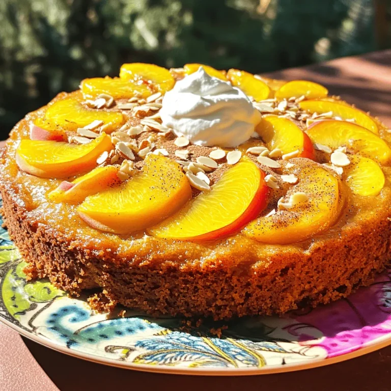 To make a delightful summer peach cake, you need simple and fresh ingredients. Here is the list: - 2 cups all-purpose flour - 1 ½ teaspoons baking powder - ½ teaspoon baking soda - ½ teaspoon salt - ¾ cup unsalted butter, softened - 1 cup granulated sugar - ½ cup brown sugar, packed - 3 large eggs at room temperature - 1 teaspoon pure vanilla extract - 1 cup buttermilk, at room temperature - 2 cups fresh peaches, peeled and sliced - 1 teaspoon ground cinnamon (for sprinkling) - ¼ cup sliced almonds (for topping) These ingredients blend well to create a moist and tasty cake. The peaches add a sweet touch, while the almonds give a nice crunch. You can add your favorite flavors to this cake. Here are some ideas: - Nuts: Try walnuts or pecans for added texture. - Spices: Add a pinch of nutmeg for warmth. - Zest: Lemon or orange zest brightens the flavor. - Fruits: Mix in blueberries or raspberries for a fruity twist. Feel free to get creative! Each variation gives the cake a new charm. Choosing ripe peaches is key to a great cake. Here are tips to find the best ones: - Look: Choose peaches that are firm yet slightly soft when pressed. - Smell: Ripe peaches have a sweet, fragrant aroma. - Color: Look for a vibrant yellow or golden hue. Avoid greenish ones. Fresh peaches make all the difference in flavor. Always select the best for your summer peach cake! Let’s make your summer peach cake shine! First, gather your ingredients. You will need flour, baking powder, baking soda, salt, butter, sugars, eggs, vanilla, buttermilk, fresh peaches, cinnamon, and almonds. Here's how to start: 1. Preheat your oven to 350°F (175°C). 2. Prepare the cake pan by greasing it with butter and dusting it with flour. This keeps your cake from sticking. 3. Mix the dry ingredients in a medium bowl. Whisk together the flour, baking powder, baking soda, and salt. Set this mix aside. Next, let’s create the cake batter. 1. Cream the butter and sugars in a large bowl. Use a hand mixer on medium speed for 3-4 minutes. The mix should look light and fluffy. 2. Add the eggs one by one. Mix well after each egg. This makes your cake airy. 3. Stir in the vanilla extract until just combined. 4. Combine wet and dry ingredients. Slowly fold the dry mix into the wet mix. Alternate with buttermilk. Start and end with the flour mix. Stop when there are no flour streaks. 5. Fold in the peaches gently. Be careful not to mash them. 6. Pour the batter into your prepared pan. Use a spatula to smooth the top. 7. Add cinnamon and almonds on top for extra flavor and crunch. To bake your cake perfectly: - Check the baking time. Bake for 35 to 40 minutes. A toothpick should come out clean. - Cool the cake properly. Let it rest in the pan for 10 minutes. Then move it to a wire rack. - Keep an eye on it during the last few minutes. Ovens can vary, so watch for that golden brown color. By following these steps, you will have a delightful summer peach cake that is easy and tasty. For the complete recipe, check the Full Recipe section. When making Summer Peach Cake, avoid common pitfalls. First, don’t skip the room temperature ingredients. Cold butter or eggs can lead to a dense cake. Also, watch your mixing time. Overmixing the batter can cause the cake to be tough. Make sure to fold in the peaches gently. If you break them too much, the cake won’t have nice peach chunks. To keep your cake fresh, store it at room temperature. Use an airtight container to prevent drying out. If it's hot outside, consider refrigerating it. Just remember to bring it back to room temperature before serving. You can also freeze the cake. Wrap it tightly in plastic wrap and then place it in a freezer bag. This will keep it fresh for up to three months. For a fluffy cake, cream the butter and sugars well. This step adds air and creates a lighter texture. Use a hand mixer or stand mixer for best results. Make sure to alternate adding dry and wet ingredients. This helps to keep the batter light. Lastly, avoid overmixing once you add the flour. Stir until just combined for that perfect fluffy cake. For a complete guide, check the Full Recipe and enjoy your baking journey! {{image_4}} You can make a gluten-free peach cake with a few simple swaps. Use a gluten-free flour blend instead of all-purpose flour. Look for a blend that has xanthan gum. This helps the cake hold together well. Follow the same steps in the recipe for the best results. Your cake will still be soft and yummy. Feel free to mix in other fruits with your peaches. Berries like blueberries or raspberries work great. You can also add diced apples or pears for a twist. Just remember to keep the fruit pieces small. This way, they bake evenly into the cake. The extra flavors will give your cake a fun twist. You can change up the frosting to suit your taste. Cream cheese frosting adds a nice tang. You can also use whipped cream for a lighter touch. If you want something crunchy, try a crumb topping with oats and brown sugar. This adds texture and extra flavor to your cake. Get creative and make it your own! Check the Full Recipe for more ideas. This Summer Peach Cake shines when paired with simple sides. Fresh fruit salads work well. Try a mix of berries or citrus to balance the sweet cake. A scoop of vanilla ice cream enhances the peach flavor. You can also serve it with yogurt for a tangy twist. When it comes to drinks, iced tea is a great choice. The coolness complements the warmth of the cake. Lemonade adds a refreshing zing. For a special touch, serve it with sparkling water and a slice of lemon. If you prefer wine, a light rosé pairs nicely with the cake's fruity notes. Presentation can make your cake even more inviting. Place slices on colorful plates to catch the eye. Top each slice with a dollop of whipped cream. Add a few peach slices for a fresh look. You can also sprinkle some sliced almonds on top for crunch. Arrange the slices on a wooden board for a rustic vibe. For the full recipe, visit the recipe section. Enjoy your summer treat! To make peach cake without buttermilk, use milk instead. Add one tablespoon of lemon juice or vinegar to the milk. Let it sit for five minutes. This will create a buttermilk substitute. You can then use it in the recipe just like buttermilk. Yes, you can use canned peaches. Drain the peaches well to avoid excess moisture. Slice them into smaller pieces if needed. Keep in mind that fresh peaches give a better flavor and texture. If you choose canned, look for those packed in juice, not syrup. Store leftover cake in an airtight container. Place it at room temperature for two days. If you need to keep it longer, refrigerate it. Make sure to cover it well to prevent it from drying out. You can also freeze the cake. Wrap it tightly in plastic wrap and foil. It will stay fresh for up to three months. Enjoy your Summer Peach Cake later! In this blog, we explored how to make a delicious summer peach cake. I shared the key ingredients needed, including tips for selecting the best peaches. You learned step-by-step instructions to ensure your cake bakes perfectly every time. I highlighted common mistakes and storage tips to keep your cake fresh. Remember, variations can enhance flavors and cater to different diets. Serve your cake with great drinks and creative presentations. With these tips, you're ready to bake a delightful peach cake that everyone will love. Enjoy your baking journey!