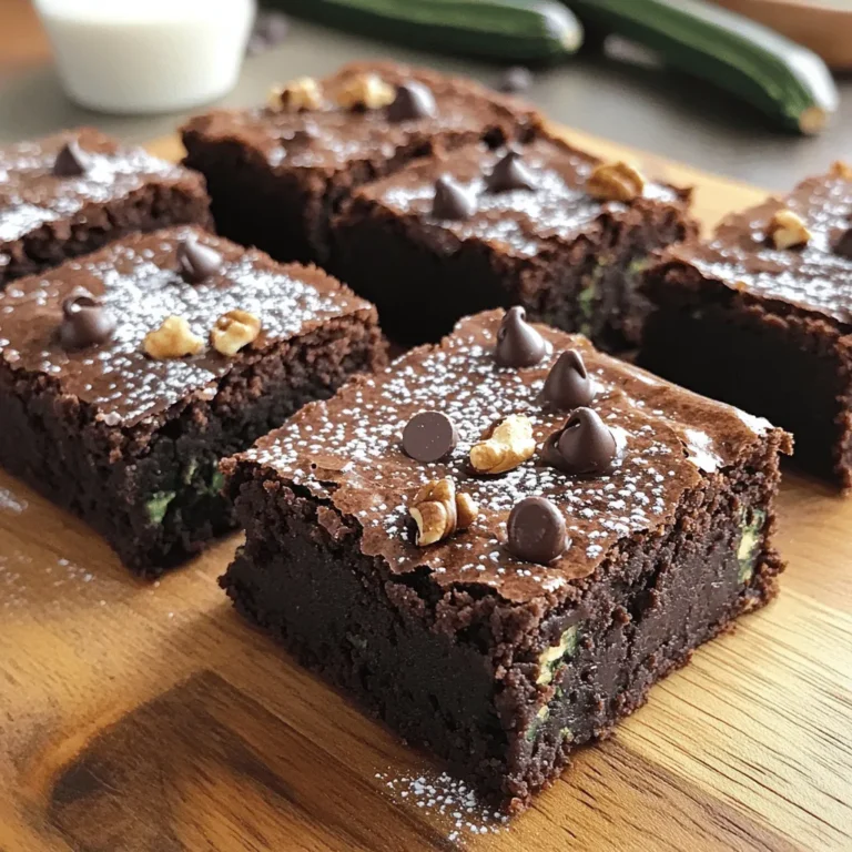 To make fudgy zucchini brownies, you need a mix of basic and simple ingredients. Each one contributes to the rich, moist texture. Here's what you'll need: - 1 cup all-purpose flour - 1/2 cup unsweetened cocoa powder - 1/2 teaspoon baking powder - 1/4 teaspoon baking soda - 1/4 teaspoon salt - 1/2 cup granulated sugar - 1/2 cup brown sugar, packed - 1/3 cup vegetable oil or melted coconut oil - 2 large eggs - 1 teaspoon vanilla extract - 1 1/2 cups finely grated zucchini - 1/2 cup semi-sweet chocolate chips (optional) - 1/4 cup chopped walnuts (optional) These ingredients come together to create a dessert that surprises everyone. The zucchini adds moisture and nutrition, while the cocoa powder provides that rich chocolate flavor. If you want extra texture, consider adding chocolate chips or walnuts. You can find the Full Recipe for step-by-step instructions. 1. Preheat your oven to 350°F (175°C). This step is key for even baking. 2. Prepare an 8x8 inch baking pan. You can grease it or line it with parchment paper. 3. In a medium bowl, whisk together: - 1 cup all-purpose flour - 1/2 cup unsweetened cocoa powder - 1/2 teaspoon baking powder - 1/4 teaspoon baking soda - 1/4 teaspoon salt This mixture will be your dry blend. 4. In a larger bowl, mix: - 1/2 cup granulated sugar - 1/2 cup brown sugar, packed - 1/3 cup vegetable oil or melted coconut oil Blend these until smooth. 1. Crack 2 large eggs into the sugar-oil mix. Add 1 teaspoon vanilla extract. Beat until fluffy. 2. Gradually add your dry mixture to the wet mix. Stir gently until just combined. 3. Carefully fold in: - 1 1/2 cups finely grated zucchini - Optional: 1/2 cup semi-sweet chocolate chips - Optional: 1/4 cup chopped walnuts Ensure everything is mixed well but do not overmix. 1. Pour the brownie batter into your prepared pan. Use a spatula to spread it evenly. 2. Bake for 25-30 minutes. To check if they are done, insert a toothpick into the center. It should come out with a few moist crumbs. 3. After baking, let the brownies cool in the pan for about 10 minutes. Then, move them to a wire rack to cool completely before cutting them into squares. For the full recipe, check the details above. This simple process will give you the most delicious fudgy brownies! To make these brownies truly fudgy, measure your ingredients carefully. Use a kitchen scale for accuracy. Too much flour can make the brownies dry. Always check your measuring cups to avoid mistakes. Do not overmix the batter. Mix gently until just combined. Overmixing can lead to tough brownies. You want a rich, gooey texture, not a cake-like one. Select the right zucchini for the best flavor. Look for smaller zucchinis, as they tend to be sweeter. Avoid large ones, which are often watery and less tasty. Grate the zucchini finely. This helps it mix evenly into the batter. Large pieces can create pockets of moisture and disrupt the texture. Consider adding spices or extracts for more depth. A pinch of cinnamon or a dash of espresso powder can boost the chocolate flavor. Try adding a splash of almond or orange extract for a fun twist. You can also mix in nuts or chocolate chips for added texture. Customize the brownies to fit your taste. Enjoy experimenting to find your favorite version. {{image_4}} You can make these fudgy zucchini brownies gluten-free. Just substitute the all-purpose flour with gluten-free flour. The taste and texture will stay rich and moist. I recommend using a 1:1 gluten-free flour blend. This makes it easy and tasty for those who avoid gluten. If you want a vegan version, you can replace the eggs. Flaxseed meal is a great option. Mix 1 tablespoon of flaxseed meal with 2.5 tablespoons of water. Let it sit for 5 minutes to thicken. For the oil, swap vegetable oil with applesauce or melted coconut oil. This keeps brownies moist without using eggs or dairy. Adding extras can make these brownies even better. You might try mixing in nuts, dried fruit, or different types of chocolate. Chopped walnuts or pecans add a nice crunch. You can also use dark chocolate chips for a richer taste. For a fruity twist, consider adding raspberries or chopped cherries. Each option brings a unique flavor that makes your brownies special. For the full recipe, refer back to the previous sections for a complete guide on making these delicious treats. To keep your fudgy zucchini brownies fresh, store them at room temperature. Place them in an airtight container. This will help keep them moist for up to four days. If you want to enjoy them later, freezing is a great option. For long-term storage, you can freeze these brownies. First, let the brownies cool completely. Then, wrap each piece tightly in plastic wrap. Place the wrapped brownies in a freezer-safe bag or container. They will last up to three months in the freezer. When you are ready to enjoy, just thaw them at room temperature. For the best taste, reheat your brownies in the oven. Preheat the oven to 350°F (175°C). Place the brownies on a baking sheet and cover them with foil. Heat for about 10 minutes. This method will keep them fudgy and delicious. You can also use the microwave for a quick fix. Just heat for 10-15 seconds, but don't overdo it! Yes, you can make these brownies ahead of time. To store them, let the brownies cool completely first. Wrap them tightly in plastic wrap or foil. You can also place them in an airtight container. They will stay fresh at room temperature for about 3 days. For longer storage, freeze them. Just cut them into squares before freezing. Place layers of parchment paper between them. This way, they won’t stick together. To tell if the brownies are done, use the toothpick test. Insert a toothpick into the center of the brownies. If it comes out with a few moist crumbs, they are done. If it comes out clean, they might be overbaked. Keep in mind that they will continue to cook a little after you take them out. So, it’s okay if they seem slightly underbaked in the pan. Yes, you can use other vegetables in place of zucchini. Grated carrots or sweet potatoes work well. They add a nice sweetness and moisture. Keep in mind that different vegetables may change the taste. Carrots give a sweeter flavor, while sweet potatoes add creaminess. The texture may also vary slightly, but they will still taste great. This article covered a simple and tasty brownie recipe using zucchini. You learned the ingredients, preparation steps, and tips for perfect results. Remember to measure your ingredients well and be careful not to overmix. You can try variations to fit your diet needs or taste preferences. Store brownies properly for lasting freshness. Enjoy baking your delicious brownies!