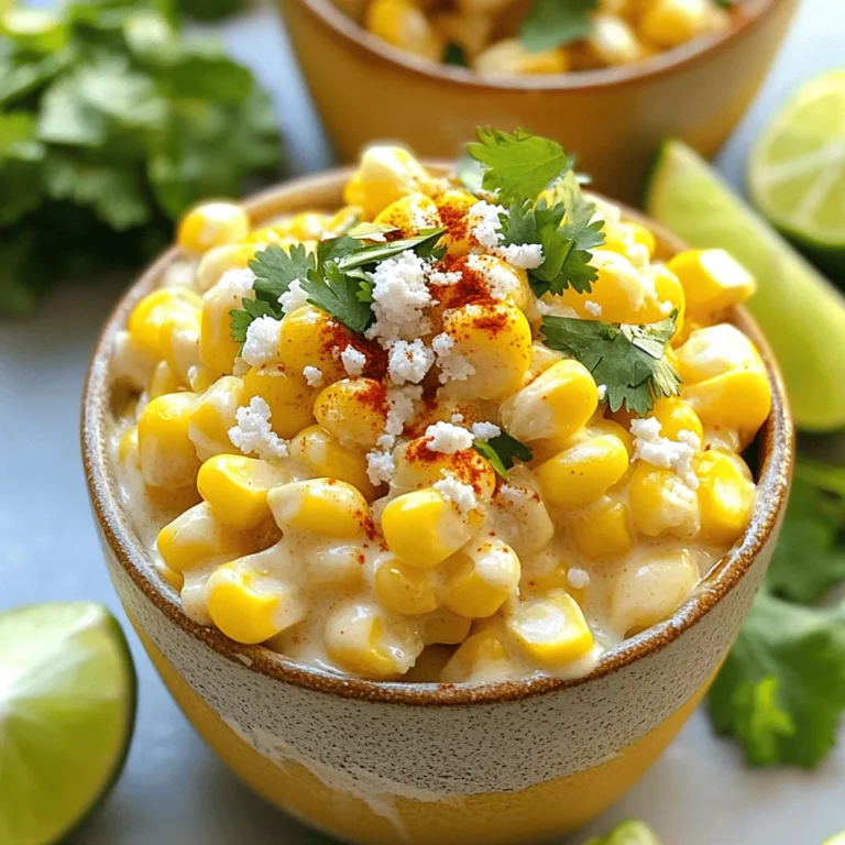 Fresh corn is key to this dish. I love using 4 ears of sweet corn. Husk them carefully, removing all the silk. Fresh corn gives the best flavor and crunch. The sauce makes this corn special. You need: - 1/2 cup mayonnaise - 1/2 cup sour cream - 1 teaspoon chili powder - 1 tablespoon freshly squeezed lime juice - 1/4 teaspoon smoked paprika - 1/4 teaspoon garlic powder - Salt, to taste Mix these together for a creamy, spicy sauce. The lime juice adds a nice zing, while the spices bring warmth. Toppings make the dish pop. You will want: - 1 cup crumbled cotija cheese, plus extra for topping - Fresh cilantro, chopped (for garnish) - Lime wedges (for serving) Cotija cheese adds a salty kick. The cilantro gives freshness. And lime wedges let you add more flavor at serving time. For the full recipe, check out the instructions later. Start by filling a large pot with salted water. Bring the water to a rolling boil. Carefully add the husked corn to the pot. Cook the corn for about 5 to 7 minutes. The corn should be tender but still crisp. Once cooked, use tongs to remove the corn from the pot. Place the corn on a plate to cool slightly. While the corn cools, grab a mixing bowl. In it, combine the mayonnaise and sour cream. Add the lime juice, chili powder, smoked paprika, garlic powder, and a pinch of salt. Whisk these ingredients together until smooth. This sauce will add rich flavor to your dish. Once the corn is cool enough to handle, hold each ear upright on a cutting board. Use a sharp knife to cut the kernels off the cob. Place the kernels in a large mixing bowl. Pour the sauce over the corn and stir gently. Make sure every kernel gets coated. Fold in half of the crumbled cotija cheese. Now, it’s time to serve! Scoop the corn mixture into individual cups or small bowls. Top each serving with the remaining cotija cheese. Add a light sprinkle of chili powder and a bit of chopped cilantro. For extra flavor, serve with lime wedges on the side. Squeeze fresh lime juice over the corn for a tasty kick. Enjoy this delightful Mexican street corn in a cup! For the complete recipe, check the Full Recipe section. To get the best texture for Mexican street corn in a cup, use fresh corn. Fresh corn has a sweet crunch that frozen corn can’t match. Boil the corn for just 5-7 minutes. This keeps it tender without turning mushy. After cooking, let the corn cool before cutting. This helps you slice the kernels off easily. To boost flavor, use a mix of lime juice and spices. The lime juice adds brightness, while chili powder gives a nice kick. Don't skip the smoked paprika; it adds a deep, warm flavor. Taste your sauce before mixing it with the corn. Adjust salt and spices to fit your taste. For a fun look, serve your corn in colorful cups. This makes each serving look festive. Top each cup with extra cotija cheese and a sprinkle of chili powder. Add fresh cilantro for color and flavor. Place lime wedges on the side so guests can squeeze fresh juice over their corn. This small touch makes a big difference! {{image_4}} You can make your Mexican street corn in a cup even heartier by adding protein. Grilled shrimp or chicken works great. Simply cook your protein before mixing it with the corn. For a spicy twist, try adding chorizo. Just cook it in a pan, then mix it in. This adds flavor and makes your dish more filling. While cotija cheese is traditional, you can swap it out for other cheeses. Feta cheese adds a salty bite. If you want a creamier texture, try queso fresco. For a stronger flavor, consider using Parmesan. Each cheese gives a unique twist to the classic recipe. For a vegetarian option, skip any meat and load up on veggies. Grilled bell peppers and zucchini add great taste. You can also mix in black beans for extra protein. This keeps the dish filling and tasty while staying meat-free. Enjoy your custom creations! After you enjoy your Mexican street corn in a cup, store any leftovers in the fridge. Use an airtight container to keep it fresh. The dish stays tasty for up to three days. Just remember to keep the toppings separate to maintain their crunch. To reheat, use a microwave-safe bowl. Heat the corn for about one minute. Stir it halfway through to warm evenly. If you want, add a splash of lime juice to freshen it up. Avoid reheating more than once to keep the flavors bright. You can freeze the corn mixture if you have more than you need. Place it in freezer bags, removing as much air as you can. It stays good for up to three months. When ready to eat, thaw it in the fridge overnight. Then, reheat as mentioned above. Just know that the texture may change a bit after freezing. Mexican street corn, or elote, is a popular dish in Mexico. It features grilled corn on the cob, coated with creamy sauces and spices. The flavors come from lime, chili powder, and cotija cheese. In this recipe, we serve the corn in a cup, making it easy to enjoy. You get all the tasty flavors without the mess of eating from the cob. Yes, you can make this recipe ahead of time. Prepare the corn and sauce separately. Keep them in airtight containers in the fridge. When you're ready to serve, mix them together. This method keeps the corn fresh and the sauce flavorful. However, it's best to add toppings just before serving. That way, they stay crisp and bright. If you cannot find cotija cheese, try using feta cheese or Parmesan. Feta has a similar crumbly texture. Parmesan adds a salty, savory flavor. Both options will work well in this recipe. You can also use vegan cheese if you prefer a dairy-free option. Just ensure it has a good flavor to match the dish. This article covered how to make tasty Mexican street corn. We explored fresh corn, sauces, and various toppings. I shared step-by-step instructions for preparing corn and making the sauce. You learned tips for texture, flavor, and presentation. Variations like adding protein or different cheeses offer more options. Finally, I explained how to store leftovers and answered common questions. Enjoy making this fun dish and share it with friends!