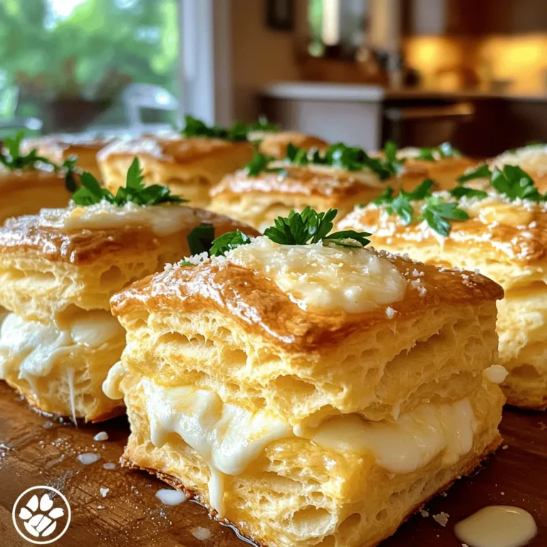 To make these cheesy delights, you need a few basic ingredients. Here’s what you’ll need: - 2 cups all-purpose flour - 1 tablespoon baking powder - 1/2 teaspoon salt - 1/4 teaspoon cayenne pepper (optional for those who enjoy a spicy kick) - 1/2 cup cold butter, cut into small cubes - 1 cup shredded mozzarella cheese - 3/4 cup buttermilk (or use regular milk with a splash of vinegar as a substitute) - 1/4 cup grated Parmesan cheese - 1 tablespoon fresh parsley, finely chopped (for a vibrant garnish) These ingredients come together to create a rich, cheesy flavor that everyone will love. You can add a few extra ingredients to make your biscuits even more special. Consider these options: - Garlic powder for a savory touch - Chopped green onions for freshness - Crushed red pepper flakes for extra heat These additions can transform your biscuits into a flavor-packed treat. If you have dietary restrictions, don't worry. You can easily make substitutions: - Use gluten-free flour instead of all-purpose flour to make it gluten-free. - Substitute dairy-free butter and cheese for a dairy-free version. - Replace buttermilk with almond milk mixed with a splash of vinegar for a non-dairy option. These swaps allow everyone to enjoy these cheesy biscuits. For the full recipe, refer to the earlier section. First, you need to preheat your oven to 425°F (220°C). This step is crucial. It ensures your biscuits bake evenly. While the oven heats, grab a baking sheet. Line it with parchment paper. This helps prevent sticking and makes cleanup easy. Next, take a large mixing bowl. Add your dry ingredients: 2 cups of all-purpose flour, 1 tablespoon of baking powder, 1/2 teaspoon of salt, and 1/4 teaspoon of cayenne pepper if you like some heat. Whisk these ingredients together until they mix well. This step is important for even flavor throughout your biscuits. Now, add 1/2 cup of cold butter cut into small cubes. Use a pastry cutter or your fingers to blend it in. Aim for a texture that looks like coarse crumbs. You want small pieces of butter to remain. This helps keep your biscuits light and flaky. Next, fold in 1 cup of shredded mozzarella cheese. Make sure it's mixed evenly. This cheese is the star of the show, giving your biscuits that gooey, cheesy goodness. Pour in 3/4 cup of buttermilk. Stir gently until just combined. Avoid over-mixing; this keeps your biscuits fluffy and tender. Now, lightly flour a clean surface. Turn out your dough onto this surface. Gently knead the dough 2-3 times until it comes together. Shape it into a rectangle about 1 inch thick. Using a biscuit cutter or a glass, cut out individual biscuits. Place them on the prepared baking sheet, leaving space between each biscuit. This lets them rise properly. Before baking, brush the tops of your biscuits with melted butter. This adds a nice golden color. Sprinkle 1/4 cup of grated Parmesan cheese on top for extra flavor. Now, place the baking sheet in your preheated oven. Bake for 12-15 minutes. You want them golden brown and bubbly. Once done, remove the biscuits from the oven. Let them cool slightly before serving. For a finishing touch, garnish with 1 tablespoon of finely chopped fresh parsley. This adds a pop of color and freshness to your cheesy mozzarella biscuit delights. Enjoy your delicious creation! For the full recipe, refer to the earlier section. To get the best biscuit texture, use cold butter. This keeps the biscuits flaky. Cut the butter into small cubes before mixing. When blending, leave some pea-sized pieces of butter. This creates those lovely air pockets. Also, don't over-mix the dough. Mix it just until combined. This helps your biscuits stay light and airy. If you have leftover biscuits, store them in an airtight container. They stay fresh for up to two days at room temperature. For longer storage, keep them in the fridge. You can also freeze them. Place cooled biscuits in a freezer-safe bag. They can last for up to three months in the freezer. One common mistake is using warm butter. Always use cold butter for the best results. Another mistake is over-mixing the dough. This can make your biscuits tough. Lastly, avoid skipping the baking powder. It helps the biscuits rise and become fluffy. Follow these tips, and your Cheesy Mozzarella Biscuit Delights will shine! For the full recipe, check the earlier section. {{image_4}} You can make your Cheesy Mozzarella Biscuit Delights even more tasty by adding herbs and spices. Fresh herbs like rosemary or thyme give a nice flavor boost. You can also use dried herbs if you don’t have fresh ones. Try adding garlic powder or onion powder for a savory kick. Just remember to keep it balanced. A little goes a long way. While mozzarella is a star, you can mix cheeses for fun flavors. Cheddar cheese adds sharpness, while gouda brings a smoky taste. You can also use cream cheese for a rich, soft texture. Mix and match your favorite cheeses. Just be careful with the moisture in the cheese. Too much can make the biscuits heavy. If you need gluten-free biscuits, you can switch the flour. Use a gluten-free all-purpose flour blend. These blends often contain starches that help mimic regular flour. You might need to add a bit more liquid, too. Each brand is different, so check the package for tips. Your biscuits can still be soft and cheesy without gluten. To keep your Cheesy Mozzarella Biscuit Delights fresh, store them in an airtight container. This will prevent them from drying out. If you plan to eat them in a day or two, they can stay at room temperature. For longer storage, place them in the fridge. The cool air helps them last up to a week. When you're ready to enjoy your biscuits again, there are a few great ways to reheat them: - Oven: Preheat your oven to 350°F (175°C). Place the biscuits on a baking sheet for about 5-10 minutes. - Microwave: For a quick option, microwave each biscuit for about 15-20 seconds. This method makes them soft but can make them chewy. - Toaster Oven: This method crisps them up nicely. Heat at 350°F (175°C) for 5 minutes. If you want to save some biscuits for later, freezing is a great choice. First, let the biscuits cool completely. Then, wrap each one in plastic wrap and place them in a freezer bag. They can stay in the freezer for up to three months. To enjoy, just reheat them directly from the freezer using your preferred method. You’ll get that fresh-baked taste anytime! For the full recipe, refer back to the beginning. To make Cheesy Mozzarella Biscuit Delights from scratch, follow these steps: - Preheat your oven to 425°F (220°C). - Line a baking sheet with parchment paper. - In a bowl, mix 2 cups flour, 1 tablespoon baking powder, 1/2 teaspoon salt, and 1/4 teaspoon cayenne pepper (if you want spice). - Add 1/2 cup cold butter, cut into small cubes. Blend until the mix looks like coarse crumbs. - Fold in 1 cup shredded mozzarella cheese. - Pour in 3/4 cup buttermilk. Stir gently until the dough forms. - Knead the dough lightly and shape it into a rectangle about 1-inch thick. - Cut out biscuits with a biscuit cutter or glass. Place them on the baking sheet. - Brush the tops with melted butter and sprinkle with 1/4 cup grated Parmesan cheese. - Bake for 12-15 minutes until golden brown. And that’s it! You can find the Full Recipe for more details. Yes, you can use different types of cheese! Cheddar, gouda, or even a mix can work great. Each cheese will give your biscuits a unique taste. Just remember to keep the total amount of cheese the same, around 1 cup, for the best texture. Mixing cheeses can add depth to the flavor. For example, pairing mozzarella with sharp cheddar creates a nice balance. To ensure your biscuits rise well, focus on a few key tips: - Use fresh baking powder. Old baking powder won’t rise your biscuits. - Keep your butter cold. This helps create steam when baking, leading to fluffier biscuits. - Don’t over-mix the dough. Mix just until combined; this keeps the biscuits light. - Cut out your biscuits without twisting the cutter. A clean cut helps them rise evenly. By following these tips, you will have tall, fluffy biscuits every time! In this post, we covered how to make Cheesy Mozzarella Biscuit Delights. We explored essential and optional ingredients, plus substitutions for allergies. You learned clear steps for mixing, cutting, and baking the biscuits. I also shared tips for perfect texture and storing your leftovers. Remember, you can make these biscuits your own with herbs, spices, or cheese swaps. Enjoy them fresh or frozen later. With these steps, you can master this delicious treat anytime!