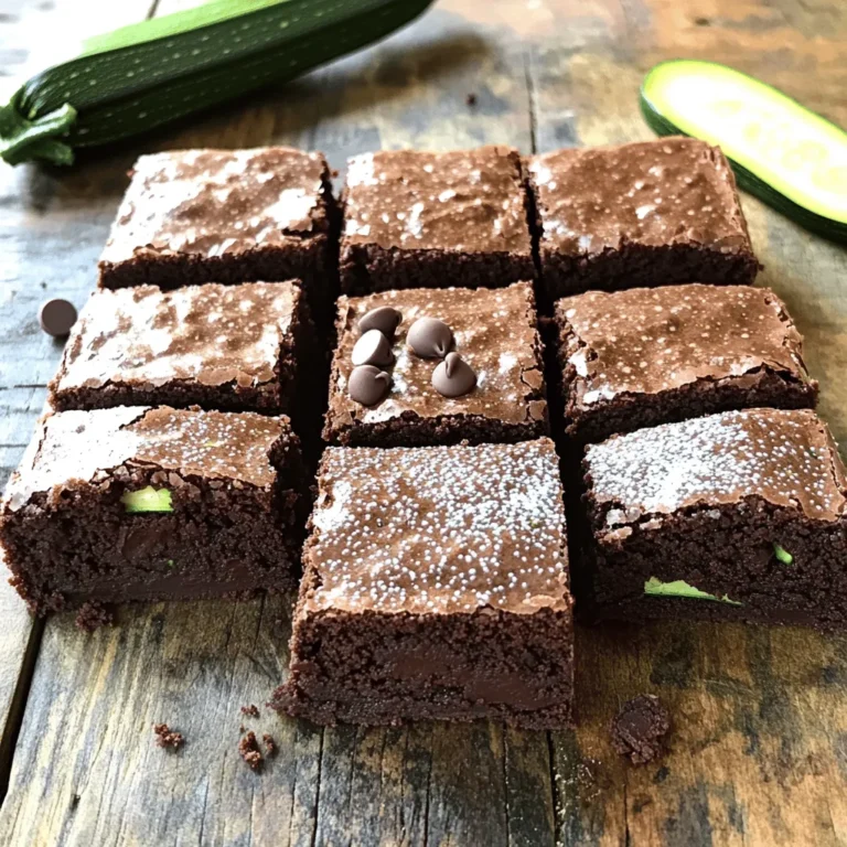 - 1 cup grated zucchini - ½ cup unsweetened applesauce - ½ cup brown sugar - ¼ cup white sugar The main ingredients in these brownies are simple and nutritious. Zucchini adds moisture and keeps the brownies soft. The applesauce replaces some fat while adding sweetness. Using both brown and white sugar gives the brownies a rich flavor and a nice texture. - ⅓ cup vegetable oil or melted coconut oil - 2 large eggs - 1 teaspoon vanilla extract - 1 cup all-purpose flour - ⅓ cup unsweetened cocoa powder - ½ teaspoon baking soda - ¼ teaspoon baking powder - ¼ teaspoon salt - ½ cup chocolate chips - Optional: ¼ cup chopped nuts (e.g., walnuts or pecans) The additional ingredients help create a great structure in the brownies. The oil keeps them moist, while the eggs bind everything together. Flour and cocoa powder provide the base, giving that rich, chocolate flavor. Baking soda and baking powder help the brownies rise. The chocolate chips melt into sweet pockets of goodness. If you like nuts, they add a nice crunch and flavor. You can find the complete list of ingredients in the Full Recipe section for more details on how to get started. - Preheat your oven to 350°F (175°C). - Prepare an 8x8 inch baking pan. You can grease it or line it with parchment paper. - In a large bowl, combine the wet ingredients. Mix grated zucchini, applesauce, brown sugar, white sugar, oil, eggs, and vanilla extract until well blended. - In another bowl, mix the dry ingredients. Whisk flour, cocoa powder, baking soda, baking powder, and salt together. - Now, add the dry mixture to the wet ingredients. Stir gently until just combined. Be careful not to overmix. - Pour the brownie batter into the prepared pan. Use a spatula to smooth the top. - Bake in the preheated oven for 25-30 minutes. Check for doneness by inserting a toothpick. It should come out with a few moist crumbs. - Let the brownies cool in the pan for about 10 minutes. Then transfer them to a wire rack to cool completely. You can find the full recipe in the earlier sections. Enjoy your delicious zucchini brownies! To make perfect zucchini brownies, focus on two key tips: - Avoid overmixing: Mix just enough until the dry and wet ingredients blend. Overmixing can make brownies tough. - Drain excess moisture from zucchini: Zucchini holds a lot of water. Grate it, then put it in a clean cloth. Squeeze out the extra moisture. This step helps achieve a fudgy texture. Baking these brownies is simple. Here are two tips to ensure the best results: - Check for doneness with a toothpick: Insert a toothpick into the center. If it comes out with moist crumbs, your brownies are done. If it comes out clean, they might be overbaked. - Cooling suggestions for optimal texture: After baking, let the brownies cool in the pan for about 10 minutes. Then, transfer them to a wire rack to cool completely. This cooling method helps keep the brownies soft and chewy. For more details, check the Full Recipe. {{image_4}} You can make these brownies gluten-free! Just swap regular flour for a gluten-free flour blend. This simple change works well without affecting taste. Look for blends that contain rice flour, almond flour, or coconut flour. These options hold moisture and keep the brownies soft. Want to mix it up? Try different types of chocolate in your brownies. You can use milk chocolate, dark chocolate, or even white chocolate. Each type adds its own unique taste. Adding spices like cinnamon or nutmeg can enhance the flavor too. A pinch of cinnamon gives warmth, while nutmeg adds a hint of sweetness. You can also add dried fruits or seeds for more texture. Try mixing in chopped nuts, like walnuts or pecans, for a nice crunch. Dried cherries or raisins can add a burst of sweetness. These additions make your brownies even more delightful and fun to eat. For the full recipe, check out the Chocolate Zucchini Brownies Full Recipe! To keep your zucchini brownies fresh, use an airtight container. This helps seal in moisture and flavor. Place them in the container after they cool down. You can store them at room temperature for up to four days. If you want them to last longer, keep them in the fridge. They can stay fresh for about a week in the fridge. Just make sure they are well-covered to avoid drying out. Freezing zucchini brownies is a great way to save some for later. First, let the brownies cool completely. Then, cut them into squares. Wrap each square in plastic wrap, and place them in a freezer bag. Make sure to remove as much air as possible from the bag. You can freeze them for up to three months. When you're ready to eat them, simply thaw them in the fridge overnight. This way, they will keep their great taste and soft texture. For the full recipe, check out the Chocolate Zucchini Brownies full recipe. Yes, you can use sugar substitutes. Common options are stevia, erythritol, or monk fruit. These substitutes can make your brownies lower in calories. However, they may change the taste and texture. Some might be sweeter, so adjust the amount. Always check the package for the right measurement. This way, your brownies will still taste great. To check if your brownies are done, look for a few signs. The edges will pull away from the pan. The top should look set and have a slight sheen. You can also use a toothpick. Insert it into the center of the brownies. If it comes out with a few moist crumbs, they are ready. If it has wet batter, bake a few more minutes. Yes, you can make these brownies vegan. Replace eggs with flax eggs or applesauce. Use 1 tablespoon of flaxseed meal mixed with 2.5 tablespoons of water for each egg. For dairy, substitute with plant-based milk or yogurt. You can also use coconut oil instead of butter. These swaps will keep the brownies moist and tasty. Each brownie has about 150 calories. They contain around 6 grams of fat and 20 grams of sugar. The exact numbers can change based on the ingredients used. For example, using less sugar or different oils can lower calories. Adding nuts can increase healthy fats and protein. Always check the recipe for detailed info. Zucchini brownies can last up to a week when stored properly. Keep them in an airtight container at room temperature. If you want them to last longer, freeze them. They can stay fresh in the freezer for up to three months. Just remember to wrap them well in plastic wrap or foil. For the complete recipe, check out the Chocolate Zucchini Brownies [Full Recipe]. Zucchini brownies blend health and taste. We covered key ingredients, easy steps, and tips. Think alternatives like gluten-free flour or added spices for fun flavors. Proper storage keeps them fresh, while freezing maintains taste and texture. With answers to common questions, you now have all you need for success. Try making these tasty brownies soon! You'll enjoy a delicious treat that also sneaks in some veggies.