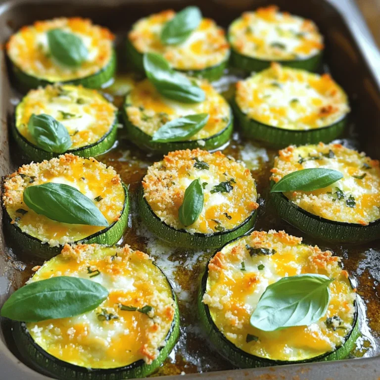When making Baked Zucchini Parmesan, you need fresh, simple ingredients. Here’s what you should gather: - 4 medium zucchinis, sliced into ½-inch thick rounds - 1 cup shredded mozzarella cheese - ½ cup freshly grated Parmesan cheese - 1 cup panko breadcrumbs - 2 garlic cloves, finely minced - 1 teaspoon dried oregano - 1 teaspoon dried basil - 1 teaspoon sea salt - ½ teaspoon freshly cracked black pepper - 2 tablespoons extra virgin olive oil - Fresh basil leaves for garnish (optional) These ingredients create a great mix of flavors and textures. The zucchini becomes soft, while the cheese melts beautifully. The panko breadcrumbs add the perfect crunch. Each bite gives you a taste of cheesy goodness! For the full recipe, check out the detailed instructions. Enjoy creating this dish! - Preheat the oven to 400°F (200°C). - Line a baking sheet with parchment paper. - In a bowl, combine: - 1 cup panko breadcrumbs - 2 minced garlic cloves - 1 teaspoon dried oregano - 1 teaspoon dried basil - 1 teaspoon sea salt - ½ teaspoon black pepper - Toss the ingredients well. - Drizzle 2 tablespoons olive oil over the mixture. - Mix again until all the breadcrumbs are coated. - Lay sliced zucchini on the baking sheet in a single layer. - Sprinkle the breadcrumb mixture evenly over the zucchini. - Add 1 cup shredded mozzarella cheese on top. - Finish with ½ cup grated Parmesan cheese for extra flavor. - Place the baking sheet in the oven. - Bake for 25-30 minutes until golden and bubbly. - Let cool for a few minutes. - Garnish with fresh basil leaves if desired. For the full recipe, check out the detailed steps included above. Enjoy your crispy, cheesy zucchini! To make your baked zucchini truly crunchy, adjust the breadcrumb coating. Use panko breadcrumbs for a lighter, crispier texture compared to regular breadcrumbs. If you want even more crunch, mix in some crushed cornflakes or a sprinkle of grated Parmesan into the panko. This combination gives a great bite. Baking technique plays a key role too. Make sure you lay the zucchini slices in a single layer. If they overlap, they will steam instead of bake, and you’ll lose that crunch. Turning the baking sheet halfway through baking can also help ensure even cooking. For more flavor, add spices like smoked paprika or chili powder. These spices bring a warm touch that pairs well with zucchini. Fresh herbs can brighten the dish. Use fresh basil or parsley for a burst of color and taste. If fresh herbs are hard to find, dried herbs like oregano or thyme work well too. You can serve baked zucchini parmesan in many ways. For a delightful appetizer, cut it into small squares and serve with a dipping sauce. As a side dish, pair it with grilled chicken or fish for a healthy meal. You can also serve it over pasta for a heartier option. Feel free to explore these ideas and make the dish your own. Enjoy the process! For the full recipe, check out the [Full Recipe]. {{image_4}} You can make baked zucchini parmesan even more exciting by adding other veggies. Try including bell peppers, tomatoes, or mushrooms. These vegetables add color and taste. You can also mix in some spinach for a healthy twist. Adding protein can turn this dish into a hearty meal. Consider cooked chicken, turkey, or even crumbled sausage. For a vegetarian option, use chickpeas or lentils. They add both flavor and protein. If you need a gluten-free dish, swap panko for gluten-free breadcrumbs. This keeps the crunch while catering to dietary needs. Always check the labels to ensure they are truly gluten-free. For a vegan version, replace cheese with plant-based alternatives. Nutritional yeast gives a cheesy flavor without dairy. You can also use cashew cheese for a creamy texture. Use olive oil to replace any butter in the recipe. Using seasonal herbs can elevate your baked zucchini parmesan. Fresh basil, parsley, or thyme can add unique flavors. You can mix and match herbs based on the season for fresh taste. During holidays, adapt this dish to fit the occasion. Add a layer of roasted garlic or sun-dried tomatoes for a festive flair. These simple changes can make it special for gatherings. For the full recipe, check out the [Full Recipe]. To keep your Baked Zucchini Parmesan fresh, store leftovers in an airtight container. This helps lock in flavor and moisture. You can keep it in the fridge for up to three days. If you want to enjoy it later, make sure it cools completely before sealing. Freezing is a great way to save this tasty dish. Here’s how to do it: 1. Cool Completely: Ensure the dish is fully cooled. 2. Wrap it Up: Use plastic wrap to cover it tightly. Then, place it in a freezer-safe container or bag. 3. Label and Date: Write the date on the bag or container. This helps you remember when you made it. You can freeze it for up to three months. When you’re ready to eat, you can reheat it in the oven or microwave. - Oven Method: Preheat the oven to 350°F (175°C). Place the zucchini on a baking sheet and cover it with foil. Bake for about 15-20 minutes until hot. This keeps it crispy. - Microwave Method: Heat it in a microwave-safe dish. Cover it with a damp paper towel. Heat in short bursts of 30 seconds until warm. Note, this method may make it a bit soggy. Choose the method that works best for you! Enjoy your delicious dish anytime! You can tell when the zucchini is done by checking its color and texture. The cheese should be golden and bubbly. The zucchini should be soft but not mushy. This usually takes about 25-30 minutes in the oven. Keep an eye on it to avoid overcooking. Yes, you can use different cheeses! Cheddar, gouda, or even a spicy pepper jack can work well. Mix and match to find your favorite flavor. Just make sure the cheese melts nicely to create a gooey texture. Baked zucchini parmesan is a healthy choice. Each serving has about 180 calories, with 10 grams of fat and 8 grams of protein. It also provides vitamins A and C, plus calcium from the cheese. This dish is a great way to enjoy veggies! You can prepare the zucchini ahead of time! Slice and layer them with breadcrumbs and cheese. Cover the dish and store it in the fridge for up to 24 hours. Just bake it right before serving for a fresh taste. Yes, the recipe is vegetarian as it uses no meat. It features cheese, zucchini, and herbs, all of which are plant-based. Enjoy this dish as a great meat-free option for any meal. To spice things up, add crushed red pepper flakes to the breadcrumb mix. You can also use spicy cheese or add jalapeños for extra kick. Adjust the heat to your taste for a fun twist! For the full recipe, check out the Cheesy Baked Zucchini Delights. Enjoy your cooking adventure! This blog post shares a simple and tasty baked zucchini parmesan recipe. We covered essential ingredients, step-by-step instructions, and helpful tips to enhance flavor and crunch. You learned how to store leftovers and even make variations for different diets. Now you can confidently whip up this dish as a side or appetizer. Enjoy experimenting with flavors and sharing your creations. Baked zucchini parmesan is a great way to eat healthy and delicious food. Happy cooking!