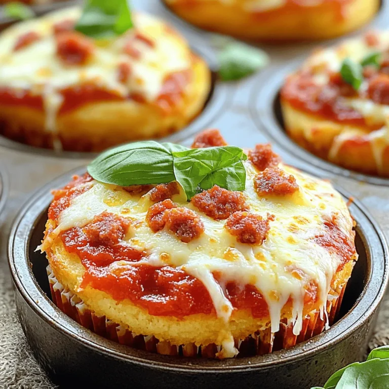 - 2 cups all-purpose flour - 1 tablespoon baking powder - 1 teaspoon salt - 1 teaspoon garlic powder - 1 teaspoon Italian seasoning - 1 cup whole milk - 1 large egg - 1/4 cup olive oil - 1 cup marinara sauce - 1 1/2 cups shredded mozzarella cheese - 1/2 cup diced pepperoni (or other toppings) - Fresh basil leaves for garnish To make delicious deep dish pizza cupcakes, start with fresh ingredients. The key is using quality flour and cheese. All-purpose flour gives the right texture. For the best flavor, choose good quality olive oil and fresh basil. I always add garlic powder and Italian seasoning for a burst of taste. Marinara sauce is essential for that classic pizza flavor. You can use pepperoni, but feel free to mix it up. Bell peppers or mushrooms work great too. Gather all these items before you start cooking. This makes your prep smooth and fun. Each ingredient plays a role in creating a tasty treat. For the full recipe, make sure to check the instructions. Happy cooking! 1. Preheat your oven to 375°F (190°C). Greasing the muffin tin helps the cupcakes pop out easily. 2. In a large bowl, mix the dry ingredients. Combine 2 cups of flour, 1 tablespoon of baking powder, 1 teaspoon of salt, 1 teaspoon of garlic powder, and 1 teaspoon of Italian seasoning. Whisk them until there are no lumps. 3. In another bowl, combine the wet ingredients. Whisk together 1 cup of whole milk, 1 large egg, and 1/4 cup of olive oil until smooth. 1. Spoon about 1 tablespoon of batter into each muffin cup. Press it down to form a flat base. 2. Now, add about 1 tablespoon of marinara sauce on top of the batter. Sprinkle shredded mozzarella cheese and some diced pepperoni or toppings of your choice. 3. Cover the sauce and toppings with another tablespoon of batter. Make sure everything is sealed inside. 1. Place the muffin tin in your preheated oven. Bake for 18-20 minutes. Look for golden tops. A toothpick should come out clean when inserted in the center. 2. Once baked, let the cupcakes cool in the tin for about 5 minutes. Use a fork or knife to gently lift them out. 3. Serve warm, and don’t forget the fresh basil leaves for garnish! Enjoy your delicious creation. For the full recipe, check the section above. Avoiding overmixing is key. When you mix the batter, do it just until blended. This keeps the cupcakes soft and fluffy. If you overmix, the dough can get tough. To adjust the consistency for a thicker batter, add a bit more flour. Start with one tablespoon at a time. Mix gently and check the thickness. You want a batter that holds its shape but is still easy to scoop. To infuse more seasonings, try adding extra garlic powder or a pinch of red pepper flakes. These spices boost the overall taste and make each bite exciting. You can also mix in fresh herbs, like oregano or thyme, for more depth. For additional toppings, think beyond pepperoni. You can use bell peppers, mushrooms, or even cooked sausage. Mixing different cheeses, like cheddar or provolone, adds unique flavors too. For creative presentation, arrange the pizza cupcakes on a colorful platter. Drizzle extra marinara sauce around the plate for a pop of color. Sprinkle more cheese and add whole basil leaves for a nice touch. Pair these cupcakes with a fresh salad or garlic bread. A cold drink, like lemonade or soda, complements the pizza flavor perfectly. Enjoy the fun and flavor of your deep dish pizza cupcakes! {{image_4}} You can change the flavors in your deep dish pizza cupcakes easily. For a vegetarian option, skip the meat. Use veggies like bell peppers, mushrooms, or spinach. They add a fresh taste. You can also mix in some olives or artichokes for more flavor. If you want to spice things up, try adding jalapeños. They give a nice kick! Chop them finely and mix them into the batter. You can also add them to the filling. Just be careful; too many can make it very hot! Want a gluten-free version? It’s simple! Use gluten-free flour instead of all-purpose flour. Look for a blend that works well for baking. You may need to add a little more liquid. Start with 1/4 cup extra milk. This keeps your batter moist and fluffy. Check your dough’s texture. If it feels too thick, add more milk slowly. This will help balance the ingredients and make it perfect for baking. Making mini versions is fun! Use a mini muffin tin instead of a regular one. This makes bite-sized treats that are great for parties. Adjust the baking time to about 12-15 minutes. Keep an eye on them; they bake faster. For filling, use less batter. About one teaspoon for the base and one teaspoon for the top works well. This helps keep the right balance of crust and filling in each mini cupcake. Enjoy these tasty bites anytime! To keep your deep dish pizza cupcakes fresh for a couple of days, store them in an airtight container. Place parchment paper between layers to prevent sticking. Store them in the fridge to maintain their softness. They will taste best within two days. For long-term storage, you can freeze the cupcakes. First, let them cool completely. Then, wrap each cupcake tightly in plastic wrap. Place them in a freezer bag or container and label it with the date. They can stay frozen for up to three months. To reheat, set the oven to 350°F (175°C) and bake for 10-15 minutes. To refresh your pizza cupcakes, you can use the microwave or oven. If using the microwave, heat them for about 30 seconds. Check if they are warm enough, and add more time if needed. For the oven, preheat to 350°F (175°C) and bake for 5-10 minutes. This helps keep the texture nice and soft. Enjoy your tasty leftovers! Deep dish pizza cupcakes are fun, mini versions of pizza. They have a soft, doughy base that holds all your favorite pizza toppings. Each cupcake is packed with flavors like cheese, sauce, and toppings. They look cute and taste amazing! This recipe makes 12 delicious cupcakes. Each one is a perfect bite-sized treat. If you need more, you can easily double the recipe! Yes, you can make these cupcakes ahead of time. Bake them and let them cool completely. Then, store them in an airtight container in the fridge. They will stay fresh for a couple of days. To enjoy later, just reheat them in the oven. This keeps them warm and tasty. This blog post covered making delicious deep dish pizza cupcakes. You learned about the key ingredients, step-by-step instructions, tips for success, and fun variations. I shared storage methods to keep them fresh. Now, you're ready to create a tasty twist on pizza. Remember, these cupcakes are fun and easy to customize. Enjoy every bite and share with friends. You’ll impress everyone with your baking skills!