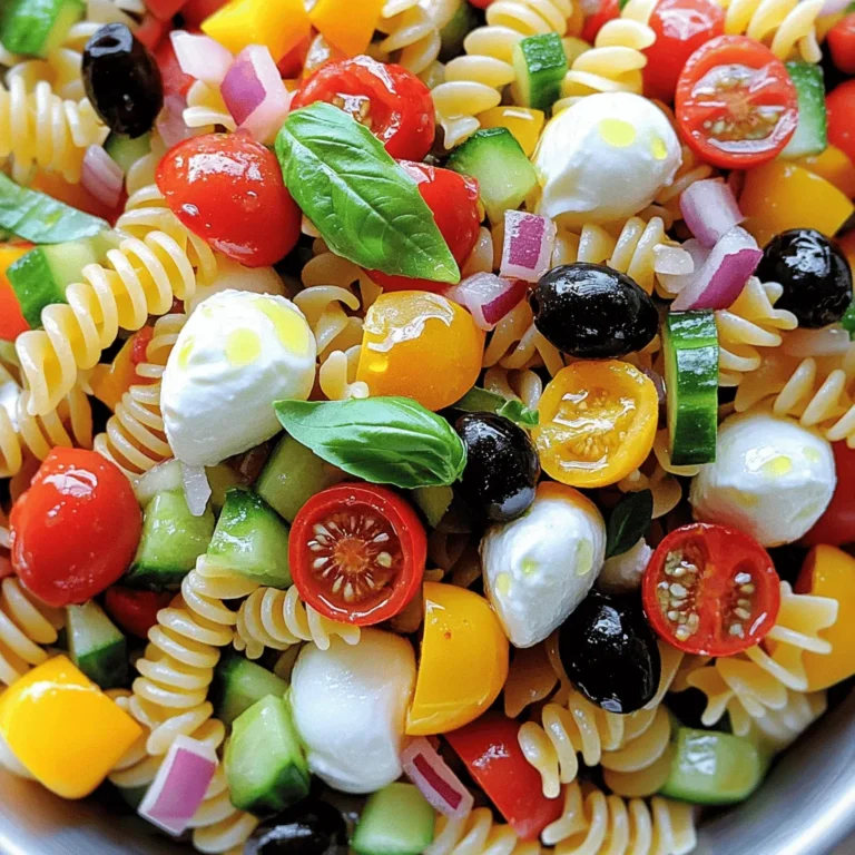 Creating a zesty Italian pasta salad starts with fresh and tasty ingredients. Here’s what you need: - Fresh Produce: - 1 cup cherry tomatoes, halved - 1 cup cucumber, diced - 1/2 cup bell peppers (mix of red and yellow), diced - 1/4 cup red onion, finely chopped - 1/4 cup fresh basil leaves, torn into pieces - Pasta Selection: - 3 cups fusilli or rotini pasta - Dressing Components: - 1/4 cup extra virgin olive oil - 3 tablespoons red wine vinegar (or use apple cider vinegar for a milder taste) - 1 teaspoon garlic powder - 1 teaspoon dried oregano - Salt and pepper, to taste - Additional Ingredients: - 1/2 cup black olives, sliced - 1/2 cup fresh mozzarella balls (bocconcini), halved This recipe is a delightful mix of flavors. The fresh veggies add crunch, while the olive oil and vinegar bring tangy goodness. You can find the full recipe above to guide you through each step in detail. Enjoy the bright colors and tastes that make this pasta salad a summer favorite! To make the best Zesty Italian Pasta Salad, we must start with the pasta. First, fill a large pot with water. Add a good amount of salt. This step helps flavor the pasta while it cooks. Bring the water to a rolling boil. Once it’s boiling, add 3 cups of fusilli or rotini pasta. Cook it according to the package instructions until it is al dente. Al dente means the pasta is firm yet tender, perfect for salads. When the pasta is done, drain it in a colander. Rinse it under cold water right away. This stops the cooking process and cools the pasta quickly. Cooling is important for the best texture. While the pasta cooks, let’s prepare the fresh vegetables. Start by chopping 1 cup of cherry tomatoes in half. Next, take 1 cup of cucumber and dice it into small pieces. For the bell peppers, use a mix of red and yellow. Dice 1/2 cup of them as well. Chop 1/4 cup of red onion finely. This will add a nice crunch and flavor. Then, grab 1/2 cup of black olives and slice them. Don’t forget about the mozzarella! Halve 1/2 cup of fresh mozzarella balls. These creamy bites will balance the salad nicely. Now, let’s make the dressing. In a small mixing bowl, add 1/4 cup of extra virgin olive oil and 3 tablespoons of red wine vinegar. You can substitute apple cider vinegar if you want a milder taste. Next, mix in 1 teaspoon of garlic powder and 1 teaspoon of dried oregano. Season with salt and pepper to taste. Whisk all the ingredients together until smooth. Taste the dressing! If you want more zing, add a bit more vinegar or salt. Adjust the flavor until it’s just right for your salad. For the full recipe, check the details at the beginning. Now that you have all the components ready, you’re set to combine them into a vibrant dish. To keep the pasta from becoming mushy, cook it just right. Use a big pot with plenty of water. Add a good amount of salt to the water. This step is key for flavor. Follow the package instructions for cooking time. You want the pasta firm but not hard. This is called al dente. After draining the pasta, rinse it under cold water. This stops the cooking process. It also cools the pasta down quickly. Rinsing helps maintain a nice texture. To add some zing, consider using spices. Garlic powder and dried oregano work wonders. You can also try a pinch of red pepper flakes for heat. If you want more flavor, add artichokes or sun-dried tomatoes. These ingredients add depth and variety. Don't be afraid to experiment with fresh herbs, too. They can brighten up the dish. For a vibrant display, use a colorful bowl. Garnish the pasta salad with fresh basil leaves. This adds a lovely touch and extra flavor. You can serve this salad cold or at room temperature. Pair it with grilled chicken or fish for a complete meal. It also goes well with a light white wine or sparkling water. This salad is perfect for summer picnics or barbecues. Remember, the more colorful the ingredients, the more inviting the dish! For the full recipe, check out the Zesty Italian Pasta Salad. {{image_4}} How to make it gluten-free To make this pasta salad gluten-free, simply swap regular pasta for gluten-free pasta. Many brands offer gluten-free fusilli or rotini made from rice or corn. They taste great, and you won’t miss the gluten! Vegetarian vs. vegan options This salad is naturally vegetarian since it includes cheese. To make it vegan, you can replace mozzarella with avocado or use vegan cheese. Both options keep the dish creamy and tasty. Incorporating seasonal vegetables Using seasonal produce can enhance your salad's taste. In summer, add fresh zucchini or grilled asparagus. In fall, try roasted butternut squash or diced sweet potatoes. These veggies bring new textures and flavors. Dressing variations based on availability Feel free to switch up the dressing! If you can’t find red wine vinegar, use lemon juice for a bright twist. You can also mix in herbs like dill or parsley for extra freshness. Choosing different pasta shapes or types Experiment with various pasta shapes. Short shapes, like penne or shells, work well and hold the dressing nicely. You can also use long pasta like spaghetti for a fun twist. Whole grain or legume-based options For a healthier choice, opt for whole grain pasta. It adds fiber and nutrients. Legume-based pasta, made from chickpeas or lentils, offers protein and a unique flavor. Both options make your salad hearty and satisfying. For the full recipe, check out the Zesty Italian Pasta Salad instructions above! After enjoying your Zesty Italian Pasta Salad, you may have some leftovers. First, let the salad cool to room temperature. Then, transfer it to an airtight container. This method helps keep the flavors fresh. In the fridge, it stays good for about three days. Always check for any changes in color or smell before eating. Yes, you can freeze this pasta salad! To freeze, pack it in a freezer-safe container. Leave some space at the top, as the salad may expand. It's best to use a container with a tight lid to avoid freezer burn. You can keep it in the freezer for up to three months. However, note that some ingredients may change texture after thawing. To refresh your pasta salad, let it thaw in the fridge overnight. Once thawed, give it a good mix to combine the flavors. If it seems dry, add a splash of olive oil or vinegar. Avoid using a microwave, as it can make the pasta soggy. Instead, serve it cold or at room temperature for the best taste. You can keep Zesty Italian Pasta Salad in the fridge for about 3 to 5 days. Make sure to store it in an airtight container. This will keep your salad fresh and tasty. After a few days, the flavors may change. The veggies might get soggy, so eat it sooner for the best taste. Yes, you can make this salad a day ahead. In fact, making it early can improve the flavor. The dressing will soak into the pasta and veggies overnight, making each bite more delicious. Just be sure to store it in the fridge. Before serving, give it a quick toss to mix everything again. For Zesty Italian Pasta Salad, I recommend using fusilli or rotini pasta. These shapes hold the dressing well and catch bits of veggies. They also add a fun twist to each bite. You can try other types too, like penne or bowtie pasta, but keep the cooking time in mind. Cook your pasta al dente for the best texture. In this blog post, we explored how to make Zesty Italian Pasta Salad. We covered all the key ingredients, including fresh produce and pasta choices. You learned step-by-step instructions for cooking pasta and prepping vegetables. Plus, we shared tips for enhancing flavor and serving your dish nicely. As you create your pasta salad, enjoy experimenting with variations and finding what you love. This dish is versatile and can fit any occasion. Your next potluck or picnic will shine with this refreshing recipe!