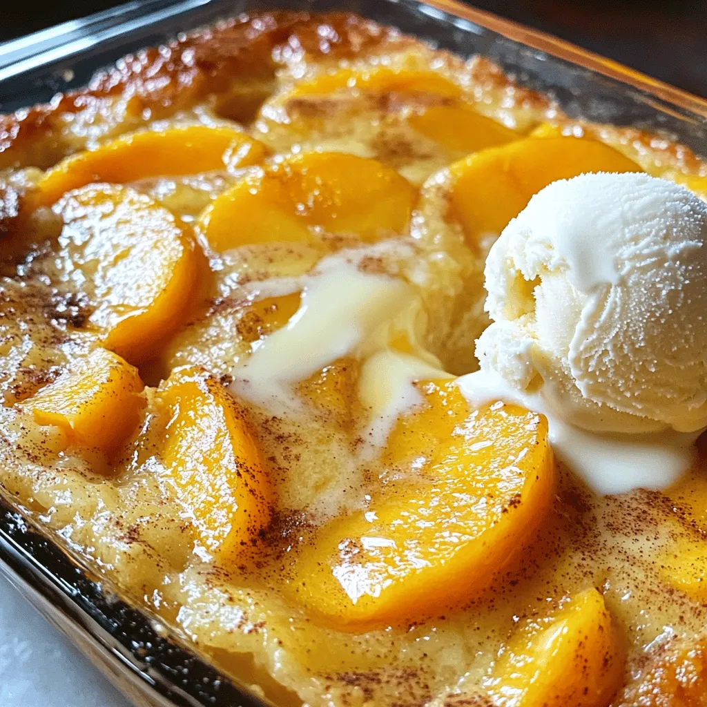 - Peaches: Use 4 ripe peaches. Peel and slice them thin. Fresh peaches work best. - Sugar: You need 1 cup of granulated sugar, divided. This sweetens the peaches and the batter. - Butter: Use 1/2 cup of unsalted butter, melted. Unsalted butter helps control the salt level. - Flour: All-purpose flour is best. It gives the pudding a nice texture. - Additional Ingredients: - 1 tablespoon baking powder for rise. - 1/2 teaspoon salt to balance flavors. - 1 cup milk for moisture. - 1 teaspoon vanilla extract for extra flavor. - 1/2 teaspoon ground cinnamon to add warmth. This recipe is simple and uses common items found in most kitchens. You can find the Full Recipe at the top of this article. First, set your oven to 350°F (175°C). This temperature gives the pudding a nice, golden finish. While the oven heats, grease a 9x13 inch baking dish with butter. This step helps prevent the pudding from sticking, making it easy to serve later. Next, peel and slice 4 ripe peaches. In a large bowl, combine the peach slices with 1/2 cup of granulated sugar. Toss gently to coat each piece. Let the peaches sit for about 10-15 minutes. This marinating step allows the peaches to release their sweet juices. The syrup adds great flavor to the pudding. In another bowl, mix 1/2 cup melted unsalted butter, 1 cup all-purpose flour, 1 tablespoon baking powder, and 1/2 teaspoon salt. Add the remaining 1/2 cup of sugar, 1 cup of milk, 1 teaspoon vanilla extract, and 1/2 teaspoon ground cinnamon. Whisk everything together until you have a smooth batter. Look for a consistency that is thick but pourable. Now, pour the batter evenly into the greased baking dish. Be careful not to stir the batter. Next, layer the marinated peach slices on top of the batter. Allow the sweet juices to drizzle down into the batter. This will create a delicious mix as it bakes. Place the baking dish in the preheated oven. Bake for 35-40 minutes. Keep an eye on it, and check for doneness by inserting a toothpick into the center. It should come out clean when the pudding is ready. The top will turn a lovely golden brown. After baking, remove the pudding from the oven. Let it cool for about 10 minutes before serving. Allowing it to rest helps the flavors meld together. It also makes it easier to cut and serve. Enjoy this delightful dish warm, perhaps with a scoop of ice cream or whipped cream on top for extra joy. To make the best Tennessee Peach Pudding, avoid common mistakes. One common error is overmixing the batter. Mix just until smooth. Check the consistency of the batter. It should be thick but pourable. If it’s too runny, add a touch more flour. You can enhance the flavor by adding spices or extracts. A pinch of nutmeg adds warmth. You can also use almond extract for a twist. Adjust the sweetness to your taste. If you like it sweeter, add more sugar. Serve your pudding warm with ice cream or whipped cream on top. The cold cream melts into the warm pudding. It creates a delicious mix. For presentation, sprinkle some cinnamon on top. You can also add a sprig of mint for color. This adds a nice touch and makes it look fancy. {{image_4}} You can change the fruit in Tennessee Peach Pudding. Other stone fruits work great. Plums, nectarines, and cherries all taste amazing. They bring unique flavors and textures. You can also use seasonal fruits. In summer, try berries or figs. In fall, apples or pears can add a nice twist. This adds fun and variety to your dish. If you need gluten-free options, use almond or coconut flour instead of all-purpose flour. Both give a nice flavor and texture. You can also reduce sugar. Try using less sugar or natural sweeteners like honey or maple syrup. This will make your pudding healthier but still tasty. You can serve this pudding in different ways. Individual servings look fancy and are easy to share. Use small ramekins or cups for a personal touch. Family style is great for gatherings. Serve from a large dish so everyone can help themselves. You can make this pudding ahead of time. Just keep it in the fridge until you’re ready to serve. This makes it easy for busy days or special occasions. To store leftover pudding, let it cool completely first. Place it in an airtight container. This helps keep it fresh. You can store it in the fridge for up to four days. I recommend using glass or plastic containers with tight lids. They help prevent any odors from other foods affecting your pudding. If you want to save it longer, you can freeze it. Slice the pudding into portions for easy thawing. Wrap each piece tightly in plastic wrap. After that, place them in a freezer-safe bag. This way, it can last for about three months. When you're ready to eat, defrost the pudding in the fridge overnight or on your counter for a few hours. When it’s time to enjoy your pudding again, you can reheat it. The microwave is quick and easy. Heat it in short bursts, checking often to avoid overheating. If you prefer the oven, preheat it to 350°F (175°C). Place the pudding in an oven-safe dish and cover it with foil. This keeps it moist. Bake for about 10-15 minutes. Either way, aim to keep the texture soft and the flavor bright. Tennessee Peach Pudding is a warm, sweet dessert made with fresh peaches. You layer the peaches with a simple batter, bake it, and enjoy its deliciousness. The pudding has a soft, cake-like texture and a sweet, fruity flavor that reminds you of summer. Yes, you can use frozen peaches. Just make sure you thaw and drain them first. Fresh peaches give a better taste, but frozen peaches work well too. They are convenient and save time during the busy summer months. Tennessee Peach Pudding lasts about 3 to 5 days in the fridge. Store it in an airtight container to keep it fresh. Reheat individual portions in the microwave for a quick treat. You can make this recipe vegan by using plant-based milk and a vegan butter substitute. Replace the eggs with flaxseed meal mixed with water for extra binding. This way, you can enjoy a tasty vegan version of this classic dish. Tennessee Peach Pudding pairs nicely with vanilla ice cream or whipped cream. You can also serve it with a scoop of yogurt for a tangy touch. For a fun twist, try it with a sprinkle of cinnamon or nuts on top. This adds extra flavor and crunch. Tennessee Peach Pudding combines simple ingredients for a delicious treat. You learned about key ingredients like peaches, sugar, and butter. We explored step-by-step instructions to help you prepare it perfectly. I shared tips to enhance flavors and variations for different diets. Proper storage methods ensure your pudding stays fresh. Remember, this dessert can adapt to your taste and dietary needs. Enjoy creating your own version of this classic dish, and share it with friends and family. You'll love how easy it is to make!