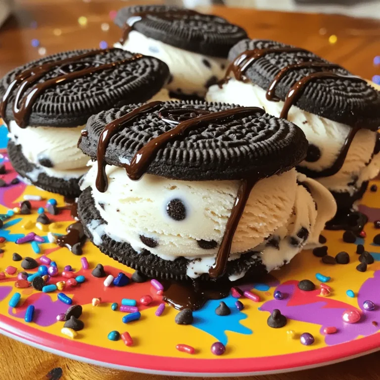 Here’s what you need to create your Oreo ice cream sandwiches. Gather these simple items for a fun treat: - 24 Oreo cookies - 2 cups vanilla ice cream, softened - 1/2 cup mini chocolate chips - 1/2 cup chopped nuts (optional) - Chocolate syrup Having these ingredients ready makes the process smooth and easy. The Oreo cookies provide a sweet, crunchy base. The vanilla ice cream gives a creamy, smooth filling. Mini chocolate chips add little bursts of flavor. If you like nuts, they give a nice crunch. The chocolate syrup is the final touch that makes these sandwiches special. Make sure to use high-quality ice cream. It really makes a difference in taste. You can also mix things up by using different ice cream flavors or add-ins. This recipe is not just about how it tastes; it's about the fun of making it too! Check out the Full Recipe for step-by-step guidance. - Laying out the Oreo base: Start with 12 Oreo cookies. Place them on a flat surface. Make sure the cream side is facing up. This forms the base for your sandwiches. Having a clean area helps keep things neat. - Preparing the ice cream mixture: In a bowl, mix 2 cups of softened vanilla ice cream. Add in 1/2 cup of mini chocolate chips. If you want crunch, include 1/2 cup of chopped nuts. Stir until everything blends well. This step ensures each bite is creamy and fun. - Portioning the ice cream: Use a spoon or an ice cream scoop. Take about 2 tablespoons of the mixture. Place it on each Oreo cookie. Spread it evenly, so each sandwich has the same amount of ice cream. - Pressing the cookies together: Take another Oreo cookie. Position it cream side down. Gently press it onto the ice cream. This forms the perfect sandwich. Repeat until all the cookies are used. You should have 12 tasty sandwiches now. - Wrapping the sandwiches: Grab plastic wrap or parchment paper. Wrap each sandwich individually. This keeps them fresh and avoids freezer burn. - Recommended chilling time: Place the wrapped sandwiches in the freezer. Let them chill for at least 2 hours. This time helps the ice cream set. When ready to eat, unwrap and enjoy! Don't forget to drizzle with chocolate syrup for extra flavor. To get the best Oreo ice cream sandwiches, start with the ice cream. You want it soft but not melted. Take the ice cream out of the freezer for about 10-15 minutes. This helps it become spreadable. If you skip this step, scooping and spreading will be tough. Next, balance the mix. I add mini chocolate chips and nuts for crunch. You can adjust the amount based on your taste. Too much will make it hard to spread. Too little might make it bland. A good rule is to keep the mix simple but tasty. How you serve these sandwiches matters! Place them on a bright plate. You can even use a rustic slate for a cool look. To make them pop, add colorful sprinkles or extra mini chocolate chips around the sandwiches. This makes it fun and eye-catching. You can also cut the sandwiches in half. This lets people see the layers inside. Plus, it makes them easier to eat. It’s a nice touch for parties or gatherings! The best time to serve these treats is right after they come out of the freezer. Let them sit for a few minutes. This makes them easier to bite into. If you want to make them extra special, drizzle some chocolate syrup on top. You can serve these with milk or coffee for a classic combo. Ice cream floats or fruit salads also pair well with your Oreo creations. Enjoy experimenting with different flavors! {{image_4}} You can easily make vegan Oreo ice cream sandwiches. For ice cream, look for dairy-free options. Many brands offer coconut, almond, or cashew-based ice creams. These taste great and are creamy. For cookies, choose vegan Oreo cookies. Check the label to ensure they are dairy-free. You can also use homemade vegan cookies. A simple recipe with flour, sugar, and coconut oil works well. If you need gluten-free options, many brands sell gluten-free cookies. Look for brands like Glutino or K-Toos. These taste just like regular cookies. For ice cream, most plain flavors are gluten-free. Vanilla or chocolate ice cream works great. Always check the label for gluten-free certification. You can switch up the ice cream flavor for a new twist. Try mint chocolate chip, cookie dough, or strawberry. Each flavor adds a fun taste to your sandwich. Add mix-ins to your ice cream for more fun. Consider mini marshmallows, crushed candy bars, or sprinkles. These additions make your sandwiches even more exciting. To keep your Oreo ice cream sandwiches fresh, wrap each sandwich tightly. Use plastic wrap or parchment paper. This helps keep air out and prevents freezer burn. After wrapping, place the sandwiches in an airtight container. This adds an extra layer of protection. Store your sandwiches in the freezer for up to three weeks. They will taste best when eaten fresh, but they can last longer. Look for signs of spoilage like ice crystals or a dry texture. If you see these, it’s time to toss them. For the best texture, thaw your sandwiches for about five minutes. This makes them softer and easier to bite into. Avoid using a microwave, as it can make them too mushy. Instead, leave them at room temperature. Enjoy them while they are still cold for a perfect treat. To make Oreo Ice Cream Sandwiches, follow these simple steps. Start with 24 Oreo cookies. Lay 12 cookies cream side up. Mix 2 cups of softened vanilla ice cream with 1/2 cup mini chocolate chips. Optionally, add 1/2 cup chopped nuts. Spoon 2 tablespoons of the ice cream mix onto each Oreo. Press another Oreo on top, cream side down. Wrap each sandwich in plastic wrap and freeze for at least 2 hours. Drizzle with chocolate syrup before serving. Vanilla ice cream is a classic choice for this recipe. It blends well with Oreo cookies. Other popular flavors include: - Cookies and cream - Chocolate - Mint chocolate chip - Strawberry Each brings its own twist to the sandwich. Yes, you can use other cookies! Some fun alternatives include: - Chocolate chip cookies - Peanut butter cookies - Ginger snaps These options allow you to create new flavors and textures. Experiment to find your favorite! You can make delicious Oreo ice cream sandwiches easily. The post shared key ingredients, step-by-step instructions, and helpful tips. You learned how to create and store these treats. Try different flavors or toppings for unique versions. Enjoy serving them during warm days or special events. Let your creativity shine while making and sharing these sweet snacks!