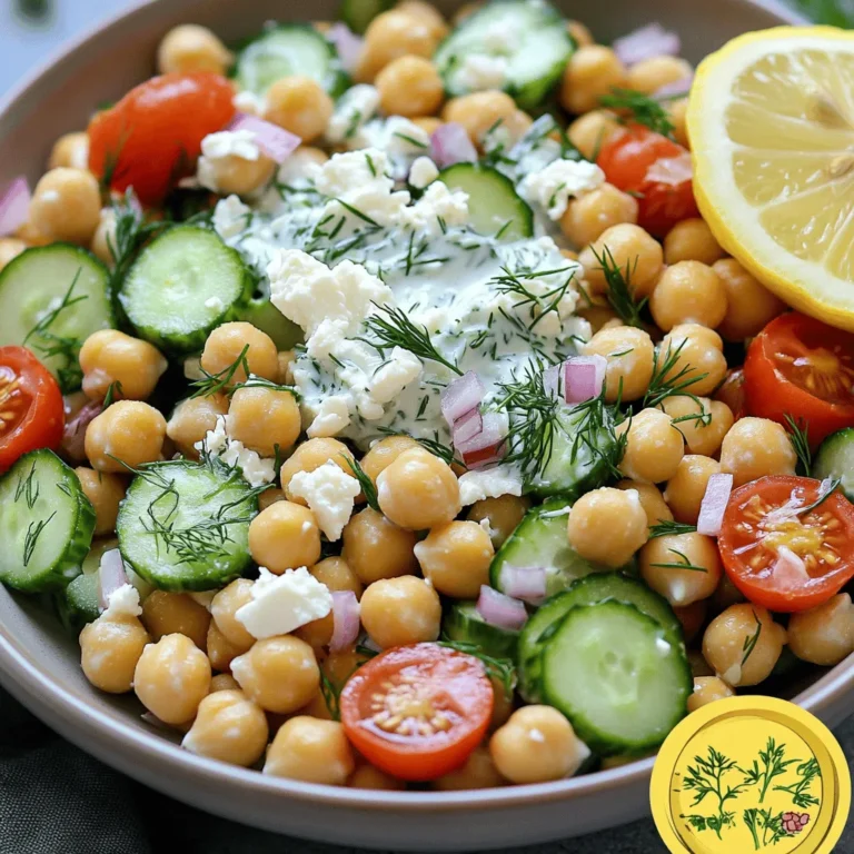 For a tasty Tzatziki Chickpea Salad, gather these ingredients: - 1 can (15 oz) chickpeas, thoroughly drained and rinsed under cold water - 1 medium cucumber, diced into small cubes - 1 cup cherry tomatoes, halved - ½ medium red onion, finely chopped - 1 cup plain Greek yogurt (non-fat or full-fat based on preference) - 1 garlic clove, minced finely - 2 tablespoons fresh dill, finely chopped - 2 tablespoons freshly squeezed lemon juice - Salt and freshly ground black pepper to taste - 1 tablespoon extra virgin olive oil - Optional: ¼ cup feta cheese, crumbled, for an added touch of flavor I always prefer fresh ingredients. They add bright flavors and better textures. Fresh cucumbers and tomatoes bring crunch and juiciness. Dried herbs can work in a pinch, but they lack that vibrant taste. Fresh dill is key in this salad. It gives a lovely, herbal note that pairs well with the yogurt. Want to make it your own? You can add extras! Crumbled feta cheese gives a salty bite. Avocado adds creaminess and healthy fats. You can also try roasted red peppers for a sweet, smoky flavor. Just remember, the more you add, the more fun your salad gets! You can find the full recipe above for more details. Start by gathering all your ingredients. You will need chickpeas, cucumber, cherry tomatoes, red onion, Greek yogurt, garlic, dill, lemon juice, salt, pepper, and olive oil. Drain and rinse the chickpeas well. Dice the cucumber into tiny cubes. Cut the cherry tomatoes in half and finely chop the red onion. This step sets the stage for a fresh salad. In a large mixing bowl, toss the chickpeas, cucumber, cherry tomatoes, and red onion together. Mix them gently. In a separate bowl, whisk the Greek yogurt, minced garlic, chopped dill, lemon juice, olive oil, salt, and pepper. You want a creamy and smooth dressing. Pour this tzatziki dressing over the chickpea mixture. Use a large spoon to toss everything together, ensuring a good coat of dressing. Let your salad sit for at least 15 minutes. This time allows the flavors to blend nicely. When ready to serve, use a large bowl. Top the salad with crumbled feta cheese for extra flavor. Garnish with fresh dill and lemon slices for a vibrant look. This salad delights with its fresh taste and lovely colors. For the complete recipe, check out the full recipe. To make your Tzatziki Chickpea Salad pop, you can add more spices. Try a pinch of cumin or paprika. Fresh herbs like parsley or mint can brighten the dish too. You can even swap dill for mint for a fresh twist. If you love heat, add chopped jalapeños or a dash of hot sauce. These small changes can make a big impact on flavor. One common mistake is not draining chickpeas well. If you skip this step, your salad can get watery. Another mistake is using too much salt too early. Taste as you go to find the right balance. Avoid letting the salad sit too long before serving. The longer it sits, the soggier it gets. Lastly, don’t skip the resting time. This helps the flavors blend nicely. You can prepare the salad a day ahead. Just keep the dressing separate until you are ready to serve. This keeps everything fresh and crunchy. If you want to store leftovers, put them in an airtight container. It’s best to eat the salad within two days for the best taste. You can also add fresh toppings like feta or herbs just before serving. This keeps them bright and tasty. {{image_4}} To make a vegan version, swap Greek yogurt for a plant-based yogurt. Choose a creamy option, like almond or coconut yogurt. This keeps the salad rich and flavorful. You can also add extra herbs, like parsley or mint, for a fresh taste. This version is perfect for those who love plant-based meals. For a Mediterranean twist, add ingredients like olives and bell peppers. Green or black olives give a salty burst. Chopped bell peppers add crunch and sweetness. You can also sprinkle some capers for a briny kick. These additions bring more color and flavor to the salad, making it even more enjoyable. If you like heat, add some diced jalapeños or a pinch of cayenne pepper. This adds a fun kick to the dish. You can also drizzle some hot sauce over the top before serving. This spicy version will wake up your taste buds and make the salad more exciting. It’s a great way to enjoy the classic salad with a new flair. To store your Tzatziki Chickpea Salad, place it in a clean container. Seal it tightly to keep out air. Leftovers stay fresh in the fridge for up to three days. Make sure to stir the salad before serving again. This helps mix the flavors back together. I do not recommend freezing Tzatziki Chickpea Salad. The yogurt may separate and lose its creamy texture when thawed. If you want to make it ahead of time, prepare the salad without the dressing. Store the chickpeas and veggies in the fridge. Add the tzatziki dressing right before serving for the best taste. Choose airtight containers for storing your salad. Glass or BPA-free plastic containers work well. If you have smaller portions, use mason jars. They keep the salad fresh and make for easy grab-and-go meals. Don't forget to label your containers with the date so you know when to enjoy them. Yes, you can use canned chickpeas. They save time and are easy to find. Just make sure to drain and rinse them well before using. This helps remove extra sodium and ensures a fresher taste in your salad. Tzatziki Chickpea Salad can last up to three days in the fridge. Store it in an airtight container to keep it fresh. The flavors improve as it sits, but the veggies may lose some crunch. This salad pairs well with grilled chicken or fish. You can also serve it with pita bread or fresh veggies for dipping. It makes a great side dish for barbecues or picnics. For a full recipe, check out the complete guide. This blog post covered how to make a tasty Tzatziki Chickpea Salad. You learned about ingredients, preparation steps, tips to enhance flavor, and safe storage. You also discovered fun variations to try. Remember, use fresh ingredients for the best taste. Don't be afraid to get creative with add-ins. Enjoy your salad now or later. Happy cooking!