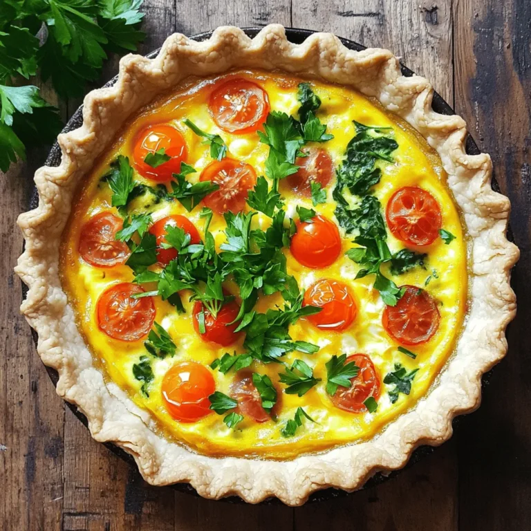- 1 pre-made 9-inch pie crust - 6 large eggs - 1 cup whole milk For this quiche, I use a pre-made pie crust. It saves time and gives a nice crunch. Next, I add large eggs and whole milk. These create a rich and creamy base that holds everything together. - 1 cup cooked turkey bacon, chopped into bite-sized pieces - 1 cup cherry tomatoes, halved - 1 cup fresh spinach, chopped - 1 cup shredded cheddar cheese The flavor comes from turkey bacon, cherry tomatoes, fresh spinach, and cheddar cheese. Turkey bacon gives a smoky taste. Cherry tomatoes add sweetness, while spinach brings freshness. Cheddar cheese melts wonderfully, making the quiche extra tasty. - 1 teaspoon garlic powder - 1 teaspoon onion powder - Salt and pepper to taste Seasoning is key for a great quiche. I use garlic powder and onion powder for depth. Adding salt and pepper enhances all the flavors. This blend makes every bite delicious. You can check the [Full Recipe] for more details on this savory dish. - Preheat the oven to 375°F (190°C). - Fit the pie crust into the pie dish. To start, you need to preheat your oven. This step is key to getting that perfect, fluffy texture in your quiche. Next, take your pre-made pie crust and carefully fit it into a 9-inch pie dish. Press it gently against the sides to make it even. Set it aside while you prepare the filling. - Whisk eggs and whole milk. - Incorporate garlic powder, onion powder, salt, and pepper. In a large mixing bowl, break open six large eggs. Pour in one cup of whole milk. Whisk them together until the mixture is smooth. This will be the base of your quiche. Now, add one teaspoon of garlic powder and one teaspoon of onion powder. Don't forget to season with salt and pepper to taste. Stir well to mix in all the flavors. - Fold in bacon, tomatoes, spinach, and cheese. - Pour the mixture into the crust. Now comes the fun part! Gently fold in the cooked turkey bacon, halved cherry tomatoes, chopped spinach, and shredded cheddar cheese. Make sure everything is evenly mixed. Then, pour this mixture into the prepared pie crust. Use a spatula to spread the ingredients evenly. This helps them cook nicely. - Bake for 35-40 minutes. - Check for doneness with a toothpick. Place your quiche in the preheated oven. Bake it for about 35 to 40 minutes. You want it to puff up and turn golden brown. To check if it’s done, insert a toothpick into the center. If it comes out clean, your quiche is ready. Enjoy this savory dish, and for the full recipe, be sure to check the details provided earlier. Getting the egg and milk ratio right is key. I use six large eggs and one cup of whole milk. This mix gives the quiche a creamy texture. Too much milk will make it runny, while too few eggs can lead to a dry quiche. After baking, let the quiche cool for about ten minutes. Cooling makes slicing much easier. If you cut it right away, it may fall apart. For sides, I love serving my quiche with a fresh green salad. The crispness of the salad complements the rich quiche. Another great option is fruit. Try fresh berries or sliced melons for a sweet touch. When it comes to seasonings, fresh herbs like basil or chives can really enhance the flavors. A sprinkle of smoked paprika can add a nice depth too. Serve each slice on a colorful plate for a fun look. Garnish with extra cherry tomato halves and a sprig of parsley. This adds color and makes it more appealing. For a pop of color, consider using a bright salad alongside the quiche. The mix of green, red, and yellow will catch the eye. It makes a simple meal look fancy with little effort. You can find the full recipe to create this beautiful dish and impress your guests! {{image_4}} You can make a crustless BLT quiche easily. Just skip the pie crust. Grease your pie dish with oil or butter. Then, pour your filling directly into the dish. Bake it the same way as the regular quiche. The crustless version is lighter and gluten-free. It saves time, too. You won’t have to roll out dough or worry about a soggy crust. Plus, it keeps the focus on the tasty filling. You can mix things up with different proteins. Try using ham or crispy pancetta instead of turkey bacon. Each protein adds its own flavor. You can also change up the veggies. Bell peppers add sweetness, while zucchini offers a mild taste. Feel free to get creative and use what you have on hand. If you want a low-fat quiche, use skim milk instead of whole milk. You can also reduce the amount of cheese. This keeps the quiche tasty without all the fat. For a gluten-free option, look for a gluten-free pie crust. Many stores offer these now. You can even make your own with almond flour or oat flour. This way, everyone can enjoy your quiche! For the full recipe, check out the detailed instructions above. To store leftover quiche, let it cool completely. This helps keep moisture in check. Place it in an airtight container. A glass or plastic container works great. Make sure to wrap it tightly with plastic wrap too. This keeps the flavors fresh. Reheat your quiche in the oven for the best texture. Preheat the oven to 350°F (175°C). Place the quiche in the oven for about 15-20 minutes. If you're in a hurry, you can use the microwave. Heat it for 1-2 minutes, but keep an eye on it. The crust may lose its crunch in the microwave. To freeze quiche, wrap it well in plastic wrap and then in foil. It keeps well for about 2-3 months. When you’re ready to eat, take it out of the freezer. Place it in the fridge to thaw overnight. For reheating, follow the same oven method as before. This ensures your quiche tastes just as good as fresh. To keep your quiche from being watery, control the moisture in your ingredients. Use dry turkey bacon and pat it with a towel to absorb grease. For vegetables, like spinach and tomatoes, squeeze out excess water before adding them. This simple step prevents sogginess. Baking the quiche properly also helps. A preheated oven allows the egg mixture to set quickly, locking in flavors without extra moisture. Yes, you can prepare your quiche the night before. To do this, assemble your quiche as normal. Cover it tightly with plastic wrap or foil and refrigerate. This way, the flavors meld together overnight. When ready to bake, remove it from the fridge and let it sit for about 15 minutes. This helps it cook evenly. Bake according to the instructions in the Full Recipe for a delicious breakfast or brunch! If you want an alternative to turkey bacon, try regular bacon for a richer flavor. For a vegetarian option, use mushrooms or tempeh. Both add great texture and taste to your quiche. You could also use smoked tofu for a unique twist. Each of these options brings its own flavor, so choose what you like best. You can tell your quiche is done when it’s puffed and golden on top. Insert a toothpick into the center; it should come out clean. If it has some egg mixture on it, bake for a few more minutes and check again. It’s important to let it cool for about 10 minutes after baking. This resting time makes slicing easier and helps the filling set. BLT quiche is a tasty dish that mixes flavors and textures. We covered key ingredients like pie crust, eggs, milk, turkey bacon, and veggies. The step-by-step guide helps you bake it perfectly, while tips on storing and reheating keep it fresh for later. You can even switch up the ingredients for new twists. Remember, cooking is about experimenting. Enjoy your time in the kitchen, and don’t be afraid to make it your own!