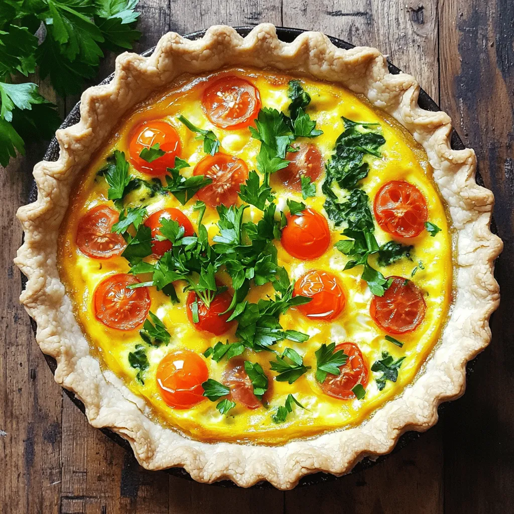 - 1 pre-made 9-inch pie crust - 6 large eggs - 1 cup whole milk For this quiche, I use a pre-made pie crust. It saves time and gives a nice crunch. Next, I add large eggs and whole milk. These create a rich and creamy base that holds everything together. - 1 cup cooked turkey bacon, chopped into bite-sized pieces - 1 cup cherry tomatoes, halved - 1 cup fresh spinach, chopped - 1 cup shredded cheddar cheese The flavor comes from turkey bacon, cherry tomatoes, fresh spinach, and cheddar cheese. Turkey bacon gives a smoky taste. Cherry tomatoes add sweetness, while spinach brings freshness. Cheddar cheese melts wonderfully, making the quiche extra tasty. - 1 teaspoon garlic powder - 1 teaspoon onion powder - Salt and pepper to taste Seasoning is key for a great quiche. I use garlic powder and onion powder for depth. Adding salt and pepper enhances all the flavors. This blend makes every bite delicious. You can check the [Full Recipe] for more details on this savory dish. - Preheat the oven to 375°F (190°C). - Fit the pie crust into the pie dish. To start, you need to preheat your oven. This step is key to getting that perfect, fluffy texture in your quiche. Next, take your pre-made pie crust and carefully fit it into a 9-inch pie dish. Press it gently against the sides to make it even. Set it aside while you prepare the filling. - Whisk eggs and whole milk. - Incorporate garlic powder, onion powder, salt, and pepper. In a large mixing bowl, break open six large eggs. Pour in one cup of whole milk. Whisk them together until the mixture is smooth. This will be the base of your quiche. Now, add one teaspoon of garlic powder and one teaspoon of onion powder. Don't forget to season with salt and pepper to taste. Stir well to mix in all the flavors. - Fold in bacon, tomatoes, spinach, and cheese. - Pour the mixture into the crust. Now comes the fun part! Gently fold in the cooked turkey bacon, halved cherry tomatoes, chopped spinach, and shredded cheddar cheese. Make sure everything is evenly mixed. Then, pour this mixture into the prepared pie crust. Use a spatula to spread the ingredients evenly. This helps them cook nicely. - Bake for 35-40 minutes. - Check for doneness with a toothpick. Place your quiche in the preheated oven. Bake it for about 35 to 40 minutes. You want it to puff up and turn golden brown. To check if it’s done, insert a toothpick into the center. If it comes out clean, your quiche is ready. Enjoy this savory dish, and for the full recipe, be sure to check the details provided earlier. Getting the egg and milk ratio right is key. I use six large eggs and one cup of whole milk. This mix gives the quiche a creamy texture. Too much milk will make it runny, while too few eggs can lead to a dry quiche. After baking, let the quiche cool for about ten minutes. Cooling makes slicing much easier. If you cut it right away, it may fall apart. For sides, I love serving my quiche with a fresh green salad. The crispness of the salad complements the rich quiche. Another great option is fruit. Try fresh berries or sliced melons for a sweet touch. When it comes to seasonings, fresh herbs like basil or chives can really enhance the flavors. A sprinkle of smoked paprika can add a nice depth too. Serve each slice on a colorful plate for a fun look. Garnish with extra cherry tomato halves and a sprig of parsley. This adds color and makes it more appealing. For a pop of color, consider using a bright salad alongside the quiche. The mix of green, red, and yellow will catch the eye. It makes a simple meal look fancy with little effort. You can find the full recipe to create this beautiful dish and impress your guests! {{image_4}} You can make a crustless BLT quiche easily. Just skip the pie crust. Grease your pie dish with oil or butter. Then, pour your filling directly into the dish. Bake it the same way as the regular quiche. The crustless version is lighter and gluten-free. It saves time, too. You won’t have to roll out dough or worry about a soggy crust. Plus, it keeps the focus on the tasty filling. You can mix things up with different proteins. Try using ham or crispy pancetta instead of turkey bacon. Each protein adds its own flavor. You can also change up the veggies. Bell peppers add sweetness, while zucchini offers a mild taste. Feel free to get creative and use what you have on hand. If you want a low-fat quiche, use skim milk instead of whole milk. You can also reduce the amount of cheese. This keeps the quiche tasty without all the fat. For a gluten-free option, look for a gluten-free pie crust. Many stores offer these now. You can even make your own with almond flour or oat flour. This way, everyone can enjoy your quiche! For the full recipe, check out the detailed instructions above. To store leftover quiche, let it cool completely. This helps keep moisture in check. Place it in an airtight container. A glass or plastic container works great. Make sure to wrap it tightly with plastic wrap too. This keeps the flavors fresh. Reheat your quiche in the oven for the best texture. Preheat the oven to 350°F (175°C). Place the quiche in the oven for about 15-20 minutes. If you're in a hurry, you can use the microwave. Heat it for 1-2 minutes, but keep an eye on it. The crust may lose its crunch in the microwave. To freeze quiche, wrap it well in plastic wrap and then in foil. It keeps well for about 2-3 months. When you’re ready to eat, take it out of the freezer. Place it in the fridge to thaw overnight. For reheating, follow the same oven method as before. This ensures your quiche tastes just as good as fresh. To keep your quiche from being watery, control the moisture in your ingredients. Use dry turkey bacon and pat it with a towel to absorb grease. For vegetables, like spinach and tomatoes, squeeze out excess water before adding them. This simple step prevents sogginess. Baking the quiche properly also helps. A preheated oven allows the egg mixture to set quickly, locking in flavors without extra moisture. Yes, you can prepare your quiche the night before. To do this, assemble your quiche as normal. Cover it tightly with plastic wrap or foil and refrigerate. This way, the flavors meld together overnight. When ready to bake, remove it from the fridge and let it sit for about 15 minutes. This helps it cook evenly. Bake according to the instructions in the Full Recipe for a delicious breakfast or brunch! If you want an alternative to turkey bacon, try regular bacon for a richer flavor. For a vegetarian option, use mushrooms or tempeh. Both add great texture and taste to your quiche. You could also use smoked tofu for a unique twist. Each of these options brings its own flavor, so choose what you like best. You can tell your quiche is done when it’s puffed and golden on top. Insert a toothpick into the center; it should come out clean. If it has some egg mixture on it, bake for a few more minutes and check again. It’s important to let it cool for about 10 minutes after baking. This resting time makes slicing easier and helps the filling set. BLT quiche is a tasty dish that mixes flavors and textures. We covered key ingredients like pie crust, eggs, milk, turkey bacon, and veggies. The step-by-step guide helps you bake it perfectly, while tips on storing and reheating keep it fresh for later. You can even switch up the ingredients for new twists. Remember, cooking is about experimenting. Enjoy your time in the kitchen, and don’t be afraid to make it your own!