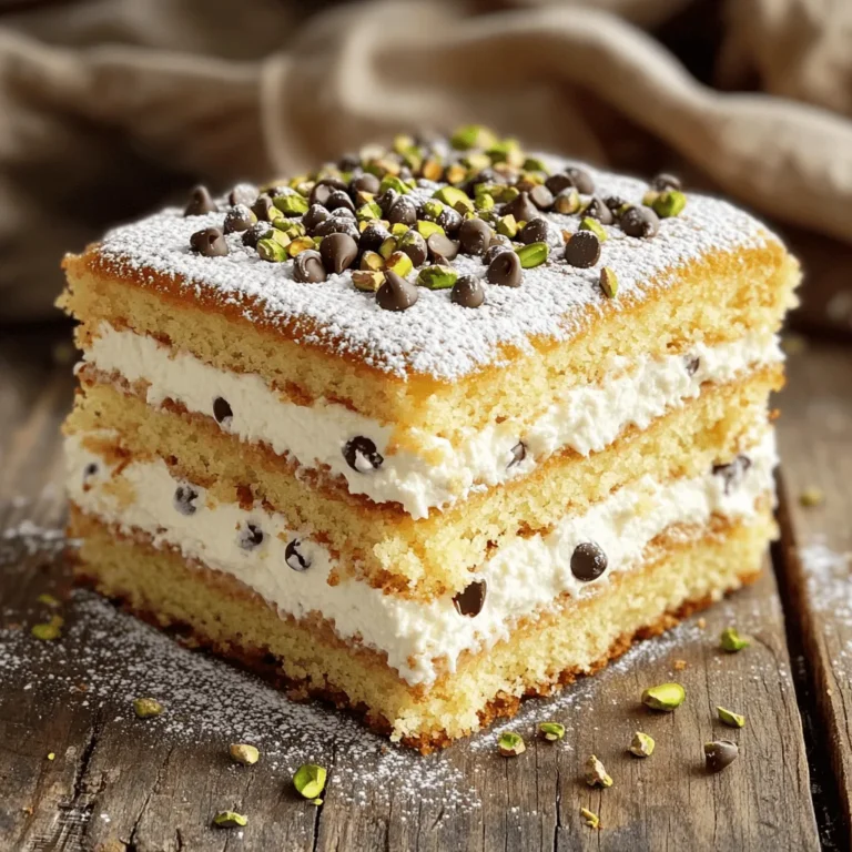 - 2 cups all-purpose flour - 1 ½ cups granulated sugar - ½ cup unsalted butter, softened - 1 cup creamy ricotta cheese - 3 large eggs, at room temperature - 1 tsp pure vanilla extract - 1 tsp baking powder - ½ tsp baking soda - ½ tsp salt - 1 tsp ground cinnamon - 1 cup mini chocolate chips - ½ cup crushed pistachios (for topping) - Powdered sugar (for dusting) To create a Cannoli Cake, use fresh ingredients. Fresh items bring out the best taste. Quality ricotta makes the cake creamy and rich. Fresh eggs help the cake rise well. I always suggest using high-quality vanilla extract. It enhances the flavor. You can make some substitutions if needed. For a dairy-free option, try almond or coconut milk yogurt instead of ricotta. You can also use dairy-free butter. These swaps keep the taste close to the original. Another option is to switch out regular flour for gluten-free flour. This helps those with gluten sensitivities enjoy the cake too. Whatever you choose, keep it fresh to ensure the best Cannoli Cake experience. Check the [Full Recipe] for more details. 1. Preheat the Oven: Start by preheating your oven to 350°F (175°C). 2. Prepare Cake Pans: Grease two 9-inch round cake pans with butter. Dust them with flour to help the cakes come out easily. 3. Cream the Butter and Sugar: In a large bowl, mix the softened butter and granulated sugar. Use an electric mixer for about 3-4 minutes until light and fluffy. 4. Incorporate Ricotta: Add the ricotta cheese to this mixture. Blend until it is smooth and free of lumps. 5. Mix in Eggs and Vanilla: Crack three large eggs into the bowl, mixing well after each. Add in the pure vanilla extract and combine. 6. Combine Dry Ingredients: In a separate bowl, whisk together the flour, baking powder, baking soda, salt, and cinnamon. 7. Combine Wet and Dry Mixtures: Gradually add the dry mix to the ricotta mix. Stir gently until just combined. Don’t overmix; some lumps are fine! 8. Fold in Chocolate Chips: With a spatula, fold in mini chocolate chips until they are spread throughout the batter. 9. Divide the Batter: Pour the batter evenly into the prepared pans. Smooth the tops with a spatula. - Baking Time and Temperature: Place the pans in the oven and bake for 25-30 minutes. - Check Doneness: To check if the cakes are done, insert a toothpick in the center. It should come out clean. 1. Cool the Cakes: After baking, take the cakes out and let them cool in the pans for about 10 minutes. Then, invert them onto wire racks to cool completely. 2. Layer the Cakes: Once cool, put one cake layer on a serving plate. Spread a layer of ricotta filling on top. You can mix powdered sugar with ricotta for sweetness. Place the second layer on top. 3. Frost: Use any leftover ricotta filling or whipped cream to frost the top and sides of the cake. 4. Garnish: For a lovely finish, sprinkle crushed pistachios on top. Dust it with powdered sugar before serving. For more details on the ingredients and the full recipe, check the [Full Recipe]. To get the best texture in your Cannoli Cake, avoid overmixing. Mix until the wet and dry ingredients just come together. You want some lumps to keep it light. Using room temperature ingredients is key. It helps everything blend smoothly, which gives the cake a fluffy texture. You can add spices or extracts for a unique twist. Try adding a pinch of nutmeg or almond extract for extra flavor. These small changes can make your cake stand out. For serving, consider pairing it with fresh berries or a scoop of vanilla ice cream. These sides brighten the cake and add freshness. For the full flavor experience, try my Full Recipe for Cannoli Cake. {{image_4}} You can have fun with Cannoli Cake by changing the filling. While the classic ricotta is great, try adding chocolate or fruit. - Chocolate Filling: Mix in cocoa powder or melted chocolate for a rich taste. - Fruit Filling: Use pureed strawberries or raspberries for a fresh twist. You can also switch up the cake flavors. A lemon or almond cake base adds a new layer of taste. Want to mix up the frosting? Use whipped cream, cream cheese, or even a flavored buttercream. If you want a gluten-free version, swap regular flour for almond or coconut flour. You can also find gluten-free cake mixes. For a vegan Cannoli Cake, replace eggs with flax eggs and use vegan butter. Substitute ricotta with cashew cream or a store-bought vegan alternative. If you're cutting back on sugar, reduce the granulated sugar by half. You can also use natural sweeteners like honey or maple syrup. Just keep in mind that these may change the cake's texture. These variations help you enjoy Cannoli Cake while meeting different dietary needs. For the full recipe, check out the Cannoli Cake Delight section. To keep your Cannoli Cake fresh, store it in an airtight container. This will help prevent it from drying out and losing flavor. If you have leftovers, place them in the fridge. It is best to wrap each slice in plastic wrap before putting it in the container. For freezing, slice the cake first. Wrap each slice tightly in plastic wrap, then place them in a freezer-safe bag. This way, you can take out one slice at a time. When you want to enjoy a slice, let it thaw in the fridge overnight. Cannoli Cake can stay fresh in the fridge for about 4 to 5 days. If frozen, it can last up to 3 months. Always look for signs of spoilage. If the cake smells off or has a change in texture, it's best to toss it. Mold is a clear sign that the cake is no longer safe to eat. Enjoy your Cannoli Cake while it's fresh for the best taste! What is Cannoli Cake? Cannoli cake is a delightful dessert inspired by the classic Italian cannoli. It features layers of moist cake filled with a rich ricotta mixture. The cake often includes mini chocolate chips and hints of cinnamon, giving it a sweet and creamy flavor. Can I make Cannoli Cake ahead of time? Yes! You can make cannoli cake a day or two in advance. Just store it in the fridge. Keep it covered to maintain freshness. This also allows the flavors to blend nicely. How long does Cannoli Cake last in the refrigerator? Cannoli cake lasts about 3 to 5 days in the refrigerator. Make sure to cover it well. Check for any signs of spoilage before serving. Can I use other cheeses instead of ricotta? You can use mascarpone cheese if you want a richer taste. Cream cheese is another option for a different flavor. However, ricotta provides the classic cannoli texture you crave. Pairing Cannoli Cake with beverages Cannoli cake pairs well with coffee or espresso. A glass of sweet dessert wine also complements its flavors. For a non-alcoholic option, try a chilled almond milk or vanilla soda. Ideal occasions for serving Cannoli Cake Serve cannoli cake at birthday parties, family gatherings, or holidays. It's perfect for any celebration. You can also enjoy it as a special treat on a cozy night in. Making a Cannoli Cake is fun and rewarding. You learned about fresh ingredients, step-by-step baking, and cooling tips. We explored variations and storage methods, too. Remember, fresh tastes best, and small changes can make a big difference. You can adapt this cake to fit any diet or preference. Now it’s time to gather your ingredients and start baking. Enjoy each bite of your tasty creation! This cake is a treat everyone will love.