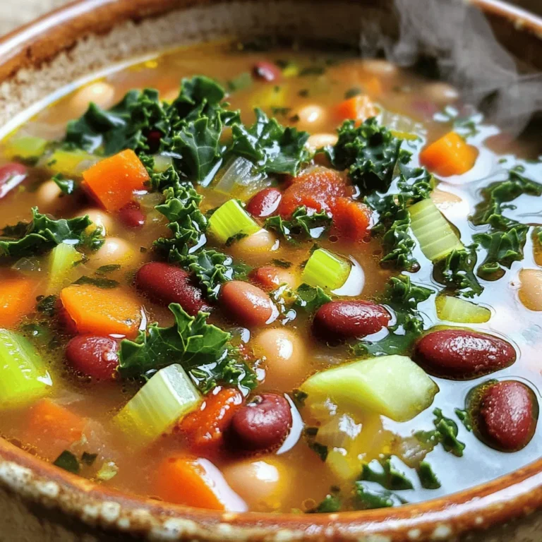 - Canned mixed beans: I love using black beans, kidney beans, and chickpeas. They add protein and fiber to the soup. Their different textures make the soup hearty and filling. Look for low-sodium options for a healthier choice. - Fresh vegetables: Carrots and celery bring sweetness and crunch. They create a great base for the soup. I also like adding kale or spinach for color and nutrients. These greens wilt nicely and enhance the soup's flavor. - Seasoning essentials: Garlic powder, onion powder, and smoked paprika are key. They add depth and warmth to the soup. Don't forget salt and cracked black pepper to taste. These simple seasonings really bring the dish to life. - Suggestions for proteins: You can add cooked chicken or sausage for extra heartiness. If you prefer plant-based, try tofu or tempeh. These options add flavor and make the soup more filling. - Boosting nutrition: Consider adding grains like quinoa or barley. They add texture and make the soup even more nutritious. You can also toss in lentils for a protein boost. - Alternative greens: If you want to mix things up, try Swiss chard or arugula. They offer different tastes and nutrients. Experimenting with greens keeps the soup fresh and exciting. Check out the Full Recipe for all the details on making this delicious soup! Start by heating the olive oil in a medium saucepan over medium heat. You want it shimmering but not smoking. Add the diced carrots and celery. Sauté them for about three minutes. This helps release their sweet flavors. Don’t rush this step; the heat must be just right. It sets a strong base for your soup. Next, it’s time to build your soup. Stir in the mixed beans. Cook them for one more minute. This warms the beans and helps their flavor blend in. Then, pour in the vegetable broth and diced tomatoes. Season with garlic powder, onion powder, and smoked paprika. Sprinkle in salt and black pepper to taste. Bring the broth to a gentle simmer. Let it cook for about five minutes. This allows the flavors to meld beautifully. Now, fold in the chopped kale or spinach right before serving. Cook them for just one minute. This will wilt the greens without overcooking them. Finally, taste your soup. Adjust the seasoning with more salt and pepper if you like. Serve it hot, and don’t forget to garnish with fresh herbs. For the full recipe, check the provided link. Enjoy your healthy, hearty bean soup! Using pre-cooked or canned ingredients makes cooking fast. Canned mixed beans are a great choice. They save time, and you get lots of protein. Just rinse and drain them. This helps remove extra sodium. To cut cooking time further, sauté your veggies first. Carrots and celery soften quickly. Once they start to cook, add your beans. This gives them a warm flavor. Combine everything in the pot with broth and tomatoes. You’ll have a tasty soup in just ten minutes. To boost flavor, use fresh herbs like parsley or cilantro. They add a bright taste and look nice. Spices like smoked paprika and garlic powder also help. They give the soup depth. Balancing acidity is key. Use diced tomatoes for a sweet touch. You can add a splash of lemon juice too. This adds brightness without overpowering the soup. Taste as you go, and adjust seasoning to suit your liking. Explore more flavor ideas in the [Full Recipe]. {{image_4}} You can easily make a vegetarian or vegan version of Minute Hearty Bean Soup. The base of this soup is already plant-based. Just ensure you use vegetable broth. This way, the soup stays rich in flavor and nutrition. You can also add more beans or lentils for extra protein. For those needing gluten-free options, focus on your broth and ingredients. Use certified gluten-free vegetable broth. Most canned mixed beans are gluten-free, too. Check the labels to be safe. You can also use fresh or frozen vegetables, which are naturally gluten-free. To make this soup even more exciting, try adding global flavors. For a Mexican twist, add corn and chili powder. Fresh cilantro gives it a bright taste too. For Mediterranean flair, stir in some olives and use herbs like oregano and thyme. If you want an Asian twist, consider adding ginger and soy sauce. You can also toss in some bok choy or mushrooms. This fusion idea keeps the soup fun and fresh. Feel free to mix ingredients from different cuisines for a unique taste experience. For more details on how to prepare this delicious soup, check out the Full Recipe. To keep your Minute Hearty Bean Soup fresh, store it properly. When you refrigerate it, it lasts for about three to four days. Make sure to use an airtight container. This helps prevent any off-flavors and keeps it safe. If you want to save it for later, freezing is a great option. The soup will stay good for around three months in the freezer. Use freezer-safe bags or containers. Leave some space at the top, as the soup expands when it freezes. When thawing, place it in the fridge overnight for best results. Reheating your soup is easy. The best way is to use the stove. Pour the soup into a saucepan and warm it over medium heat. Stir it often to avoid sticking. This keeps the texture nice. If you’re short on time, you can use a microwave. Place the soup in a microwave-safe bowl and cover it loosely. Heat it in short bursts, stirring in between. This helps it heat evenly. Sometimes, reheated soup can lose some flavor. You can fix this! Add a splash of fresh broth or a squeeze of lemon juice. This will brighten up the taste and make it feel fresh again. For the full recipe, check the [Full Recipe]. Can I use dried beans instead of canned? Yes, you can use dried beans. Just soak them overnight and cook them first. This adds time but gives great flavor. Make sure to adjust the broth and cooking time. How can I make the soup spicier or milder? To spice it up, add crushed red pepper or cayenne. For milder soup, skip these spices. You can also balance spice with a dollop of sour cream or plain yogurt. What can I use instead of vegetable broth? You can use chicken broth for a richer taste. Water works too, but it may lack flavor. Add more spices if you use water. Alternatives to kale or spinach for greens? Swiss chard or collard greens are great options. You can also use arugula for a peppery kick. Each green brings its own unique flavor and nutrition. What to serve with hearty bean soup? Crusty bread is a perfect match. You can also pair it with a fresh salad or grilled cheese. These sides add texture and balance to the meal. Creative ways to enjoy leftovers? Try using the soup as a base for a grain bowl. Top it with cooked rice or quinoa. You can also blend it for a creamy dip or sauce. This blog post covered how to make Minute Hearty Bean Soup. We explored essential ingredients like canned beans and fresh veggies. I shared steps for crafting a rich base and enhancing flavors. You learned quick cooking tips to save time without losing taste. There are also many variations, like vegan options and global twists. In closing, this soup is easy, tasty, and very versatile. Enjoy creating your perfect bowl!