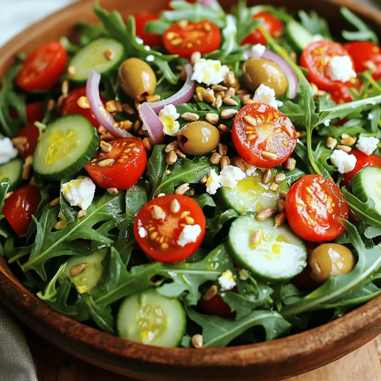 - Arugula (4 cups) - Cherry tomatoes (1 cup) - Cucumber (1 medium) - Red onion (1/2 medium) - Kalamata olives (1/2 cup) - Feta cheese (1/4 cup) - Sunflower seeds (1/4 cup, optional) - Extra virgin olive oil (1/4 cup) - Fresh lemon juice (2 tablespoons) - Dried oregano (1 teaspoon) - Salt and black pepper to taste Gathering fresh ingredients is key for this salad. Arugula gives it a peppery taste. Cherry tomatoes add sweetness and color. Cucumber brings crunch, while red onion gives a nice bite. Now, let’s talk about the add-ins. Kalamata olives add a briny flavor. Feta cheese gives creaminess and tang. If you want a crunch, add sunflower seeds. They work well with the other flavors. Next, we need the dressing. Extra virgin olive oil is rich and smooth. Fresh lemon juice brightens the salad. Dried oregano adds an earthy touch. Don’t forget salt and black pepper to finish. You can find the complete recipe in the [Full Recipe]. First, wash the arugula well. Rinse it under cold water to remove dirt. After washing, dry it gently with a salad spinner or a clean kitchen towel. This step helps the leaves stay crisp. Next, prepare the vegetables. Slice the cherry tomatoes in half. Dice the cucumber into half-inch cubes. For the red onion, cut it into thin rings. These steps add color and crunch to your salad. Now, it's time to mix the salad. In a large mixing bowl, add the fresh arugula, halved cherry tomatoes, diced cucumber, sliced red onion, and Kalamata olives. Use your hands to toss the salad gently. This method keeps the leaves from bruising. After mixing, sprinkle the crumbled feta cheese on top. This cheese adds a creamy texture and salty flavor. If you want extra crunch, you can also add sunflower seeds at this point. For the dressing, take a small bowl. Whisk together the extra virgin olive oil, fresh lemon juice, and dried oregano. Add a pinch of salt and pepper for taste. Whisk until everything combines well. Drizzle the dressing over the salad mixture. Use a large spoon or salad tongs to toss gently. This ensures every bite is flavorful without crushing the arugula. For a complete meal, check out the Full Recipe for all the details. To keep arugula fresh, handle it gently. Avoid squishing or bruising the leaves. When washing arugula, fill a bowl with cold water. Submerge the leaves and swish them around. This helps remove dirt without damaging them. Lift the arugula out and place it on a clean towel. Pat it dry carefully to keep the leaves crisp. To boost the flavor of your Mediterranean Arugula Salad, add fresh herbs like basil or parsley. These herbs bring bright notes to the dish. You can also sprinkle in a pinch of crushed red pepper for heat. When garnishing, use a few extra olives or a lemon wedge. This adds a pop of color and makes the salad look inviting. Serve your salad right after mixing for the best taste. The freshness of the arugula is key. If you need to prep ahead, wash and dry the arugula first. Store it in a container lined with paper towels. This keeps the leaves dry and crisp. You can chop the other veggies and store them separately. Just combine everything before serving. Enjoy the full flavors of your Mediterranean Arugula Salad! For the full recipe, refer to the earlier section. {{image_4}} You can make your Mediterranean arugula salad even more filling. Adding grilled chicken is a great choice. It brings a nice smoky flavor. If you prefer a plant-based option, try chickpeas. They add protein and a hearty texture. For a seafood twist, consider incorporating shrimp. Lightly sautéed or grilled shrimp works well. It adds a delightful taste that pairs nicely with the fresh ingredients. Feel free to adjust your salad based on the season. In summer, add ripe peaches or strawberries for sweetness. In fall, consider roasted butternut squash for warmth. You can also change up the dressing. Swap traditional vinegar for balsamic or apple cider vinegar. Each type will give the salad a unique flavor profile. If you want to make your Mediterranean arugula salad vegan, simply omit the cheese. The salad will still be fresh and tasty. For those needing gluten-free options, this salad is perfect. All ingredients are gluten-free, making it a safe choice for everyone. Enjoy your meal without worries! To store leftover Mediterranean Arugula Salad, place it in an airtight container. This helps keep the salad fresh and prevents it from drying out. Use glass or plastic containers with tight lids. If you have a lot of salad, consider dividing it into smaller portions. This makes it easy to grab just what you need. The salad stays fresh for about three days in the fridge. After this, the arugula may wilt, and the tomatoes might get mushy. Watch for signs like a slimy texture or off smells. If you see these, it's best to toss the salad. Fresh ingredients are key to a great taste. To refresh the salad, add a splash of lemon juice or olive oil. This can bring back some flavor and zest. You can also mix in fresh arugula or other greens. If you want to repurpose leftover salad, try using it as a filling for wraps or sandwiches. You can also stir it into cooked pasta for a quick meal. Arugula is low in calories but packed with nutrients. It has vitamins A, C, and K. Arugula also contains calcium and iron. These nutrients support bone health and boost immunity. Eating arugula can improve heart health due to its antioxidants. It's a great choice for a Mediterranean diet. This diet focuses on whole foods, healthy fats, and fresh produce. Arugula fits perfectly into this style of eating, enhancing flavors and health. Yes, you can prepare parts of the salad ahead of time. Wash and dry the arugula and veggies first. Store them separately to keep them fresh. Chop the tomatoes, cucumber, and onion in advance. Keep them in airtight containers in the fridge. You can make the dressing ahead too. Just whisk together olive oil, lemon juice, and seasonings. Store the dressing in a jar. When ready to serve, mix everything together for a fresh salad. You can try several dressings with this salad. A classic vinaigrette works well. Use olive oil, vinegar, salt, and pepper. A lemon-tahini dressing adds a creamy touch. You could also use balsamic vinaigrette for sweetness. Another tasty option is yogurt-based dressing for a tangy kick. Each dressing can enhance the salad’s flavors, so experiment to find your favorite. For the full recipe, check out the details above. In this blog post, we explored the Mediterranean Arugula Salad. We discussed fresh produce, flavorful add-ins, and the best dressing to bring it all together. You learned how to prepare, mix, and serve the salad with tips for freshness and flavor enhancement. Remember, this salad is versatile—you can change the protein or vegetables based on the season. Enjoy making your own tasty versions and store leftovers properly. With the right care, your salad can stay fresh and delicious for days.