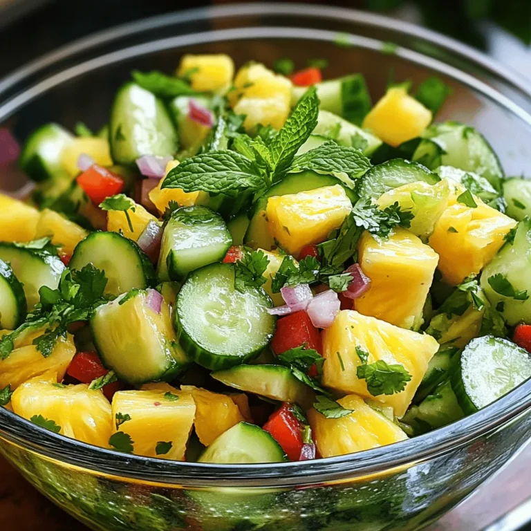 To make a delicious Pineapple Cucumber Salad, gather the following ingredients: - Ripe pineapple - Large cucumbers - Red bell pepper - Red onion - Fresh mint leaves - Fresh cilantro - Lime juice - Honey (optional) - Salt and pepper This list has all you need for a fresh and tasty salad. The ripe pineapple brings sweetness, while the cucumbers add crunch. The red bell pepper adds a nice pop of color and flavor. Red onion gives a sharp taste that balances the sweet and fresh notes. Fresh mint and cilantro boost the herb flavor, making every bite refreshing. Lime juice ties everything together with a zesty kick. If you like a touch of sweetness, add honey. Finally, season with salt and pepper to bring out all the flavors. When you have everything ready, you can create a vibrant and healthy dish. This salad is perfect for a quick snack or as a side. For the full recipe, check the earlier section. Enjoy making this simple yet flavorful dish! To make the pineapple cucumber salad, start by cutting the pineapple. You want it ripe and juicy. Peel it, then cut it into bite-sized cubes. This makes each piece easy to eat. Next, take the cucumbers. Wash them well, then cut them into similar-sized dice. This helps the salad look nice and makes every bite fresh. Now, let’s chop some vegetables and herbs. Grab the red bell pepper and red onion. Cut the red bell pepper into small pieces. This adds a sweet crunch to the mix. For the red onion, chop it finely for a hint of sharpness. Finally, take fresh mint and cilantro. Chop them finely as well. They bring a burst of flavor and freshness to our salad. In a large mixing bowl, place the diced pineapple and cucumbers. Add the chopped red bell pepper and red onion. Make sure to distribute everything evenly. This will give you a perfect mix of flavors in every bite. Then, sprinkle in the fresh mint and cilantro. Their bright flavors will really make the salad pop. Now it's time to prepare the dressing. In a small bowl, whisk together the lime juice and honey, if you choose to use it. Mix until the honey dissolves completely. This creates a tangy-sweet dressing that will add a lovely zing. Drizzle the dressing over your salad. Use a large spoon to gently toss everything together. Make sure all the ingredients are well coated with the dressing. This is key to bringing out the flavors. Next, season with salt and pepper to taste. Start with a little and adjust based on your preference. This simple step elevates the flavor of your salad. After mixing, cover the bowl tightly with plastic wrap. Place it in the fridge for at least 30 minutes. This chilling time allows the flavors to meld together beautifully. Enjoy this refreshing dish as a bright addition to any meal. You can find the full recipe to make this salad at any time. To make your pineapple cucumber salad shine, focus on freshness. Select ripe fruits and vegetables. A ripe pineapple smells sweet at the base and feels slightly soft when pressed. For cucumbers, look for firm ones with smooth skin. These choices boost your salad's flavor. When seasoning, use salt and pepper to taste. Start with a little. You can always add more. Lime juice adds brightness, while honey can sweeten it up. Mix well to blend all flavors. Serve your salad in a clear glass bowl. This highlights the bright colors of the pineapple, cucumber, and peppers. For added charm, layer the ingredients. This creates a beautiful effect. Garnish with fresh mint leaves right before serving. This enhances the salad's look and adds a lovely scent. You can also sprinkle some lime zest on top for extra flair. This salad pairs well with grilled chicken or fish. The fresh flavors complement the smoky taste of grilled meats. You can also enjoy it with tacos or rice dishes. For drinks, a refreshing mint lemonade or iced tea suits this salad perfectly. Serve it at summer barbecues, picnics, or family gatherings. It adds a tropical vibe to any meal. Don't forget to check the Full Recipe for all the details! {{image_4}} You can change this salad in fun ways. Start by adding other fruits. Consider using mango, kiwi, or strawberries. Each fruit brings its sweet twist. You can also add a little crunch with diced apples. They pair well with the pineapple and cucumber. Next, incorporate different herbs. Besides mint and cilantro, try basil or parsley. These herbs will give the salad a fresh feel. Each herb adds its own flavor, making the salad unique. Experiment and find your favorite mix! Many people want meals that fit their diet. This salad is easy to tweak for vegan or gluten-free diets. All the main ingredients are naturally vegan. Just skip the honey for a vegan option. If you want a low-sugar version, leave out the honey. The pineapple will add enough sweetness. You can also swap lime juice with lemon juice for a tart taste. Adjust these ingredients to suit your health needs. Enjoy the fresh flavors without worry! For the full recipe, check out [Full Recipe]. To keep your leftover salad fresh, store it in the fridge. Use an airtight container to prevent moisture loss. This helps the flavors stay vibrant. If you don’t have one, plastic wrap works too but may not seal as well. Avoid storing in a glass bowl without a lid, as this can lead to quicker spoilage. The salad stays fresh for about 2 days when stored correctly. After that, the flavors might fade. Check for signs of spoilage, such as a sour smell or mushy cucumbers. If you notice these signs, it's best to toss the salad. Keeping an eye on freshness ensures you enjoy the best taste and texture. For the full recipe, refer back to the beginning! What can I substitute for honey? You can use agave syrup or maple syrup instead of honey. Both add sweetness. You can also skip it if you prefer a tart taste. Can I make the salad ahead of time? Yes, you can make this salad a few hours ahead. Chill it in the fridge. This allows the flavors to blend nicely. How do I keep the cucumbers from becoming soggy? To prevent soggy cucumbers, salt them first. Let them sit for a bit, then rinse and dry. This removes extra water. What are the nutritional benefits of this salad? This salad is low in calories and high in vitamins. Pineapple adds vitamin C, while cucumbers hydrate. Mint and cilantro provide antioxidants. Can I serve it warm? This salad is best served cold. Serving it warm may change the texture. Enjoy it fresh for the best taste! This blog post covered how to make a refreshing pineapple cucumber salad. I shared the key ingredients and provided step-by-step instructions. You learned tips to enhance flavor and options for meal pairings. We also explored variations and important storage tips. Remember, this salad is versatile and easy to customize. Enjoy experimenting with different fruits and herbs. Fresh flavors make this dish a winner for any occasion.