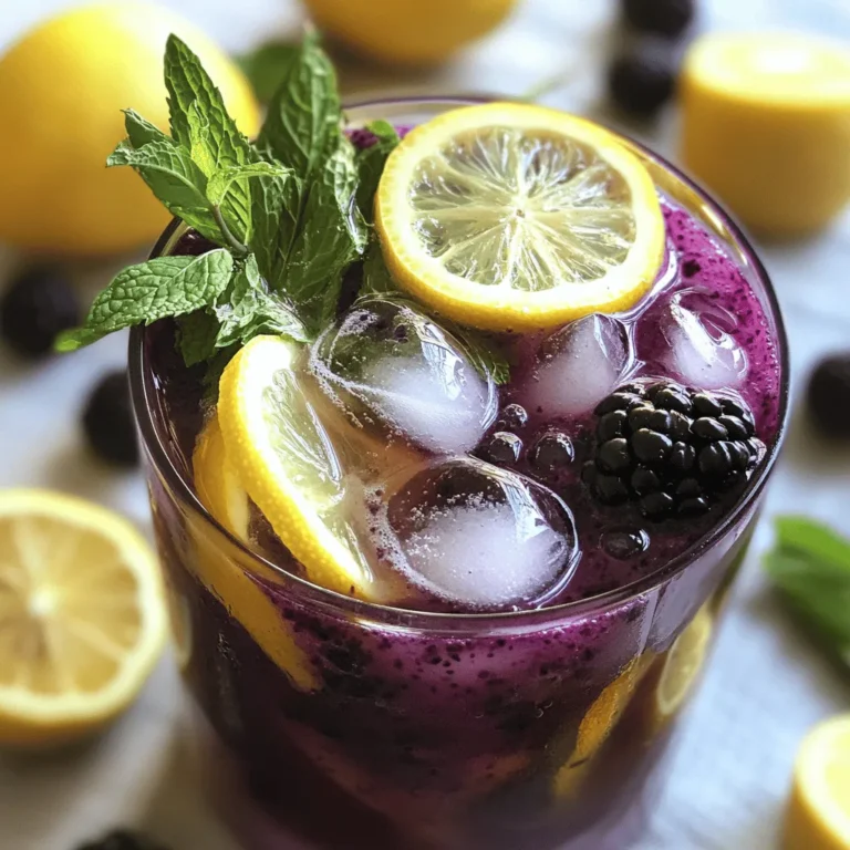 To make the Blackberry Lemon Verbena Fizz, you need some fresh and vibrant ingredients. Here’s a detailed list of what you will need: - 1 cup fresh blackberries, washed - 1/2 cup lemon verbena leaves, lightly packed - 2 tablespoons honey or agave syrup, to taste - 2 tablespoons freshly squeezed lemon juice - 2 cups sparkling water, chilled - Ice cubes, as needed - Fresh lemon slices, for garnish - Fresh mint leaves, for garnish These ingredients create a bright and refreshing drink. Fresh blackberries give a rich color and sweet flavor. Lemon verbena leaves add a unique and fragrant twist. Honey or agave syrup balances the tartness of the lemon juice. Using fresh lemon juice enhances the drink's zing. Chilled sparkling water brings a bubbly texture that makes it fun. Ice cubes help keep your drink cool and refreshing. For the finishing touch, use lemon slices and mint leaves to make the drink look inviting. These garnishes not only add beauty but also offer a fresh aroma. If you want the complete details, check out the Full Recipe for Blackberry Lemon Verbena Fizz. 1. Start with fresh blackberries. Place them in a medium bowl. Use a fork to mash them. You want them mostly broken down. This step helps release their juice and color. 2. Next, add the lemon verbena leaves. Use lightly packed leaves for the best flavor. Then, add your choice of sweetener, like honey or agave syrup. Mix everything with a spatula. This helps blend the flavors well. 3. Now, pour in the freshly squeezed lemon juice. Stir gently to combine. Make sure the sweetener dissolves fully. This mix will create a fragrant base for your drink. 1. Using a fine mesh sieve is key here. It helps remove solids for a smooth drink. 2. Pour the mixture through the sieve into a pitcher. Use a spoon to press down on the solids. This helps extract maximum liquid. Discard the solids, and keep only the juice. 1. When adding sparkling water, do it slowly. This helps maintain the fizz and keep your drink bubbly. 2. Gently stir the mixture to combine without losing bubbles. 3. Fill serving glasses with ice cubes. Pour the fizz over the ice. This makes for a refreshing serve. This drink is perfect for hot summer days. You can find the full recipe above. To make your Blackberry Lemon Verbena Fizz just right, you can adjust the sweetener. I often start with two tablespoons of honey or agave syrup, but you can use less or more to suit your taste. If you want a sweeter drink, add a bit more syrup. For a fun twist, try adding a splash of other fruit juices. Pineapple or orange juice blends well with the blackberries. This gives the drink a new layer of flavor. When serving this drink, choose tall, clear glasses. This way, you can show off the bright colors of the fizz. It looks great and makes it more inviting. For a special touch, garnish with a sprig of mint. You can also add fresh lemon slices on the rim of the glass. This makes each drink look fancy and adds to the aroma. Blackberries pack a punch of nutrition. They are low in calories and high in vitamins C and K. These berries also have a lot of fiber, which is good for digestion. Lemon verbena is not just tasty; it has benefits too. This herb can help with relaxation and digestion. It may even boost your mood. Together, they create a drink that is not only refreshing but also good for you. {{image_4}} If you want to add a little kick to your Blackberry Lemon Verbena Fizz, consider spirits like gin or vodka. These spirits blend well with the fruity notes of blackberries and the fresh taste of lemon verbena. To make a delightful cocktail, follow the Full Recipe and simply add 1 to 2 ounces of your chosen spirit to each glass. This addition will deepen the complexity of flavors and make your drink even more refreshing. For a kid-friendly version, you can create a fun mocktail. Just follow the Full Recipe without adding any alcohol. It still tastes great! You might even want to replace the sparkling water with a light herbal tea, like chamomile or mint. Brew the tea and chill it beforehand. This swap makes a lovely drink that everyone can enjoy. Here’s a quick recap of options: - Alcoholic Version: Add gin or vodka for a cocktail. - Non-Alcoholic Alternatives: Create a mocktail or use herbal tea instead of sparkling water. After making your Blackberry Lemon Verbena Fizz, you might have some drink mixture left over. To store it, pour the leftover mixture into an airtight container. Keep it in the fridge. This way, it stays fresh for about two days. However, the fizz might fade after the first day. To enjoy the drink's bubbles, try to finish it soon. If you want to save the flavor for later, you can make blackberry ice cubes. Pour the mixture into an ice cube tray and freeze it. These cubes add a cool touch to your drinks. When you're ready to enjoy the fizz again, you can drop a few cubes into your glass. You can also prepare the drink for later use. Just mix the blackberry and verbena base without the sparkling water. Store this in the fridge for up to two days. When you're ready to serve, add chilled sparkling water and ice. This method keeps the drink fizzy and fresh. For the full recipe, check the earlier sections. You can add a splash of lime juice for extra tartness. Mix in some fresh berries, like raspberries or blueberries, for more fruit flavor. Try using different sweeteners like maple syrup or simple syrup to change the taste. You can also muddle fresh mint leaves to give the drink a refreshing twist. For a fun twist, consider adding a bit of ginger ale for a spicy kick. Yes, you can prepare the base mixture in advance. Store it in the fridge for up to two days without the sparkling water. When you are ready to serve, simply add the chilled sparkling water and ice. This keeps the fizz nice and bubbly. Just avoid adding ice until you serve to prevent dilution. If you can't find lemon verbena, use fresh mint or lemon balm. Both herbs will give you a nice flavor. You could also try lemon zest or lemon thyme for a citrus touch. Each option adds its own unique spin to your drink. Feel free to experiment to find what you enjoy best! Absolutely! This drink is gluten-free and vegan, making it a great choice for many diets. Just be sure to check your sweetener if you have specific allergies. Honey is not vegan, so use agave syrup instead. Always ensure that your ingredients are safe for any allergies you may have. In this blog post, we explored how to make a refreshing Blackberry Lemon Verbena Fizz. We detailed the ingredients and steps for perfecting this drink. You learned tips for flavor and presentation, plus variations for both alcoholic and non-alcoholic options. Lastly, we shared best storage practices to keep your drink fresh. Trying new drinks can be fun and tasty. Enjoy your fizz, and share it with friends!