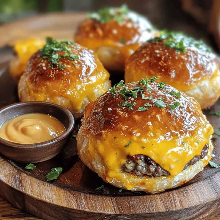 - 1 lb ground beef - 1 cup shredded cheddar cheese - 1 cup shredded mozzarella cheese - 1/2 cup grated Parmesan cheese - 1 tablespoon minced garlic - 1 teaspoon onion powder - 1 teaspoon garlic powder - 1/2 teaspoon salt - 1/2 teaspoon black pepper - 1 package (16 oz) refrigerated pizza dough - 1/2 cup unsalted butter, melted - 2 tablespoons fresh parsley, chopped (for garnish) I recommend using fresh ground beef for the best flavor and texture. Look for good-quality cheeses. A mix of sharp cheddar and creamy mozzarella works wonders. For the Parmesan, choose a block and grate it yourself. Fresh garlic adds a punch that garlic powder cannot match. Always opt for unsalted butter to control the saltiness in your dish. Each serving contains approximately: - Calories: 250 - Protein: 15g - Carbohydrates: 20g - Fat: 14g - Fiber: 1g - Sugar: 1g This dish packs flavor and comfort in each bomb. Enjoy the satisfaction of creating these tasty bites. For the full recipe, check the section above. First, preheat your oven to 375°F (190°C). This ensures the bombs bake evenly. While the oven warms up, grab a large mixing bowl. In this bowl, mix together the ground beef, shredded cheddar, mozzarella, and grated Parmesan cheese. Add minced garlic, onion powder, garlic powder, salt, and black pepper. Stir until all the ingredients blend well. This mixture is the heart of your cheeseburger bombs. Next, you need to handle the pizza dough. Lightly flour a clean surface to prevent sticking. Roll out the pizza dough into a large rectangle. Use a pizza cutter or knife to slice the dough into 12 equal squares. Each square should measure about 3 inches by 3 inches. For each square, place a generous spoonful of the cheeseburger filling right in the center. Now, fold the corners of each dough square over the filling. Pinch them tightly to create a seal. Place the sealed bombs seam-side down on your prepared baking sheet. Now it’s time to bake. Brush the tops of each bomb with melted butter. This gives them a nice, golden finish. Bake these tasty treats in the preheated oven for 18-20 minutes. They should puff up and turn a beautiful golden brown. After baking, let them cool for a few minutes on the baking sheet. This step helps enhance the flavors. For a fresh touch, sprinkle chopped parsley on top just before serving. For the full recipe, check the earlier section. Enjoy your Garlic Parmesan Cheeseburger Bombs! To make your Garlic Parmesan Cheeseburger Bombs pop with flavor, use quality spices. Fresh garlic adds a strong taste. Minced garlic blends well with the beef. Garlic powder boosts the garlic flavor. Onion powder adds depth and sweetness. The mix of cheddar, mozzarella, and Parmesan gives a rich, creamy texture. Try using sharp cheddar for a bolder taste. Always taste the mixture before sealing the bombs. Adjust the salt and pepper to your liking. A perfect golden crust makes your bombs look and taste great. Start by brushing the tops with melted butter. This adds flavor and helps with browning. Bake at 375°F for 18-20 minutes. Keep an eye on them as they bake. If they are not golden yet, let them bake a few more minutes. The crust should be puffed and golden brown. For a stunning display, use a large platter. Place the bombs in a circle, and sprinkle fresh parsley on top. This adds a nice pop of color. Serve with dipping sauces like ketchup or ranch for extra fun. You can also add a side of pickles or a fresh salad. This makes a great snack or meal for any gathering. Enjoy each tasty bite from your Garlic Parmesan Cheeseburger Bombs! For the complete recipe, click [Full Recipe]. {{image_4}} You can change the filling for your Garlic Parmesan Cheeseburger Bombs. For a vegetarian option, swap ground beef for cooked lentils or black beans. Add some diced bell peppers and chopped onions for flavor. If you want a spicy kick, mix in jalapeños or hot sauce. You can even use spicy sausage for a meaty twist. This way, everyone can enjoy these tasty bombs. If you need a gluten-free option, use gluten-free pizza dough. Many stores sell this now. If you feel adventurous, you can make homemade dough. Combine almond flour, coconut flour, and eggs for a gluten-free base. This change keeps the bombs delicious and safe for those with gluten issues. Experiment with different types of dough to find your favorite. Toppings can take your bombs to a new level. After baking, try adding melted cheese on top. You can also sprinkle some crispy bacon bits for extra flavor. Fresh herbs like chives or cilantro can add a burst of color and taste. Consider serving with a side of garlic butter for dipping. These creative touches make your Garlic Parmesan Cheeseburger Bombs truly special. For detailed steps, check the Full Recipe. After you enjoy your Garlic Parmesan Cheeseburger Bombs, store any leftovers right away. Let them cool to room temperature first. Then, place them in an airtight container. This keeps them fresh and tasty. You can also wrap them tightly in plastic wrap. Store them in the fridge for up to three days. If you want to keep them longer, freezing is a great option. When it’s time to eat those leftover bombs, reheating them properly is key. Preheat your oven to 350°F (175°C). Place the bombs on a baking sheet. Heat for about 10-15 minutes. This helps them regain their crispiness. You can also use a microwave. Heat them for about 30-45 seconds. However, the oven method is best for keeping that nice texture. If you want to freeze your Garlic Parmesan Cheeseburger Bombs, do it before baking. After shaping the bombs, place them on a baking sheet. Freeze them for about an hour until solid. Then, transfer them to a freezer-safe bag. They can last up to three months in the freezer. When you’re ready to bake, just add a few extra minutes to the cooking time. Enjoy the fresh taste anytime with this simple method! You can still enjoy these bombs without specific cheese. Use any cheese you like. Try gouda, pepper jack, or even cream cheese. Just make sure the cheese melts well. This keeps the bombs gooey and tasty. Yes, you can prepare these bombs ahead of time. Make the filling and fill the dough squares. Place them on a baking sheet. Cover and store them in the fridge. Bake them fresh when you are ready to eat. This saves time for your busy days. Dipping sauces make these bombs even better. Ketchup is a classic choice. Ranch dressing or garlic aioli adds a nice touch. You can also try spicy mustard or BBQ sauce. Each sauce brings a new flavor and fun to your meal. This blog post covered all you need for Garlic Parmesan Cheeseburger Bombs. I shared the key ingredients, step-by-step instructions, and handy tips to enhance flavor. You also learned about great variations to try and how to store your tasty treats. In my final thoughts, remember to have fun while cooking. Experiment with flavors and enjoy every bite of your creations. Happy cooking!