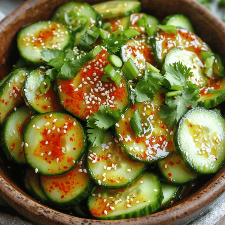 To make this refreshing salad, you need a few key ingredients: - 2 large cucumbers, thinly sliced - 1 teaspoon salt - 2 tablespoons gochugaru (Korean red pepper flakes) - 1 tablespoon sesame oil - 2 tablespoons soy sauce - 1 tablespoon rice vinegar - 1 tablespoon honey (or agave syrup for a vegan option) - 1 garlic clove, minced - 1 scallion (green onion), finely chopped - 1 tablespoon sesame seeds These ingredients blend to create a perfect balance of heat and flavor. You can enhance the salad with some optional ingredients: - A handful of fresh cilantro, roughly chopped - Additional sesame seeds for garnish These additions offer freshness and a nice touch to your dish. This salad is naturally gluten-free and can easily be made vegan. Use tamari instead of soy sauce for a gluten-free option. Replace honey with agave syrup if you want it vegan. This way, everyone can enjoy the spicy Korean cucumber salad! For the full recipe, check the detailed instructions above. To start, slice your cucumbers thinly. Use a sharp knife for even cuts. This helps them soak up the dressing better. Place the slices in a colander and sprinkle them with salt. Let them sit for about 15 minutes. The salt draws out extra moisture. This step keeps your salad nice and crisp. After 15 minutes, rinse the cucumbers under cold water. Pat them dry with paper towels to remove excess water. Now your cucumbers are ready for the salad! In a large bowl, mix together the gochugaru, sesame oil, soy sauce, rice vinegar, honey, and minced garlic. Use a whisk to blend the ingredients well. You want a smooth dressing that combines all the flavors. The gochugaru brings heat, while the honey adds a touch of sweetness. This balance makes the dressing truly special. Taste it before adding the cucumbers. Adjust any ingredients if needed to suit your taste. Now it’s time to combine everything! Add the dried cucumbers into the bowl with the dressing. Use a spatula or tongs to toss them gently. Make sure each cucumber slice gets coated with that tasty dressing. Next, stir in the chopped scallions and sesame seeds. These add great flavor and crunch. Cover the bowl with plastic wrap. Let the salad marinate in the fridge for at least 30 minutes. This resting time helps the flavors mix and makes every bite delicious. Don't forget to give it a quick toss before serving! For a fresh touch, you can add chopped cilantro on top. Enjoy your Spicy Korean Cucumber Salad! For great flavor, use fresh ingredients. Fresh cucumbers make a big difference. Choose medium to large cucumbers with smooth skin. For the dressing, use high-quality sesame oil and soy sauce. These ingredients enhance the taste. Gochugaru adds heat and depth. Adjust the amount based on your spice level. Let the salad chill for at least 30 minutes. This allows the flavors to blend well. To keep cucumbers crunchy, salt them first. Place sliced cucumbers in a colander and sprinkle with salt. Let them sit for 15 minutes. This helps to draw out moisture. After that, rinse them under cold water. Pat them dry with paper towels. This step is key for a crisp salad. Use a sharp knife or mandoline for even slices. Thin slices soak up the dressing better, adding more flavor. Serve this salad as a side dish with grilled meats. It pairs well with bulgogi or spicy chicken. For a light meal, add proteins like tofu or shrimp. You can serve it in a bowl or on a platter. Garnish with extra sesame seeds and cilantro for flair. This adds color and flavor. Try serving it with rice or as part of a bento box. Your guests will love the fresh, spicy taste! {{image_4}} You can boost the salad with protein. Try adding cooked shrimp, chicken, or tofu. These options give the salad a heartier feel. Just make sure the protein is cut into small pieces. Mix it in after tossing the cucumbers with the dressing. This way, everyone gets a taste with each bite. You can play with flavors in this salad. Instead of gochugaru, try using chili powder for a different kick. You can also add a splash of lime juice for extra zest. For a sweeter touch, consider adding a little more honey. Each tweak makes the salad fun and fresh, so feel free to experiment! Presentation matters, so think outside the bowl! Serve the salad in lettuce cups for a fun twist. You can also layer it in jars for a picnic. This makes it easy to grab and enjoy. If you want to impress, serve it alongside grilled meats or in a rice bowl. Each method shows off the bright colors and fresh ingredients of the salad. To keep your Spicy Korean Cucumber Salad fresh, store it in an airtight container. I recommend using glass containers, as they help maintain flavor. Keep the salad in the fridge right after you finish eating. Avoid letting it sit out too long to keep it crisp and tasty. If you made extra dressing, store it separately. This way, you can mix it in later for the best flavor. If stored properly, your salad can last up to three days in the fridge. The cucumbers may lose some crunch over time, but the flavors will still be good. If you notice any changes in smell or color, it's best to toss it out. Always check before eating leftovers to ensure safety. You don’t need to reheat this salad. It's best enjoyed cold. When you're ready to eat, just take it out of the fridge and give it a quick toss. If the cucumbers have softened, you can add a bit more dressing to brighten the flavor. Enjoy it fresh for the best experience! Gochugaru is a Korean red pepper flake. It brings a mild heat and rich flavor to dishes. If you can’t find it, use crushed red pepper or paprika. These substitutes change the taste slightly, so adjust the amount to your heat preference. Yes, you can make this salad ahead. Just prepare it and store it in the fridge. It tastes even better after sitting for a while. The flavors mix nicely, making it a great choice for meal prep. Absolutely! Spicy Korean cucumber salad is perfect for meal prep. It stays fresh for several days in the fridge. Just remember to keep it covered to maintain crispness. Enjoy it as a side dish or a light snack throughout the week. For the full recipe, refer to the earlier section. This delicious salad is easy to make and adds a spicy kick to any meal. Spicy Korean cucumber salad offers fresh flavors and a fun twist. I shared the essential and optional ingredients, plus useful substitutions for gluten-free and vegan diets. The steps for making crispy cucumbers and a spicy dressing are simple. Don't forget my tips for the best taste and texture. You can get creative with variations and learn the best storage methods. Enjoy this tasty salad now, and keep it in mind for meal prep later. It's a great dish to share or enjoy alone.