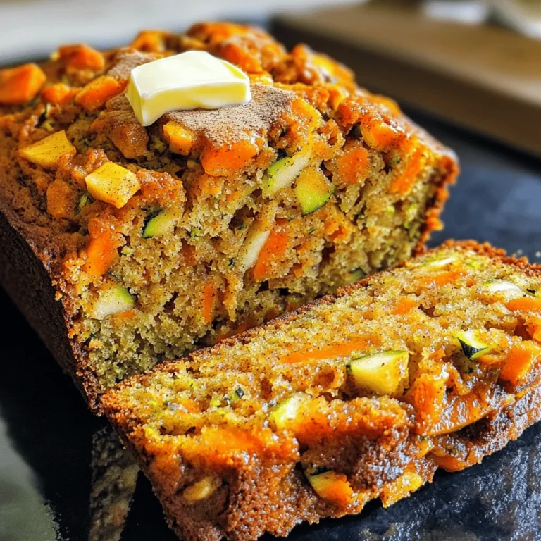 - 1 cup grated carrots - 1 cup grated zucchini - 1 cup grated apple (preferably Granny Smith or Honeycrisp) - 1/2 cup granulated sugar - 1/2 cup packed brown sugar - 1/2 cup vegetable oil or melted coconut oil - Additional items for optional mix-ins (e.g., walnuts, raisins) You can switch out sugar for honey or maple syrup if you want. For gluten-free baking, use almond flour or coconut flour. If you are vegan, you can replace eggs with flax eggs or applesauce. 1. First, preheat your oven to 350°F (175°C). This heat will help the bread rise well. 2. Next, grease and flour a 9x5-inch loaf pan. You can also use parchment paper to make removal easy. 3. Now, grab your grater. Grate 1 cup each of carrots, zucchini, and apple. I like using Granny Smith for a nice tart flavor. Set these aside in a bowl. 1. In a separate bowl, mix 1/2 cup of granulated sugar and 1/2 cup of brown sugar with 1/2 cup of vegetable oil. Whisk until smooth. 2. Add 3 large eggs to the sugar mixture. Make sure to mix well after each egg. Finally, stir in 1 teaspoon of pure vanilla extract. 3. In another bowl, whisk together 2 cups of all-purpose flour, 1 teaspoon of baking powder, 1 teaspoon of baking soda, 1 teaspoon of ground cinnamon, 1/2 teaspoon of ground nutmeg, and 1/2 teaspoon of salt. 4. Slowly mix the dry ingredients into the wet mixture. Stir gently until just combined. Be careful not to overmix. This helps keep the bread light and fluffy. 5. Now, fold in your grated veggies and apple. If you want, add 1/2 cup of chopped walnuts or pecans and 1/2 cup of raisins for extra flavor. 1. Pour the batter into the prepared loaf pan. Use a spatula to smooth the top. 2. Bake in the preheated oven for 55 to 65 minutes. Check for doneness by inserting a toothpick into the center. If it comes out clean, your bread is ready. 3. Once baked, cool the bread in the pan for about 10 minutes. Then, move it to a wire rack to cool completely before slicing. To make your Carrot Apple Zucchini Bread truly shine, think about flavor. A touch of ground ginger or cloves can add warmth. You can also increase the cinnamon for a cozy taste. Fresh ingredients matter too! When you use fresh carrots, zucchini, and apples, you’ll get more juice and flavor. This makes your bread moist and tasty. If you can, pick local produce. It can make a big difference. One big mistake is overmixing the batter. When you mix too much, the bread can turn out dense. Mix until the ingredients just come together, then stop. Another error is slicing the bread too soon. Let your bread cool for at least ten minutes in the pan. This helps it set and makes it easier to slice. If you skip this step, it may fall apart. Following these tips will help you create a delicious loaf. For the full recipe, check out the link! {{image_4}} You can add some fun with flavors in your Carrot Apple Zucchini Bread. Try adding spices like ginger or cloves. These spices can give your bread a warm, cozy taste. You can also mix in other fruits and nuts. For instance, chopped pineapple or dried apricots can add sweetness. Nuts like pecans or almonds can give a nice crunch. If you want a vegan version, swap the eggs for flaxseed meal or applesauce. Use a plant-based oil like coconut oil. For a keto-friendly option, replace the sugar with a sugar substitute. Almond flour works great instead of all-purpose flour. These changes keep the bread tasty and suitable for different diets. You can enjoy a slice no matter your eating style! To keep your Carrot Apple Zucchini Bread fresh, store it at room temperature. Use an airtight container to protect it from air and moisture. This way, it stays soft and tasty for up to four days. If you live in a hot place, the fridge may be better. Just remember, the cold can dry the bread out. You might want to wrap it in plastic wrap before storing it in the fridge. If you want to save some for later, freezing works great. First, let the bread cool completely. Wrap it tightly in plastic wrap and then place it in a freezer bag. This keeps out air and prevents freezer burn. You can freeze it for up to three months without losing flavor. When you are ready to eat it, take the bread out of the freezer. Leave it on the counter for a few hours to thaw. For best texture, you can warm it in the oven at 350°F for about 10 minutes after thawing. Enjoy it just like fresh! How long does Carrot Apple Zucchini Bread last? Carrot Apple Zucchini Bread lasts about 3 to 5 days at room temperature. Store it in an airtight container. You can keep it in the fridge for up to a week. For longer storage, freeze it for up to three months. Can I use a different type of oil for this recipe? Yes, you can use other oils. Olive oil or melted coconut oil will work well. Each oil adds its own flavor. Choose one that you enjoy! What type of flour can I use for gluten-free baking? For gluten-free baking, use a gluten-free all-purpose flour blend. Make sure it has xanthan gum, which helps bind the bread. Almond flour or coconut flour can also work but may change the texture. Can I omit the sugar entirely? You can reduce the sugar or use natural sweeteners like honey or maple syrup. The bread may taste less sweet, but the fruits add some natural sweetness. Best toppings for serving Spread butter or cream cheese on warm slices for a tasty treat. You can also sprinkle some cinnamon on top for extra flavor. Pairing this bread with beverages like tea or coffee Enjoy this bread with a cup of tea or coffee. The warm flavors of the bread pair nicely with both drinks. You can also try it with a glass of milk for a classic touch. We covered many important details about Carrot Apple Zucchini Bread. You learned about the key ingredients and how to measure them. The step-by-step instructions guide you through each phase, ensuring success. Tips help you avoid common mistakes and enhance flavor. You also discovered variations to suit dietary needs and the best storage methods. In the end, this recipe is flexible and fun. It offers a tasty way to enjoy fruits and veggies. Happy baking!