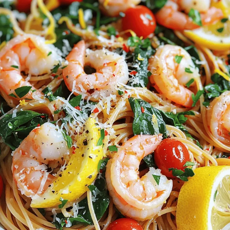 - 8 oz whole wheat spaghetti - 1 lb large shrimp, peeled and deveined - 2 tablespoons olive oil - 3 cloves garlic, minced - Zest and juice of 1 lemon - 1 cup cherry tomatoes, halved - 2 cups fresh spinach - 1/4 cup grated Parmesan cheese (optional for garnish) - 1 teaspoon red pepper flakes (adjust according to your spice preference) - Salt and freshly ground black pepper, to taste - Fresh parsley, finely chopped for garnish This dish packs a punch of nutrition. Whole wheat spaghetti offers more fiber than regular pasta. Fiber helps with digestion and keeps you full longer. Shrimp is low in calories and high in protein. It is also rich in omega-3 fatty acids, which are good for your heart. Olive oil adds healthy fats that support your body. Garlic boosts your immune system and adds flavor. Spinach is full of vitamins A and C, plus iron. Cherry tomatoes are high in antioxidants, great for skin health. When choosing shrimp, look for ones that are firm and shiny. Fresh shrimp should smell like the sea, not fishy. If buying frozen, choose shrimp that are individually quick frozen (IQF). This method locks in flavor and texture. Always check for the size. Larger shrimp offer a great bite and are easy to cook. If possible, buy shrimp that are sustainably sourced. This helps protect our oceans and ensures better quality. Cooking shrimp pasta involves several simple techniques. You will boil pasta, sauté garlic, and cook shrimp. Each step builds flavor and texture. Boiling pasta until al dente keeps it firm. Sautéing garlic adds a rich aroma. Cooking shrimp quickly ensures they remain tender and juicy. 1. Cook the Pasta: Start by boiling a large pot of water. Add salt to season it. Cook the whole wheat spaghetti until it's al dente. Reserve some pasta water before draining. 2. Sauté Garlic: Heat olive oil in a skillet over medium heat. Add minced garlic and sauté it for 30 seconds until fragrant. Avoid browning the garlic, as it can taste bitter. 3. Cook the Shrimp: Add shrimp to the skillet. Cook for 2-3 minutes until they turn pink and opaque. This quick cooking keeps them juicy. 4. Add Fresh Ingredients: Stir in lemon zest and juice, then add halved cherry tomatoes and spinach. Cook for 2 minutes. The spinach should wilt, and the tomatoes should soften. 5. Combine Pasta and Sauce: Gently mix the cooked spaghetti with the shrimp and vegetables. Toss until the pasta is well-coated. If it seems dry, add some reserved pasta water. 6. Season Generously: Add red pepper flakes, salt, and black pepper to taste. You can sprinkle grated Parmesan cheese if you like for a creamy finish. 7. Let it Rest: Remove the skillet from heat and let the dish sit for a minute. This allows the flavors to blend. 8. Serve and Garnish: Serve your zesty lemon shrimp pasta right away. Top with freshly chopped parsley for a burst of color. - Large pot for boiling pasta - Skillet for sautéing - Wooden spoon for stirring - Colander for draining pasta - Measuring spoons for precise amounts - Knife and cutting board for chopping vegetables Follow this detailed cooking process from the Full Recipe for a delicious dish everyone will love! To cook shrimp just right, start with fresh or thawed shrimp. Pat them dry before cooking to help them sear nicely. Heat your skillet over medium heat and add olive oil. When the oil shimmers, toss in the shrimp. Cook them for about 2-3 minutes per side. They should turn pink and opaque. Avoid overcooking; shrimp can become tough. If you're unsure, cut one open to check. Perfectly cooked shrimp should feel firm and springy. Spices are key to elevating your shrimp pasta. Start with fresh garlic, as it adds great flavor. Zest and juice of a lemon give brightness and balance. Red pepper flakes add heat, but adjust them to your taste. Fresh herbs like parsley not only enhance the look but also add freshness. You might also try adding a pinch of smoked paprika for depth. Taste your dish as you go to find the right balance of flavors. A few common mistakes can ruin your shrimp pasta. First, don't crowd the pan when cooking shrimp. This causes steaming rather than searing. Second, avoid using too much salt too early. Taste your dish at the end to adjust seasoning. Also, don't skip reserving pasta water. It helps create a smooth sauce. Lastly, don't let the pasta sit too long after cooking. It can become mushy. Follow these tips, and you’ll create a delicious meal every time! {{image_4}} If you need a gluten-free dish, swap the whole wheat spaghetti for gluten-free pasta. Many brands offer great options made from brown rice or quinoa. These alternatives still taste good and hold up well when cooked. Just follow the cooking time on the package. You can enjoy the same tasty lemon sauce with your gluten-free pasta. To make this dish vegan, you can replace shrimp with marinated tofu or chickpeas. Both options add protein and texture. Use olive oil to sauté, and skip the Parmesan cheese. Instead, try nutritional yeast for a cheesy flavor without dairy. You’ll still enjoy a delightful dish packed with fresh vegetables and bright lemon taste. Using seasonal ingredients can boost flavor and nutrition. In the spring, add asparagus or peas for freshness. In summer, zucchini or bell peppers work well. In fall, you can use butternut squash for sweetness. In winter, leafy greens like kale or Swiss chard can add depth. Adjust based on what’s fresh and available in your area to keep your dish exciting. For a complete recipe, check out the Full Recipe link. To keep your shrimp pasta fresh, place it in an airtight container. Make sure to cool it down before sealing. This helps prevent moisture buildup, which can make your dish soggy. Store the container in the fridge. It can last for about 3 days. If you want to enjoy it later, follow the freezing tips below. When you’re ready to eat leftovers, reheat them gently. You can use a skillet or microwave. If using a skillet, add a splash of water or olive oil. Heat over low to medium heat. Stir often to ensure even warming. If using a microwave, cover the dish to trap steam. Heat it in 30-second bursts, stirring in between. This keeps the shrimp tender and avoids overcooking. If you want to freeze your shrimp pasta, follow these steps. First, let the dish cool completely. Then, divide it into portions. Use freezer-safe bags or containers. Remove as much air as possible before sealing. Properly stored, it can last for up to 3 months. When you're ready to eat, thaw it in the fridge overnight before reheating. This helps maintain the flavor and texture. Enjoy your zesty lemon shrimp pasta anytime! The best sides for shrimp pasta include light salads and crusty bread. A fresh green salad adds crunch and color. You can try a simple arugula salad with lemon dressing. Garlic bread pairs well, too, giving a nice crunch. Roasted veggies, like zucchini or asparagus, also make a great side. They add more nutrients and flavor to your meal. Yes, you can use frozen shrimp. Just make sure to thaw them first. Place them in a bowl of cold water for about 15 minutes. This helps them defrost quickly. After thawing, pat them dry with a paper towel. This step keeps the shrimp from becoming watery when you cook them. Using frozen shrimp is a great way to save time and still enjoy delicious shrimp pasta. To make shrimp pasta lower in calories, swap regular pasta for whole wheat or zucchini noodles. Whole wheat gives more fiber. Zucchini noodles add veggies without extra carbs. Use less olive oil or substitute it with cooking spray. You can also skip the cheese or use a light version. Finally, add more veggies to your dish. This keeps it filling and nutritious without adding too many calories. We explored the key ingredients for shrimp pasta and their health perks. You learned practical cooking steps and what tools to use. I shared tips for perfect shrimp and how to boost flavors. We also looked at delicious variations and how to store food properly. Enjoy making this dish your own, and remember, culinary creativity makes cooking fun! Take these insights and whip up a tasty meal that you love.