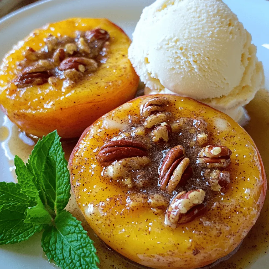 - Ripe peaches: 4, halved and pitted - Brown sugar: 1/2 cup packed - Ground cinnamon: 1 teaspoon - Ground nutmeg: 1/4 teaspoon - Unsalted butter: 1 tablespoon, melted - Optional: Chopped pecans for texture - Serving suggestion: Vanilla ice cream and fresh mint leaves To make cinnamon sugar baked peaches, we need ripe peaches. They should be soft but not mushy. Look for a nice golden color. Brown sugar adds sweetness and a rich flavor. Ground cinnamon gives warmth, while nutmeg adds depth. Melted unsalted butter keeps the peaches moist and adds a nice shine. If you want some crunch, add chopped pecans. They give a great texture. Serving these peaches warm with vanilla ice cream is a must. The ice cream melts into the warm fruit, creating a perfect blend. Garnish with fresh mint leaves for a pop of color and flavor. For the full recipe, click here. Start by preheating your oven to 350°F (175°C). This temperature helps the peaches bake evenly, creating that perfect soft texture. In a medium bowl, combine 1/2 cup of packed brown sugar, 1 teaspoon of ground cinnamon, and 1/4 teaspoon of ground nutmeg. Mix these ingredients well. The smell will be amazing! This blend adds a sweet, warm flavor to your peaches. Next, take 4 ripe peaches and cut them in half. Remove the pits and place the peach halves cut-side up in a baking dish. This lets the color shine and makes them look lovely. Now, take 1 tablespoon of melted unsalted butter and drizzle it over each peach half. This step adds richness to the fruit. Then, sprinkle the cinnamon sugar mixture all over the peaches. Make sure each half is well-coated. If you want some crunch, add 1/4 cup of chopped pecans on top. Place your baking dish in the oven and let the peaches bake for 25 to 30 minutes. The goal is for the peaches to become tender and develop a nice golden-brown top. When they are done, the sweet aroma will fill your kitchen. After baking, carefully take the dish out of the oven. Let it cool for a few minutes before serving. Enjoy these warm baked peaches with a scoop of creamy vanilla ice cream from the Full Recipe. To get the best peaches, look for ones that are slightly soft. They should smell sweet and fragrant. If they feel hard, they are not ripe. Give them a few days to ripen at room temperature. To check for doneness, insert a fork into the flesh. If it goes in easily, they are ready. You want them tender and juicy, not mushy. A golden-brown color shows they are perfectly baked. Serve your baked peaches warm, right from the oven. Place them on individual plates for a nice touch. Add a big scoop of vanilla ice cream next to each peach. The cold ice cream melts into the warm fruit, creating a delightful mix. Drizzle some of the buttery juice from the baking dish over the top. For extra flair, garnish with fresh mint leaves. This adds color and a fresh taste. Want to add more flavor? Try drizzling honey over the peaches before baking. It gives a nice sweetness that pairs well. You can also sprinkle some granola on top for crunch. If you like spice, add a pinch of ginger or cardamom to the cinnamon sugar mix. These spices can give your baked peaches a unique twist. Remember, the goal is to make it your own! For the full recipe, check out the instructions above. {{image_4}} You can switch up the fruit in this recipe. Try using nectarines, which taste great baked. Plums are also a delicious choice. They add a nice tartness to balance the sweetness. Apples can work too, especially if you prefer a firmer texture. Just make sure to adjust the baking time. Softer fruits may need less time than firmer options. Want a vegan version? Replace the butter with coconut oil or a plant-based butter. For a gluten-free option, just use gluten-free brown sugar. This recipe is quite flexible, so feel free to adapt it to your needs. You can still enjoy that sweet cinnamon flavor without the worry of gluten. Get creative with toppings! Drizzle caramel sauce over your baked peaches for extra sweetness. You can also add a dollop of yogurt for a creamy contrast. If you want some crunch, sprinkle granola on top. Fresh berries can add a nice color and flavor too. These options will elevate your dessert and make it even more enjoyable. If you want the full recipe, check out the earlier section. To store your baked peaches, let them cool first. Place them in an airtight container. Refrigerate them for up to three days. If you want to keep them fresh, wrap them tightly in plastic wrap. This helps prevent drying out. When you are ready to enjoy your leftovers, preheat your oven to 350°F (175°C). Place the peaches in a baking dish. Cover them with foil to keep moisture in. Heat for about 10-15 minutes. Check to see if they are warm throughout. This keeps the texture soft and juicy. To freeze baked peaches, let them cool completely. Place them in a freezer-safe container. You can also use a freezer bag. Make sure to remove as much air as possible. They can stay in the freezer for up to three months. When you're ready to enjoy them, thaw in the fridge overnight before reheating. For the full recipe, check out the earlier section! You can tell by looking for a few signs. Perfectly baked peaches should be soft but not mushy. They will have a golden-brown color on top. The sugar will caramelize, making a sweet crust. If you press gently, they should give a little but still hold their shape. Trust your nose, too; the aroma will fill your kitchen with warmth and sweetness. Yes, you can prepare them in advance! To do this, follow the steps up to baking. Cover the dish with plastic wrap or foil to keep it fresh. You can store it in the fridge for a day. When you're ready, just pop them in the oven. You may need to add a few extra minutes to the baking time if they're cold. These baked peaches pair well with many treats. A scoop of vanilla ice cream is a classic choice. You can also try whipped cream for a lighter touch. Serve them with yogurt for a healthy twist. For a crunchy side, granola adds great texture. Fresh mint leaves on top will brighten the flavors, making your dish look fancy. Baking peaches is easy and fun. You learned how to select ripe peaches, make a sweet mixture, and bake them perfectly. Remember to try different fruits or toppings for variety. You can store leftovers well or freeze them for later. Whether you eat them plain or with ice cream, baked peaches offer great taste. Enjoy experimenting with your new skills. Happy baking!