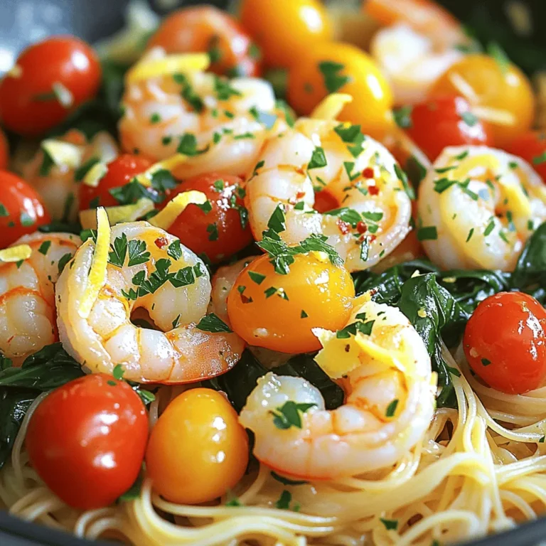 - 1 pound large shrimp, peeled and deveined - 4 tablespoons unsalted butter - 4 cloves garlic, finely minced - 1 teaspoon red pepper flakes (adjust based on heat preference) - 1 lemon, juiced and zested - Sea salt and freshly cracked black pepper, to taste - 2 tablespoons fresh parsley, finely chopped - 1 cup cherry tomatoes, halved - 1 cup fresh spinach (optional, for added color and nutrition) - Cooked pasta or rice, for serving Fresh ingredients make a big difference in flavor. Use large, bright shrimp for the best taste. The garlic should be fresh and aromatic. It adds a punch to the dish. Use unsalted butter to control the salt level. Fresh herbs like parsley add color and freshness. - 1/2 cup bell pepper, chopped - 1/2 cup zucchini, sliced - 1 tablespoon capers for a briny kick These add-ins boost taste and nutrition. Swap bell pepper or zucchini for other veggies you love. For a dairy-free option, you can use olive oil instead of butter. Enjoy experimenting with these choices! Start by heating a large skillet over medium heat. Once it's hot, add 2 tablespoons of unsalted butter. Let it melt completely. This butter will bring rich flavor to the dish. Be careful with the garlic! After the butter melts, add 4 cloves of finely minced garlic and 1 teaspoon of red pepper flakes. Sauté for about 1 minute. You want the garlic fragrant but not brown. Burnt garlic can spoil the taste, so keep an eye on it. Now, it’s time to add the star of the dish: 1 pound of large shrimp. Before you toss them in, season the shrimp with sea salt and freshly cracked black pepper. Sprinkle generously for great flavor. Sauté the shrimp for 2-3 minutes. You’ll know they are done when they turn pink and opaque. Toss them occasionally for even cooking. It’s a good time to enjoy the amazing smell! Next, add 1 cup of halved cherry tomatoes and 1 cup of fresh spinach if you want the color and nutrition boost. Sauté for an additional 2 minutes. Watch the spinach wilt and the tomatoes soften—this creates a lovely mix. Drizzle the shrimp and veggies with the juice of 1 lemon. Then, sprinkle some lemon zest over the top. Add the remaining 2 tablespoons of butter and stir until melted. This creates your luscious garlic butter sauce. Finally, remove the skillet from heat and sprinkle 2 tablespoons of chopped fresh parsley on top. This adds a burst of color and flavor. For the full recipe, check above and enjoy your tasty garlic butter shrimp! To enhance the flavor of your garlic butter shrimp, here are some simple tips: - Use fresh ingredients. Fresh shrimp and garlic make a big difference. - Melt the butter slowly. This helps release its rich flavor without burning. - Sauté garlic carefully. Cook it just until fragrant. Avoid browning, as this can cause bitterness. - Season well. Don't be shy with salt and pepper. It brings out the shrimp's natural sweetness. - Cook shrimp properly. Watch for the color change. They should turn pink and opaque in about 2-3 minutes. Timing is key. Overcooked shrimp become rubbery. For perfect shrimp, work swiftly but carefully. You can save time by prepping some parts in advance: - Peel and devein shrimp. This can be done a day before and stored in the fridge. - Minced garlic can be prepared early. Keep it in a small container in the fridge. - Wash and chop veggies ahead. Store them in airtight bags for quick access. For quick meals, store leftover shrimp in an airtight container. It lasts about 2-3 days in the fridge. Reheat gently to keep the shrimp tender. For a fast meal, serve it over cooked pasta or rice. You can also freeze portions for later. Just remember, shrimp can lose some texture when frozen. {{image_4}} You can change up the protein in this dish easily. Instead of shrimp, try scallops or chicken. Both options cook well in the garlic butter. If you want a vegetarian meal, use mushrooms or tofu. They soak up the flavors nicely and add texture. For a vegan option, swap the butter for olive oil or vegan butter. Use firm tofu for protein and add some extra veggies. Zucchini or bell peppers work great. These swaps let everyone enjoy this tasty dish. You can also adjust the spice level to suit your taste. If you want more heat, add more red pepper flakes. For a milder dish, skip them entirely. Fresh herbs like basil or cilantro can also boost flavors. Sprinkle them in at the end for a fresh kick. Want to pair this dish with different cuisines? Serve it with rice for Asian flair or crusty bread for Italian vibes. You could also add a splash of soy sauce or sesame oil. These small tweaks create new flavor profiles, making your dinner exciting. For the full recipe, check out the Garlic Butter Shrimp Skillet! To keep your garlic butter shrimp fresh, store leftovers in an airtight container. Place the container in the fridge. Your shrimp will stay good for up to three days. If you want to store it longer, you can freeze it. Just make sure to use freezer-safe bags or containers. In the freezer, it will last about three months. When reheating shrimp, avoid high heat. Use low to medium heat on the stove. This helps keep the texture nice. Add a splash of water or broth to help it steam. Cover the pan to keep moisture in. For the best flavor, add a little more fresh garlic or lemon juice while reheating. This will brighten up the dish and keep it tasty. Yes, you can use frozen shrimp. Just make sure to thaw them first. Place them in cold water for about 20 minutes, or leave them overnight in the fridge. Once thawed, dry them with a paper towel before cooking. This helps your shrimp sear better in the skillet. If you add them straight from the freezer, they may release extra water and not cook evenly. Garlic butter shrimp pairs well with many sides. Here are some ideas: - Cooked pasta: Spaghetti or fettuccine works great. - Rice: White or brown rice soaks up the sauce well. - Fresh salad: A light mixed green salad adds crunch. - Crusty bread: Perfect for dipping in the garlic butter sauce. These options complement the dish's rich flavors and make your meal more filling. Yes, you can easily make this dish dairy-free. Use olive oil instead of butter. You can also try vegan butter or coconut oil for a different flavor. To keep the taste rich, add more garlic or a squeeze of lemon juice. Try adding nutritional yeast for a cheesy flavor without the dairy. These swaps keep the dish creamy and delicious while meeting your dietary needs. This blog post covered the essential ingredients and step-by-step instructions for making Garlic Butter Shrimp Skillet. We explored tips for cooking perfectly and how to customize the dish. You can adjust the flavor and ingredients based on your diet. Remember, fresh ingredients make a big difference in taste. With the right storage and reheating tips, you can enjoy this meal anytime. Dive into this recipe, and enjoy the rich, buttery flavors!