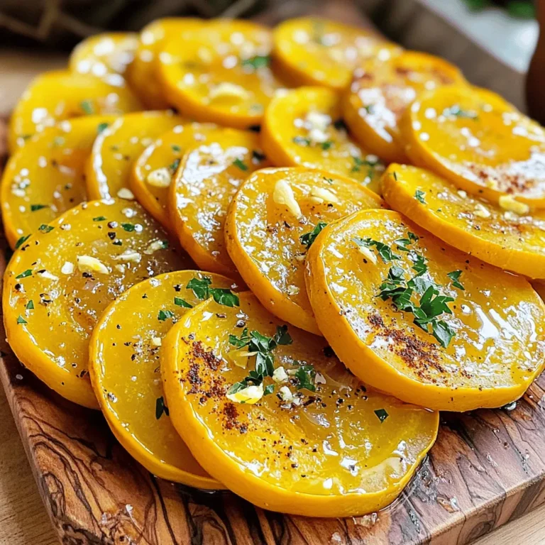 - 4 medium yellow squash - 2 tablespoons extra-virgin olive oil - 1 teaspoon garlic powder - 1 teaspoon smoked paprika - 1/2 teaspoon sea salt - 1/2 teaspoon freshly ground black pepper - 1 tablespoon fresh thyme leaves (or 1 teaspoon dried thyme) - 1/4 cup grated Parmesan cheese (optional) Roasting yellow squash is simple and fun. You only need a few key ingredients. Each item adds flavor and texture to the dish. The yellow squash shines with its bright color and mild taste. The extra-virgin olive oil helps the squash cook evenly. Garlic powder gives a gentle kick. Smoked paprika adds a warm, smoky flavor. Sea salt and black pepper enhance all the tastes. Fresh thyme brings a hint of earthiness to the mix. You can sprinkle Parmesan cheese on top if you like. It adds a creamy touch that makes the dish even better. Each ingredient plays a role in making roasted yellow squash a tasty delight. For the full recipe, check out the Sunny Roasted Yellow Squash Delight. The combination of these ingredients will surely impress your family and friends. Enjoy cooking! 1. Preheat your oven to 400°F (200°C). This step warms the oven for roasting. 2. Slice the yellow squash into 1/4-inch rounds. This thickness helps it cook evenly. 1. Grab a large mixing bowl. Combine the sliced squash with olive oil, garlic powder, smoked paprika, sea salt, black pepper, and thyme. 2. Toss the squash until each slice is evenly coated. You want every piece to soak in that flavor. 1. Line a baking sheet with parchment paper. This keeps the squash from sticking. 2. Arrange the squash in a single layer on the sheet. Avoid overlapping to ensure even roasting. 3. Roast in the preheated oven for 20-25 minutes. Flip the squash halfway through to help it cook evenly. You know it’s done when it’s tender and caramelized at the edges. For a special touch, sprinkle Parmesan cheese on top in the last five minutes of cooking. Zest some lemon over the warm squash right after roasting. This adds a bright flavor. If you want the full recipe, check out the Sunny Roasted Yellow Squash Delight. To get the best flavor and texture from your yellow squash, flip the slices halfway through cooking. This step ensures even roasting on both sides. If you skip this, one side might burn while the other stays raw. Also, avoid overlap when placing slices on the baking sheet. Overlapping can lead to steaming instead of roasting. Spread the squash in a single layer. This allows the heat to circulate and caramelize the edges, giving you that delicious golden color. Adding herbs and spices can elevate your roasted squash. Try fresh thyme, rosemary, or even a sprinkle of chili flakes for some heat. Mix these in with your olive oil before coating the squash. If you want a creamy texture, consider adding cheese. In the last few minutes of roasting, sprinkle grated Parmesan on top. The cheese melts beautifully and adds a rich flavor. Serve your roasted squash warm for the best taste. I love adding lemon wedges on the side. This gives a bright, zesty kick to each bite. For a pop of color, garnish your dish with fresh parsley. It not only looks great but adds a fresh taste. Presenting your dish well makes it even more inviting for your guests. For the complete guide to making this dish, check out the Full Recipe. {{image_4}} You can add fresh herbs to change the flavor. Try rosemary or basil for a twist. These herbs give the squash a nice Mediterranean taste. Just chop them up and mix them in with the squash. Fresh herbs add a bright, fresh note that elevates the dish. If you love cheese, try feta or goat cheese. These cheeses add a tangy flavor. You can also use vegan cheese for a dairy-free option. Sprinkle it on the squash before roasting. This gives a nice creamy touch to the dish. Feel free to mix in other veggies. Bell peppers and zucchini add color and taste. You can also add nuts or seeds. They give a nice crunch and extra nutrition. These seasonal additions make your dish more exciting and fun. For the full recipe, check out Sunny Roasted Yellow Squash Delight 🥬. To keep your roasted yellow squash fresh, store it in an airtight container. Place the container in the fridge. Proper storage helps maintain its taste and texture. Roasted yellow squash lasts for about 3 to 5 days in the fridge. If you want to enjoy it later, consider freezing it. When reheating, you'll want to keep the squash tender and tasty. The best method is using the oven. Preheat your oven to 350°F (175°C) and place the squash on a baking sheet. Heat for about 10 to 15 minutes. This method helps the squash stay crispy. You can use a microwave, but it may not keep the same texture. If you choose the microwave, heat in short bursts. Check often to avoid overcooking. Enjoy your tasty roasted yellow squash again! For the full recipe, check out the Sunny Roasted Yellow Squash Delight. You can tell if your roasted yellow squash is done by several signs. First, look for a golden-brown color on the edges. The squash should also be tender when you poke it with a fork. If it feels soft but not mushy, it’s perfect. I usually roast it for 20 to 25 minutes. Make sure to flip it halfway for even cooking. You can use frozen yellow squash, but it won’t taste the same. Frozen squash has more water, which can make it soggy. If you want to roast frozen squash, try to thaw it first and drain any excess water. Fresh squash tastes better and has a firmer texture when roasted. Roasted yellow squash is not just tasty; it’s also good for you! It’s low in calories and high in vitamins. This squash is rich in vitamin C, which helps your immune system. It also contains vitamin A, which is great for your eyes. Plus, you get fiber that helps your digestion. Eating roasted yellow squash can be a healthy choice. Roasted yellow squash pairs well with many dishes. You can serve it with grilled chicken or fish for protein. It also goes nicely with grains like quinoa or brown rice. For a complete meal, add a fresh salad or some crusty bread. These sides will make your meal colorful and delicious. Roasted yellow squash is simple and delicious. We covered the key ingredients, steps, and tips to make it perfect. You learned how to enhance flavors with herbs and cheese, and even how to store leftovers. This dish is versatile and pairs well with many meals. Don't hesitate to experiment with variations based on your taste. Enjoy roasting, and make this dish a staple in your kitchen!