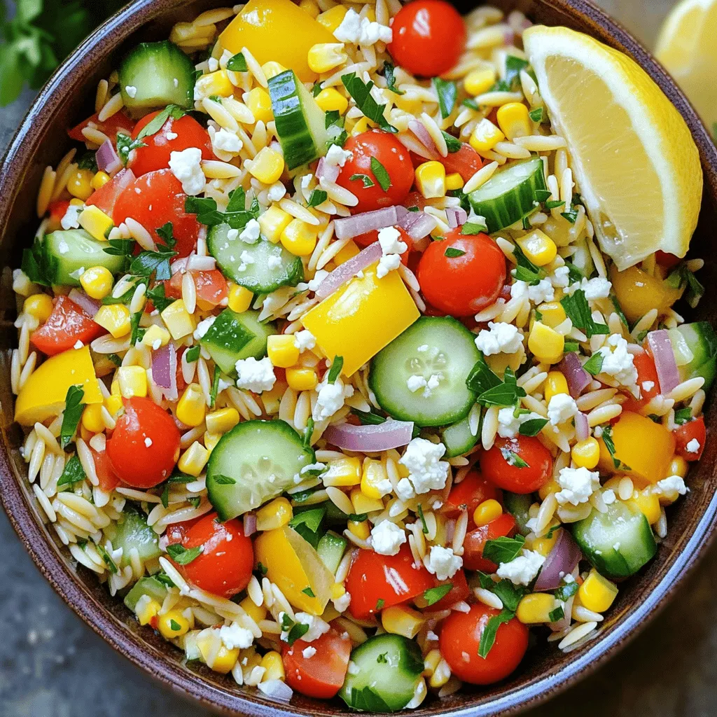 To make a vibrant Rainbow Orzo Salad, gather these fresh ingredients: - 1 cup orzo pasta - 1 cup cherry tomatoes, halved - 1 yellow bell pepper, diced - 1 cucumber, diced - 1 cup corn kernels (choose between fresh, frozen, or canned) - 1/2 red onion, finely chopped - 1/2 cup feta cheese, crumbled - 1/4 cup fresh parsley, finely chopped - 1/4 cup extra virgin olive oil - 3 tablespoons freshly squeezed lemon juice - Salt and pepper to taste - Optional: 1/4 teaspoon red chili flakes for a spicy kick Feel free to add your twist! You can try: - Black olives for a briny touch - Avocado for creaminess - Grilled chicken for extra protein - Spinach or kale for a green boost - Nuts or seeds for crunch This salad is easy to adapt to various diets. For gluten-free, swap orzo for rice or quinoa. To make it vegan, replace feta with a plant-based cheese or omit it entirely. Check your ingredients for gluten or dairy, and you can enjoy this salad with ease! To start, bring a pot of salted water to a boil. Add 1 cup of orzo pasta. Cook it according to the package directions until it is al dente. This usually takes about 8 to 10 minutes. Once cooked, drain the orzo in a colander. Rinse it under cold running water to stop the cooking. This step keeps the orzo from getting mushy. Set it aside to cool completely. Next, grab a large mixing bowl. Add 1 cup of halved cherry tomatoes, 1 diced yellow bell pepper, and 1 diced cucumber. Also, include 1 cup of corn kernels. You can use fresh, frozen, or canned corn. Finally, add 1/2 finely chopped red onion. Stir well to mix all these colorful veggies. Each adds a nice crunch and flavor to the salad. Now, gently add the cooled orzo pasta to the bowl of veggies. This creates a bright mix of colors. Drizzle 1/4 cup of extra virgin olive oil and 3 tablespoons of lemon juice over the combined mix. Use a large spoon or spatula to stir everything together. Make sure all the ingredients get coated with the dressing. For the best taste, cover the bowl with plastic wrap or a lid. Chill the salad in the fridge for at least 30 minutes. This resting time helps all the flavors blend well. When you are ready to serve, you will notice how fresh and vibrant the salad tastes. Enjoy this delightful dish with family or friends! For a full experience, check out the Full Recipe. Cooking orzo is simple but requires attention. First, always use a pot of salted water. This adds flavor to the pasta. Cook the orzo until it’s al dente, usually about 8-10 minutes. Drain it well, then rinse under cold water. This stops the cooking and keeps it firm. This step helps maintain the perfect texture in your Rainbow Orzo Salad. To make your salad pop, use fresh ingredients. Fresh herbs like parsley add brightness. A squeeze of lemon juice brings a zesty kick. I love adding a pinch of red chili flakes for heat. It balances the creaminess of feta cheese. Mixing in a variety of colors makes the salad inviting. Don’t forget to taste and adjust the seasoning as you go! Serve your Rainbow Orzo Salad in a large, bright bowl. This makes the colors stand out. You can also use mason jars for a fun, portable option. I like to add extra parsley and a lemon wedge on top for garnish. This not only looks great but also adds freshness. Enjoy your salad as a side dish or a light meal. It’s perfect for picnics or potlucks. For the full recipe, check out the details provided earlier! {{image_4}} You can customize Rainbow Orzo Salad with other veggies. Consider adding: - Spinach or arugula for extra greens. - Shredded carrots for a sweet crunch. - Broccoli florets for a hearty touch. - Radishes for a peppery bite. These additions boost color and nutrition. You can mix and match based on what you enjoy. You can make your salad more filling by adding protein. Here are some tasty options: - Chickpeas for a hearty, plant-based boost. - Grilled chicken for a lean protein source. - Shrimp for a seafood twist. - Tofu for a great vegetarian choice. Adding protein turns this salad into a full meal. While the olive oil and lemon dressing is great, you can try other flavors. Here are some ideas: - Balsamic vinaigrette for a tangy kick. - Greek yogurt dressing for a creamy texture. - Honey mustard dressing for a sweet touch. Experimenting with dressings can change the salad's taste. You might discover a new favorite! For the full recipe, check out the Vibrant Rainbow Orzo Salad section. To store leftover Rainbow Orzo Salad, place it in a clean, airtight container. Ensure the lid seals tightly to keep air out. This helps maintain freshness and flavor. You can refrigerate the salad for later use. Avoid letting it sit out for more than two hours to keep it safe to eat. When stored correctly, this salad can last up to three days in the fridge. After that, the flavors may fade, and the texture could change. If you notice any off-smells or unusual textures, it's best to toss it. Always trust your senses when it comes to food safety. To refresh your Rainbow Orzo Salad, start by adding a splash of fresh lemon juice. This brightens the flavors and brings back some zest. You can also mix in extra herbs or a drizzle of olive oil. If the salad seems dry, adding a little more dressing can help restore its original taste and texture. Enjoy your colorful meal again! For the full recipe, check out the details above. You can make Rainbow Orzo Salad a day in advance. Just prepare the salad as usual. Store it in the fridge in a sealed container. This allows the flavors to blend well. When you're ready to serve, give it a quick stir. You might want to add a bit more dressing to freshen it up. Yes, you can use any pasta you like. Small shapes like bow tie or penne work great too. Just keep in mind that cooking times may differ. Follow the package directions for the new pasta. This way, you ensure it cooks just right. Absolutely! This salad is perfect for meal prep. It lasts well in the fridge for up to three days. Portion it into individual containers for easy grab-and-go lunches. The colors and flavors remain bright and tasty, making it a fun meal option. Rainbow Orzo Salad pairs well with many dishes. Consider serving it with grilled chicken or fish for extra protein. It also goes well with crusty bread or a simple green salad. This versatility makes it a great side dish for any meal. Check the Full Recipe for more ideas! Rainbow Orzo Salad is a fun and tasty dish. We explored all its ingredients, steps, and tips. You can customize it with extra veggies or proteins too. Remember to chill your salad for the best taste. Store leftovers properly to enjoy later. This salad is perfect for any meal or event. Embrace the vibrant flavors and make it your own. Enjoy creating your own Rainbow Orzo Salad masterpiece!