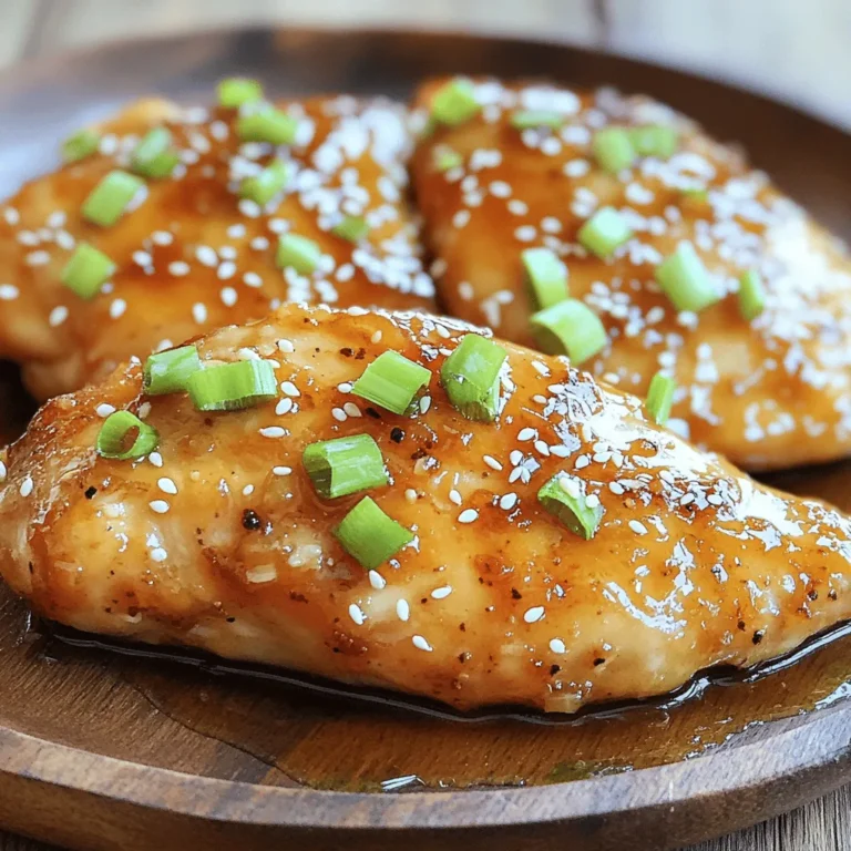 To make honey garlic chicken breasts, gather these items: - 4 boneless, skinless chicken breasts - 1/3 cup honey - 1/4 cup low-sodium soy sauce - 4 cloves garlic, finely minced - 1 tablespoon fresh ginger, grated - 1 tablespoon olive oil (for cooking) - 1 teaspoon sesame oil - 1 teaspoon apple cider vinegar - Salt and freshly cracked black pepper, to taste - Chopped green onions (for garnish) - Sesame seeds (for garnish) If you want to switch things up, you can make some simple changes: - Use chicken thighs instead of breasts for more flavor and tenderness. - Swap honey for maple syrup for a different sweet taste. - Choose coconut aminos instead of soy sauce for a gluten-free option. - Replace fresh ginger with powdered ginger in a pinch. - Use canola oil instead of olive oil for frying. Measuring helps your dish taste just right. Here are some tips: - Use a liquid measuring cup for honey and soy sauce. Pour slowly for accuracy. - Use a dry measuring cup for solid ingredients like ginger and garlic. - Level off dry ingredients with a straight edge for a perfect measure. - For sticky ingredients like honey, spray the measuring cup with cooking oil first. This makes it easier to pour out. Get ready for a flavorful dinner delight with these simple ingredients! For the full recipe, check the details above. To start, gather all your ingredients. You need four boneless, skinless chicken breasts, honey, soy sauce, garlic, ginger, olive oil, sesame oil, apple cider vinegar, salt, and pepper. Chop the garlic and grate the ginger. In a medium bowl, mix the honey, soy sauce, garlic, ginger, olive oil, sesame oil, and apple cider vinegar. Whisk the mixture until it is smooth and well combined. Pat the chicken dry with paper towels. Season both sides with salt and freshly cracked black pepper. This step adds flavor to the chicken. Heat a drizzle of olive oil in a large skillet over medium-high heat. Once the oil is hot and shimmering, place the seasoned chicken breasts in the skillet. Cook each side for about 5-7 minutes. You want a rich, golden-brown crust. Use a meat thermometer to check if the chicken has reached 165°F (75°C). When the chicken is golden, pour the honey garlic sauce over the top. Reduce the heat to medium-low and cover the skillet. Let it simmer for 10-15 minutes. This allows the sauce to thicken and flavor the chicken. To check if your chicken is done, use a meat thermometer. Insert it into the thickest part of the chicken. It should read 165°F (75°C). If you don’t have a thermometer, you can cut into the chicken. The juices should run clear, not pink. Make sure to check all pieces, as they can cook unevenly. After cooking, let the chicken rest for a few minutes before serving. This helps keep it juicy. For a great presentation, drizzle extra sauce on top and garnish with green onions and sesame seeds. Enjoy this flavorful dinner delight from the Full Recipe! To make your honey garlic chicken truly shine, use fresh ingredients. Fresh garlic and ginger pack a punch and enhance the dish's flavor. If you want more depth, let the chicken marinate. A 30-minute soak in the sauce will increase flavor. You can also add a splash of lime juice to brighten the taste. Remember, balance is key! Use salt to enhance sweetness and acidity to cut through richness. Cooking chicken breasts can be tricky. To keep them juicy, avoid overcooking. Use a meat thermometer to check for an internal temperature of 165°F (75°C). Start on high heat to get a nice crust, then lower the heat. This helps the inside cook without drying out. Covering the skillet while simmering allows the chicken to absorb sauce flavors. Here are some tools that can help you cook like a pro: - Large skillet - Meat thermometer - Whisk for mixing - Cutting board - Sharp knife for slicing These tools make cooking smoother and more enjoyable. Having the right equipment allows you to focus on creating a delicious meal. For the full recipe, check out the details above! {{image_4}} You can add more colors and flavors to your honey garlic chicken. Try mixing in vegetables like bell peppers, broccoli, or snap peas. Cut them into bite-sized pieces. Add them to the skillet after the chicken has cooked for about 5 minutes. This way, the veggies soak up the sauce and stay crisp. It makes the dish healthy and fun. If you like heat, spice up your honey garlic chicken. Add red pepper flakes or chili paste to the sauce. Start with half a teaspoon and adjust to your taste. This spicy kick pairs well with the sweetness of honey. It gives you a nice balance of flavors. You can also use sriracha for a different heat profile. You don’t have to cook the chicken on the stove. Grilling gives it a smoky flavor. Marinate the chicken in the honey garlic sauce for at least one hour. Then, grill it on medium heat for about 6-8 minutes per side. If you prefer baking, preheat your oven to 400°F (200°C). Place the chicken in a baking dish, pour the sauce over it, and bake for 20-25 minutes. This keeps the chicken juicy and full of flavor. For the full recipe, check the [Full Recipe]. After your meal, let the chicken cool down. Place leftovers in an airtight container. This keeps them fresh and tasty. Store the container in the fridge. Honey garlic chicken can last for up to four days. If you plan to eat it later, consider freezing it. To reheat, you have a few options. The best way is to use the oven. Preheat it to 350°F (175°C). Place the chicken in a baking dish and cover it. Heat for about 15-20 minutes. Check that the chicken is hot all the way through. You can also use a microwave. Heat in short bursts, checking often. This keeps the chicken juicy. If you want to freeze the chicken, it’s simple. Wrap each piece tightly in plastic wrap. Then, place them in a freezer bag. Squeeze out as much air as possible. This helps prevent freezer burn. You can freeze the chicken for up to three months. When you’re ready to eat, thaw it overnight in the fridge. Then, reheat using the oven or microwave. This way, you enjoy a delicious meal later. You can serve many sides with honey garlic chicken breasts. Here are some great options: - Steamed rice: This absorbs the sauce well and adds a nice balance. - Sautéed vegetables: Try broccoli, bell peppers, or carrots for color and crunch. - Mashed potatoes: Creamy potatoes enhance the meal and add comfort. - Quinoa: A healthy grain that pairs perfectly with the sauce. - Salad: A fresh green salad can lighten up the meal. These sides complement the flavors of the chicken and make a complete meal. Yes! You can prepare honey garlic chicken breasts ahead of time. Here’s how: - Marinate: You can marinate the chicken in the sauce for up to 24 hours. This adds flavor and tenderizes the meat. - Cook and store: After cooking, let the chicken cool. Store it in an airtight container in the fridge for up to 3 days. - Reheat: When you’re ready to eat, simply reheat in a skillet or microwave. Add a splash of water if the sauce thickens too much. This method saves time and keeps dinner stress-free. You can easily change the sweetness of the honey garlic sauce. Here are some tips: - Add more honey: For a sweeter sauce, increase the honey a bit. - Use less honey: If you prefer less sweetness, reduce the honey. - Try other sweeteners: Maple syrup or agave can be good substitutes. They offer a different flavor while keeping it sweet. - Balance with acid: If it gets too sweet, add a splash of apple cider vinegar for a tangy touch. Adjusting the sweetness helps you tailor the dish to your taste. You learned about the ingredients, steps, and tips for cooking honey garlic chicken. We covered ingredient substitutions, measuring tips, and how to check doneness. I shared best practices for enhancing flavor and cooking juicy chicken. You also saw variations and how to store leftovers properly. Cooking can be simple and fun. Use these tips to make your meals taste great. Enjoy your cooking experience!