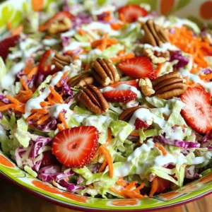 - 4 cups green cabbage, finely shredded - 1 cup red cabbage, finely shredded - 1 cup carrots, grated - 1 cup strawberries, hulled and sliced - 1/2 cup red onion, thinly sliced - 1/2 cup plain Greek yogurt - 2 tablespoons apple cider vinegar - 2 tablespoons honey - 1 tablespoon Dijon mustard - Salt and black pepper, to taste - 1/4 cup toasted pecans for garnish (optional) The key to a great Crisp Strawberry Coleslaw starts with fresh produce. When you choose your cabbages, look for bright green and deep red colors. The carrots should be crisp and firm, while the strawberries need to be ripe and sweet. For the dressing, I recommend using plain Greek yogurt. It adds creaminess without being too heavy. The apple cider vinegar gives a nice tang that balances the sweetness of the honey. Dijon mustard adds depth and a touch of spice. Don’t forget the seasoning! A pinch of salt and a dash of black pepper will enhance all the flavors in your coleslaw. If you want a little crunch, sprinkle some toasted pecans on top. This recipe is simple. You’ll find it is full of flavor. Check out the Full Recipe to make your own! To start, I gather all my fresh ingredients. In a large mixing bowl, I combine the finely shredded green cabbage and red cabbage. Next, I add the grated carrots, sliced strawberries, and thinly sliced red onion. It’s important to gently toss the mixture. This ensures an even mix of colors and flavors. In a separate medium bowl, I whisk together the plain Greek yogurt, apple cider vinegar, honey, and Dijon mustard. I mix until the dressing is smooth and creamy. This dressing brings a nice balance of tangy and sweet flavors to the coleslaw. Next, I pour the prepared dressing over the vegetable mixture. I carefully toss everything to coat the vegetables and strawberries evenly. This step is key. The dressing helps tie all the flavors together. I then season the coleslaw with salt and black pepper to taste. I adjust the seasoning as needed. After that, I let the coleslaw rest. Allowing it to sit for 10-15 minutes helps the flavors develop. For a chilled dish, I can also refrigerate it for up to 30 minutes. This wait is worth it! For the best taste, adjust the sweetness and tanginess of your dressing. You can add more honey for sweetness or extra vinegar for tang. Always use fresh, ripe strawberries. They make a big difference in flavor and color. Let your coleslaw marinate before serving. This helps all the flavors blend well and improves the texture. Crumble the pecans into smaller pieces for easier mixing and eating. This also adds a nice crunch to every bite. Serve this coleslaw cold. It works great as a side dish with grilled meats. You can also pair it with a light vinaigrette. This adds extra moisture and enhances the fresh flavors. Enjoy the burst of taste with every forkful! {{image_4}} You can mix things up by changing the fruit. Try using blueberries or thin apple slices instead of strawberries. Both give a sweet taste and add color. For more sweetness, add dried fruits like cranberries. They make the coleslaw chewy and fun! For a different flavor, include some nuts. Walnuts or almonds work great. They add a nice crunch and taste. Seeds can also boost texture. Try sunflower or pumpkin seeds for an extra bite. Both add health benefits and make every bite exciting! You can switch up the dressing too. Use sour cream instead of yogurt for a creamier taste. This makes the coleslaw richer and more filling. You can also play with mustards. Whole grain or spicy mustard can give a nice kick. Experiment to find your favorite mix! For the full recipe, check out the Crisp Strawberry Coleslaw section. Keep your Crisp Strawberry Coleslaw in an airtight container. This helps maintain its freshness. Store it in the refrigerator. This way, it stays cool and crisp for a few days. For the best taste, enjoy your coleslaw within 1-2 days. After this time, the flavors will fade. The texture may also change, making it less enjoyable. I do not recommend freezing this coleslaw. Freezing alters the texture of the cabbage and strawberries. When you thaw it, the coleslaw may become mushy. Enjoy it fresh for the best experience! Crisp Strawberry Coleslaw lasts about 1-2 days in the fridge. The taste may fade over time. To enjoy the best flavors, eat it fresh. Yes, you can make it ahead of time. It's best to prepare it a few hours before serving. This helps the flavors blend and improves the taste. To make this coleslaw vegan, just swap the Greek yogurt with a plant-based yogurt. This simple change keeps the creamy texture and taste. This coleslaw pairs well with many dishes. Serve it alongside grilled chicken, pork, or fish for a refreshing side. This coleslaw provides about 120 calories per serving. It has 3 grams of protein, 6 grams of fat, and 2 grams of fiber. Check the specific ingredients for exact details in the Full Recipe. This blog post shared a fresh recipe for Crisp Strawberry Coleslaw. We covered the key ingredients, the simple steps to prepare it, and tips for enhancing flavor and texture. You can easily adjust the fruits or dressing to your liking. This dish works great as a side or topping for grilled meals. Remember to store it properly for the best taste. I hope you enjoy making this tasty and colorful coleslaw!