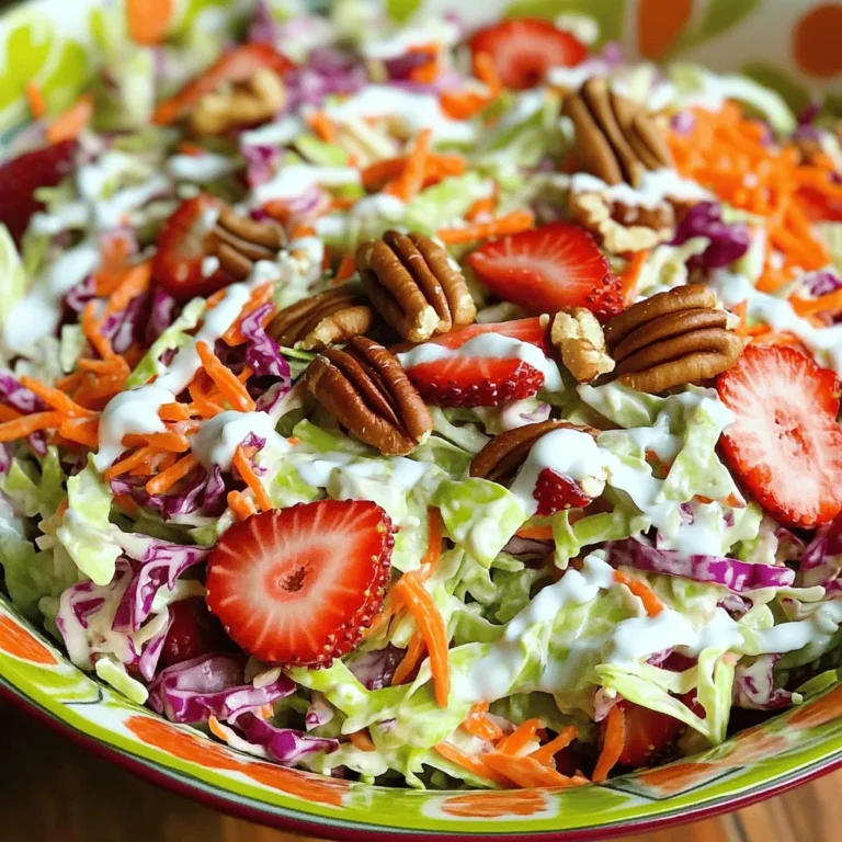 - 4 cups green cabbage, finely shredded - 1 cup red cabbage, finely shredded - 1 cup carrots, grated - 1 cup strawberries, hulled and sliced - 1/2 cup red onion, thinly sliced - 1/2 cup plain Greek yogurt - 2 tablespoons apple cider vinegar - 2 tablespoons honey - 1 tablespoon Dijon mustard - Salt and black pepper, to taste - 1/4 cup toasted pecans for garnish (optional) The key to a great Crisp Strawberry Coleslaw starts with fresh produce. When you choose your cabbages, look for bright green and deep red colors. The carrots should be crisp and firm, while the strawberries need to be ripe and sweet. For the dressing, I recommend using plain Greek yogurt. It adds creaminess without being too heavy. The apple cider vinegar gives a nice tang that balances the sweetness of the honey. Dijon mustard adds depth and a touch of spice. Don’t forget the seasoning! A pinch of salt and a dash of black pepper will enhance all the flavors in your coleslaw. If you want a little crunch, sprinkle some toasted pecans on top. This recipe is simple. You’ll find it is full of flavor. Check out the Full Recipe to make your own! To start, I gather all my fresh ingredients. In a large mixing bowl, I combine the finely shredded green cabbage and red cabbage. Next, I add the grated carrots, sliced strawberries, and thinly sliced red onion. It’s important to gently toss the mixture. This ensures an even mix of colors and flavors. In a separate medium bowl, I whisk together the plain Greek yogurt, apple cider vinegar, honey, and Dijon mustard. I mix until the dressing is smooth and creamy. This dressing brings a nice balance of tangy and sweet flavors to the coleslaw. Next, I pour the prepared dressing over the vegetable mixture. I carefully toss everything to coat the vegetables and strawberries evenly. This step is key. The dressing helps tie all the flavors together. I then season the coleslaw with salt and black pepper to taste. I adjust the seasoning as needed. After that, I let the coleslaw rest. Allowing it to sit for 10-15 minutes helps the flavors develop. For a chilled dish, I can also refrigerate it for up to 30 minutes. This wait is worth it! For the best taste, adjust the sweetness and tanginess of your dressing. You can add more honey for sweetness or extra vinegar for tang. Always use fresh, ripe strawberries. They make a big difference in flavor and color. Let your coleslaw marinate before serving. This helps all the flavors blend well and improves the texture. Crumble the pecans into smaller pieces for easier mixing and eating. This also adds a nice crunch to every bite. Serve this coleslaw cold. It works great as a side dish with grilled meats. You can also pair it with a light vinaigrette. This adds extra moisture and enhances the fresh flavors. Enjoy the burst of taste with every forkful! {{image_4}} You can mix things up by changing the fruit. Try using blueberries or thin apple slices instead of strawberries. Both give a sweet taste and add color. For more sweetness, add dried fruits like cranberries. They make the coleslaw chewy and fun! For a different flavor, include some nuts. Walnuts or almonds work great. They add a nice crunch and taste. Seeds can also boost texture. Try sunflower or pumpkin seeds for an extra bite. Both add health benefits and make every bite exciting! You can switch up the dressing too. Use sour cream instead of yogurt for a creamier taste. This makes the coleslaw richer and more filling. You can also play with mustards. Whole grain or spicy mustard can give a nice kick. Experiment to find your favorite mix! For the full recipe, check out the Crisp Strawberry Coleslaw section. Keep your Crisp Strawberry Coleslaw in an airtight container. This helps maintain its freshness. Store it in the refrigerator. This way, it stays cool and crisp for a few days. For the best taste, enjoy your coleslaw within 1-2 days. After this time, the flavors will fade. The texture may also change, making it less enjoyable. I do not recommend freezing this coleslaw. Freezing alters the texture of the cabbage and strawberries. When you thaw it, the coleslaw may become mushy. Enjoy it fresh for the best experience! Crisp Strawberry Coleslaw lasts about 1-2 days in the fridge. The taste may fade over time. To enjoy the best flavors, eat it fresh. Yes, you can make it ahead of time. It's best to prepare it a few hours before serving. This helps the flavors blend and improves the taste. To make this coleslaw vegan, just swap the Greek yogurt with a plant-based yogurt. This simple change keeps the creamy texture and taste. This coleslaw pairs well with many dishes. Serve it alongside grilled chicken, pork, or fish for a refreshing side. This coleslaw provides about 120 calories per serving. It has 3 grams of protein, 6 grams of fat, and 2 grams of fiber. Check the specific ingredients for exact details in the Full Recipe. This blog post shared a fresh recipe for Crisp Strawberry Coleslaw. We covered the key ingredients, the simple steps to prepare it, and tips for enhancing flavor and texture. You can easily adjust the fruits or dressing to your liking. This dish works great as a side or topping for grilled meals. Remember to store it properly for the best taste. I hope you enjoy making this tasty and colorful coleslaw!