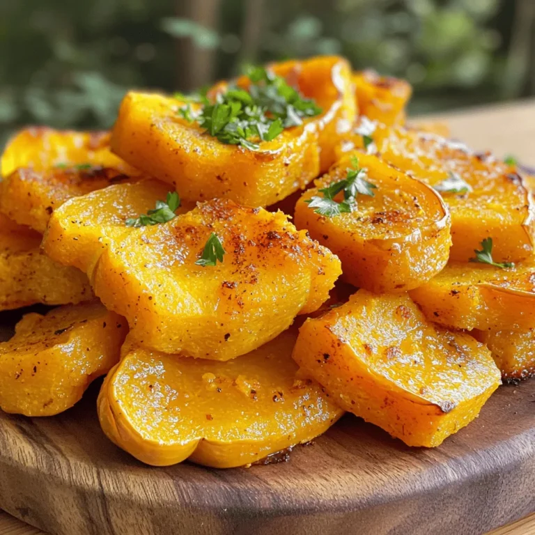 - Butternut squash - Olive oil - Spices and seasonings The main star of this dish is the butternut squash. It offers a sweet flavor and smooth texture. I use about one medium squash, peeled and diced into one-inch cubes. This size helps the squash roast evenly and become perfectly crispy. You will also need two tablespoons of olive oil to help the squash brown nicely. I love using extra virgin olive oil for its rich taste. Next, we need spices to boost the flavor. I use: - One teaspoon of smoked paprika for a warm, smoky taste. - One teaspoon of garlic powder for that savory note. - Half a teaspoon of ground cumin for an earthy touch. - Sea salt and freshly cracked pepper to taste. Feel free to add a pinch of cayenne pepper if you like some heat! - Additional spices - Garnishes You can get creative with your spices! Consider adding dried herbs like thyme or rosemary for a fragrant lift. You can also swap in chili powder for a different kick. For a pop of color and freshness, I often sprinkle some finely chopped parsley on top before serving. This adds a lovely contrast against the golden squash. - Best types for roasting - Texture and flavor profiles While I love butternut squash, you can try other types too! Delicata squash has a sweet flavor and is easy to slice. Acorn squash offers a mild taste and a fun shape. Each type has its unique texture and flavor, so feel free to experiment. Just remember, the key is to choose squash that will roast well. It should be firm and free of blemishes for the best results. For the full recipe, check out the Crispy Roasted Squash Delight! To start, you need to prep the squash. Take 1 medium butternut squash. Peel it and cut it into 1-inch cubes. This size helps it cook evenly. Next, mix your seasoning. In a large bowl, add the squash cubes. Pour in 2 tablespoons of extra virgin olive oil. Then, add 1 teaspoon smoked paprika, 1 teaspoon garlic powder, and 1/2 teaspoon ground cumin. Season with sea salt and freshly cracked pepper to taste. If you like heat, add 1/4 teaspoon cayenne pepper. Toss everything until the squash is well coated. Now, preheat your oven to 425°F (220°C). A hot oven helps the squash get crispy. Line a baking sheet with parchment paper. This makes cleanup easy. Spread the seasoned squash on the sheet in a single layer. Make sure the pieces are not touching. This spacing is key for crispiness. Roast the squash for about 25-30 minutes. Halfway through, flip the pieces with a spatula. This ensures even browning. Look for visual cues. The squash should be golden brown and crispy on the edges. When it meets these signs, it is ready! - Spacing and layering: Make sure to spread squash evenly on the baking sheet. Leave space between each piece. This allows hot air to circulate and gives you a nice crunch. If the squash pieces touch, they will steam instead of roast. - Importance of moisture: Dry squash roasts better. Pat the pieces dry with a paper towel before seasoning. This step helps them crisp up nicely in the oven. - Flavor combinations: The spices you choose can change the taste. I love using smoked paprika and garlic powder together. They bring a warm, smoky flavor to the squash. - Using fresh herbs versus dried: Fresh herbs add brightness. Try using fresh parsley or thyme right before serving. Dried herbs work well too, but add them during cooking for best results. - Best pairings with other dishes: Crispy roasted squash goes great with roasted chicken or fish. It adds a sweet touch to savory mains. - Creative serving ideas: Serve the squash on a bed of greens. Drizzle with balsamic glaze for a sweet and tangy contrast. This way, it looks beautiful and tastes even better. For the full recipe, check out Crispy Roasted Squash Delight. {{image_4}} You can try many types of squash for this dish. Acorn squash adds a sweet taste. Delicata squash has a creamy texture, making it perfect. You can also use spaghetti squash for a fun twist. When using different squash, adjust the cooking time. Some squash may need more time to roast. Others may cook faster. You can change the flavor to fit your mood. For sweet squash, add maple syrup or brown sugar. This makes a wonderful caramelized finish. If you like heat, add chili powder or fresh jalapeños. Spices like cinnamon or nutmeg can also give a warm flavor. Experiment with your favorite spices to find your perfect mix. This recipe is easy to modify for different diets. It is naturally gluten-free, so you don’t need to worry. To make it vegan, simply use oil instead of butter. You can also add nuts or seeds for extra crunch and protein. These simple swaps help everyone enjoy crispy roasted squash. To keep your crispy roasted squash fresh, store it in the fridge. Use an airtight container. This helps lock in moisture and flavor. - Refrigeration Recommendations: Store in the fridge for up to three days. - Freezing Advice: If you want to freeze it, let it cool first. Place in a freezer-safe bag. It can last up to three months in the freezer. Crispy roasted squash is best when fresh. But with proper care, it can last a bit longer. - How long will it last? In the fridge, it lasts about three days. If frozen, it stays good for three months. - Signs of spoilage: Look for soft spots or a change in color. If it smells sour, it is best to toss it out. Reheating your squash correctly is key to keeping it crispy. - Best methods for reheating: Use an oven or a toaster oven for best results. Set it to 350°F (175°C) and heat for about 10 minutes. - Maintaining crispiness: Avoid using a microwave, as it can make the squash soggy. If you must use one, heat for a very short time. To make your squash crispier, follow these tips: - Use high heat: Roasting at 425°F (220°C) works best. - Cut evenly: Dice the squash into 1-inch cubes for even cooking. - Don’t overcrowd: Spread the squash in a single layer on the baking sheet. - Flip halfway: Turn the squash pieces halfway through cooking for even crispness. Crispiness comes from good air circulation. If pieces touch, they steam instead of roast. Yes, you can prep the squash ahead of time. Here’s how: - Cut and season: Dice the squash and mix with oil and spices. - Store: Place in an airtight container in the fridge for up to 24 hours. - Roast when ready: Just pop it in the oven when you’re set to eat. This saves time on busy days and keeps flavors fresh. Crispy roasted squash pairs well with many dishes: - Grilled meats: Chicken, pork, or steak complement the sweetness. - Salads: Toss with greens for a fresh crunch. - Grains: Serve over rice, quinoa, or couscous for a hearty meal. - Dips: Pair with yogurt or tahini sauce for extra flavor. These combinations create a balanced plate. Look for these signs of doneness: - Color: The squash should be golden brown. - Texture: When pierced with a fork, it should feel tender. - Crisp edges: The edges should be crisp and slightly caramelized. For the best results, keep an eye on it as it roasts. Enjoy the crispy roasted squash from the Full Recipe! Roasting butternut squash is simple and rewarding. You learned the key ingredients and steps to prepare tasty, crispy squash. I shared tips for flavor, texture, and serving ideas. Exploring variations allows you to customize your dish. Remember to store leftovers properly for best results. Now, you can enjoy this healthy dish anytime. Embrace your new skills and get creative in your kitchen!