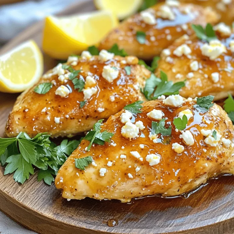 When making Hot Honey Feta Chicken, you need to gather some key ingredients. Here’s what to prepare: - Chicken breasts - Crumbled feta cheese - Hot honey (store-bought or homemade) - Extra-virgin olive oil - Garlic powder - Smoked paprika - Salt and freshly cracked black pepper - Freshly chopped parsley (for garnish) - Lemon wedges (for serving) These ingredients come together to create a dish that is both simple and packed with flavor. The chicken breasts are the star, providing a juicy base. The crumbled feta cheese adds a creamy and salty touch, while the hot honey brings in that sweet heat. Extra-virgin olive oil ensures the chicken stays moist and flavorful. Each spice plays a role. Garlic powder offers depth, and smoked paprika gives it a warm, smoky flavor. Don’t forget the salt and pepper; they are essential for enhancing all the tastes. Finally, fresh parsley brightens the dish, and lemon wedges add a refreshing twist when served. Make sure to check the Full Recipe to see how each ingredient shines in this delightful dish. - Preheat the oven to 375°F (190°C). - In a medium bowl, mix 1 cup of crumbled feta cheese with 1/3 cup of hot honey. Stir well until it's creamy and smooth. Set this aside for later. - Take 4 boneless, skinless chicken breasts. Drizzle 2 tablespoons of extra-virgin olive oil over them. - Make sure each breast is well coated. Season both sides with 1 teaspoon of garlic powder, 1 teaspoon of smoked paprika, salt, and freshly cracked black pepper to taste. - Place the seasoned chicken in a baking dish, laying them flat. - Spoon the hot honey feta mixture over each breast. Cover them well to keep in moisture and flavor. - Put the baking dish in the oven. Bake for about 25-30 minutes. Check that the chicken reaches an internal temperature of 165°F (74°C). It should look juicy and slightly golden. - Once done, take the dish out and let the chicken rest for 5 minutes. This helps keep it moist. - Finally, sprinkle chopped parsley on top. Serve with lemon wedges for a fresh touch. For the complete recipe, check out the [Full Recipe]. To make your chicken juicy and flavorful, start with fresh chicken breasts. They should be boneless and skinless for the best results. Pat them dry with paper towels before seasoning. This helps the spices stick better. For seasoning, use garlic powder and smoked paprika. These add depth to the flavor. Don’t forget to sprinkle salt and pepper, too. Be generous but don't overdo it. To achieve a golden crust, coat each chicken breast with olive oil. This creates a beautiful, crispy layer. Make sure to bake it in a preheated oven. The heat helps in getting that crust just right. When serving the chicken, presentation matters. Place it on a large platter. Garnish with freshly chopped parsley. This adds color and freshness. Add lemon wedges on the side. They provide a zesty flavor that brightens the dish. For sides, consider serving it with roasted vegetables or a simple salad. Both complement the chicken well. You can also serve it with quinoa or rice for a complete meal. For more detailed steps, refer to the Full Recipe. {{image_4}} If you want to mix things up, consider using different types of cheese. You can try goat cheese or ricotta for a creamy texture. Both add unique flavors. If you are lactose intolerant or prefer dairy-free options, look for plant-based cheeses. Almond or cashew-based cheeses work well and can mimic feta's tangy taste. Adjusting the heat level is easy and fun. You can reduce the amount of hot honey if you prefer a milder dish. Start with less and taste as you go. If you want more heat, try adding crushed red pepper flakes or cayenne pepper. This adds spice without changing the dish too much. Remember, the key is to find a balance that suits your taste. After you enjoy your hot honey feta chicken, you will likely have some leftovers. To keep them fresh, follow these steps: - Refrigeration: Place the chicken in an airtight container. This helps keep moisture in and air out. Store it in the fridge for up to three days. - Reheating: When ready to eat, reheat the chicken in the oven at 350°F (175°C). This helps keep the chicken juicy. Cover it with foil to prevent it from drying out. Heat it for about 10-15 minutes, or until warmed through. If you want to keep some chicken for later, freezing is a great option. Here’s how: - Freezing Portion Sizes: Cut the chicken into portions before freezing. This makes it easy to grab just what you need. Place each piece in a freezer bag. Remove as much air as possible to avoid freezer burn. - Defrosting Tips: When you’re ready to eat your frozen chicken, let it thaw in the fridge overnight. This keeps the taste fresh. You can also use the microwave for faster thawing, but be careful not to cook it. After thawing, reheat as mentioned before to keep the flavors intact. For the complete recipe, check out the [Full Recipe]. Bake the chicken at 375°F (190°C) for 25-30 minutes. This time ensures the chicken cooks evenly. Use a meat thermometer to check. The internal temperature should reach 165°F (74°C). This guarantees juicy chicken that is safe to eat. Yes, you can use chicken thighs! They have more fat and flavor, making them tender. However, chicken thighs may require a bit more time to cook. Bake them for 30-35 minutes, checking the internal temperature, just like with breasts. Hot honey has a sweet and spicy flavor. The heat level varies by brand. Some are mild, while others pack a punch. If you are unsure, taste a small amount first. Adjust the amount you use in the recipe if you prefer less heat. Hot honey adds a unique twist to this dish, balancing sweetness and spice. For the complete recipe, be sure to check the full recipe section. This blog post covered the essentials for making a delicious chicken dish. You learned about the key ingredients, like chicken, feta cheese, and hot honey. I shared step-by-step instructions to help you bake it perfectly. We also explored tips for juicy chicken and creative serving ideas. Variations let you switch up flavors, and I provided storage tips for leftovers. Remember, cooking can be simple and fun. Enjoy making this dish and impressing your friends and family!