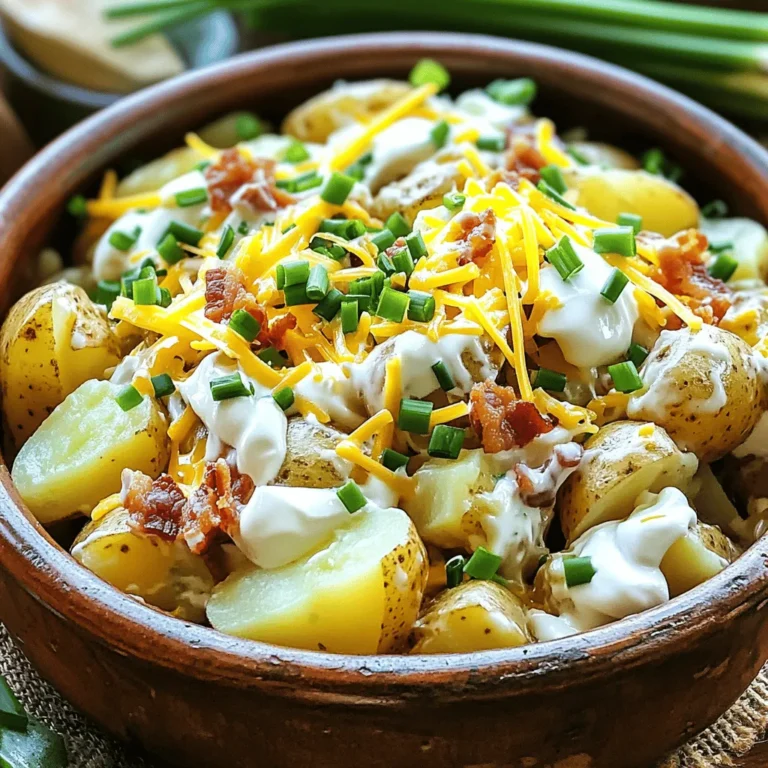 - 4 large russet potatoes - 1 cup sour cream - 1/2 cup mayonnaise - 1 cup shredded sharp cheddar cheese - 1/2 cup crispy cooked turkey bacon, crumbled - 1/2 cup green onions, sliced (white and green parts) - 1/4 cup fresh chives, finely chopped - Salt and freshly ground black pepper, to taste - 1 teaspoon garlic powder - 1 teaspoon onion powder Gather these ingredients before you start. The potatoes are the star of this dish. Use large russet potatoes for the best texture. The sour cream and mayo give the salad a creamy base. Sharp cheddar adds a nice bite. Turkey bacon gives it a savory crunch. Green onions and chives add fresh flavor. Don't forget the spices! They bring everything together. - Additional toppings: diced tomatoes, jalapeños, or olives - Alternative seasonings: smoked paprika or dill Feel free to mix in any optional items you like. Diced tomatoes add color and freshness. Jalapeños bring heat, and olives add a briny touch. You can also swap seasonings to fit your taste. Smoked paprika gives a nice depth. Dill adds a bright note. Customize it to make it your own! You can find the full recipe for Loaded Baked Potato Salad above. Choosing the right potatoes is key. I prefer large russet potatoes for this salad. They have a great texture and flavor. When baking, scrub the potatoes well to remove dirt. Dry them with a towel. Poke several holes in each potato with a fork. This lets steam escape while baking. Bake at 400°F for 45-50 minutes. The potatoes should be soft when you poke them with a fork. Let them cool for about 10-15 minutes before handling. For the base, mix sour cream and mayonnaise in a bowl. Whisk them until smooth. This blend is creamy and rich. Season with garlic powder, onion powder, salt, and pepper. Taste as you mix. Proper seasoning makes a big difference in flavor. Now, let’s chop the cooled potatoes. If you want, peel them. The skin adds taste but can stay on for more texture. Cut the potatoes into bite-sized cubes. Gently add them to the creamy mix. Now, fold in shredded cheddar cheese, crumbled turkey bacon, sliced green onions, and chopped chives. Be careful not to mash the potatoes. You want a nice chunky consistency. Cover the bowl with plastic wrap. Chill the salad for at least one hour. This helps the flavors mix well. When ready to serve, toss the salad gently. Taste it again and adjust seasoning if needed. For a pretty presentation, serve in a nice bowl. Top with extra cheddar cheese, turkey bacon, and fresh chives. This makes the dish look vibrant and inviting. To avoid mushy potatoes, choose firm russet potatoes. Wash them well and bake until soft but not falling apart. When you cut the potatoes, aim for bite-sized pieces. This keeps your salad chunky and delightful. For the right chunkiness, fold the potatoes gently into the sour cream mix. Use a spatula instead of a spoon. This helps keep the potato pieces whole. If you mash them too much, the salad loses its texture. You can easily adjust this recipe for dietary needs. If you want a lighter version, swap sour cream for Greek yogurt. For vegan options, use cashew cream or a vegan mayo. For dressings, mix in some ranch or a light vinaigrette. You could also add fresh herbs like dill or parsley for a twist. Experimenting with flavors can make it exciting! This salad pairs well with grilled meats like chicken or steaks. It also works great with burgers or hot dogs at picnics. For gatherings, serve the salad in a large bowl. You can add extra toppings on top for a fun look. Everyone will enjoy digging in! For the full recipe, check the earlier section. {{image_4}} To make your loaded baked potato salad gluten-free, choose gluten-free mayonnaise and check all other ingredients. Most potatoes are naturally gluten-free, so you can enjoy this dish without worry. For vegetarian options, swap the turkey bacon with crispy chickpeas or smoked tempeh. These alternatives add crunch and flavor without meat. If you enjoy a kick, try a spicy loaded baked potato salad. Add diced jalapeños or a splash of hot sauce. You can also mix in different herbs and spices. Fresh dill or parsley can brighten the dish. A dash of smoked paprika gives a nice depth to the flavors. You can change your salad with seasonal vegetables. In summer, add fresh corn or cherry tomatoes. In fall, roasted butternut squash fits well. For holiday-themed additions, consider diced cranberries or chopped pecans. These new ingredients bring a festive touch and make each bite special. You can find the full recipe [here](#). To keep your loaded baked potato salad fresh, store it in an airtight container. Make sure to cover the salad tightly to prevent air from entering. This keeps the flavors intact and stops the salad from drying out. In the refrigerator, your salad stays fresh for up to three days. After three days, the taste and texture start to decline. Reheating loaded baked potato salad can be tricky. The best way to do it is slowly. You can warm it in the microwave on low power. Stir it gently to help the heat spread evenly. Avoid using high heat, as it can make the potatoes mushy. You can also serve it cold for a refreshing twist. Can it be frozen? Yes, but it may change the texture. If you freeze it, store it in a freezer-safe container. When you thaw it, the salad might be a bit watery. To fix this, just stir it well and add a bit of sour cream or mayonnaise to bring back creaminess. Enjoy your loaded baked potato salad, no matter how you choose to serve it! You can prepare this salad up to a day in advance. Just follow all the steps and chill it in the fridge. This makes it perfect for parties or picnics. The flavors will mix together nicely, making it taste even better. Absolutely! You can use any cheese you like. Try mozzarella for a milder taste or pepper jack for some spice. Just make sure your cheese melts well if you bake the potatoes. If you want to cut calories, try Greek yogurt or a mix of sour cream and yogurt. Both options keep the creamy texture but add extra protein. They also help the salad taste fresh and zesty. This potato salad will stay fresh for about 3 to 5 days in the fridge. Just make sure to store it in an airtight container. Check for any changes in smell or texture before serving. Yes! This salad is very flexible. You can add diced tomatoes, jalapeños, or olives. Try mixing in some corn or bell peppers for extra crunch. Get creative and add whatever you enjoy! You can find the full recipe for Loaded Baked Potato Salad in this article. It has all the details you need to create this delicious dish at home. In this blog post, we explored how to make a creamy Loaded Baked Potato Salad. We covered important ingredients, step-by-step prep, and helpful tips. Remember, choosing the right potatoes and mixing well makes a big difference. Feel free to customize with your favorite toppings and seasonings. This dish works great for gatherings or as a side for grilled meats. With these guidelines, you can serve a delicious and satisfying salad any time. Trust me, it’s worth the effort! Enjoy your cooking adventure!
