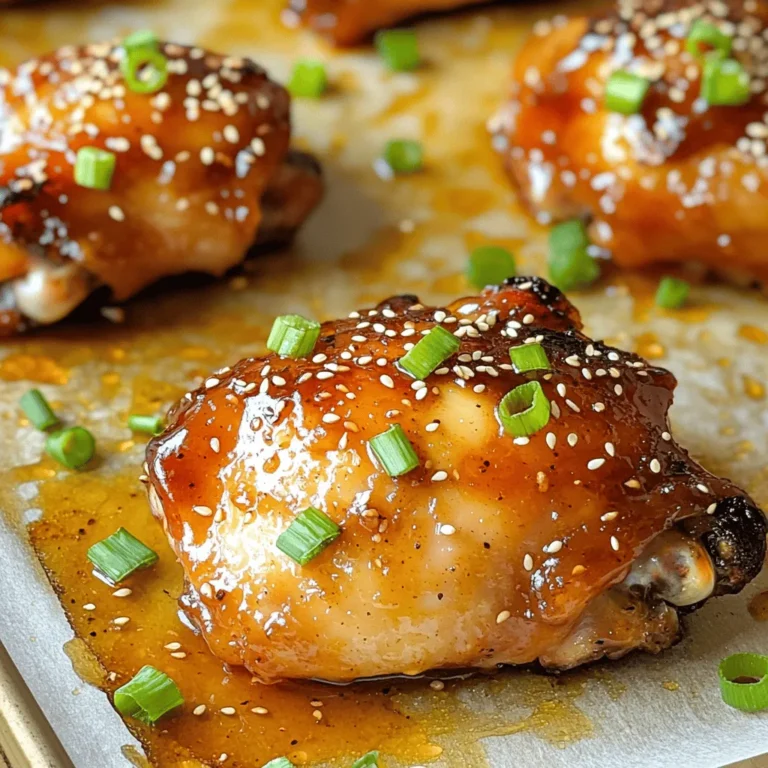 When making easy sticky garlic chicken, you need a few simple ingredients. These will bring bright flavors and a sticky glaze to your dish. Here’s what you’ll need: - 4 boneless, skinless chicken thighs - 4 tablespoons honey - 4 tablespoons low sodium soy sauce - 6 cloves garlic, minced finely - 1 tablespoon fresh ginger, grated - 1 tablespoon sesame oil - 2 green onions, thinly sliced (for garnish) - 1 tablespoon sesame seeds (optional, for garnish) - Salt and pepper, to taste Each ingredient plays a big role. The honey adds sweetness, while soy sauce gives it a salty kick. Fresh garlic and ginger bring a warm depth of flavor. Sesame oil adds a nutty aroma. Together, these ingredients create a delicious marinade that makes the chicken sticky and tasty. You can find the full recipe in the article. - In a medium bowl, combine: - 4 tablespoons honey - 4 tablespoons low sodium soy sauce - 6 cloves garlic, minced - 1 tablespoon fresh ginger, grated - 1 tablespoon sesame oil - Salt and pepper, to taste - Whisk until all ingredients blend well. This makes a tasty marinade. - Place 4 boneless, skinless chicken thighs in a zip-top bag or shallow dish. - Pour the marinade over the chicken. Make sure each piece gets coated. - Seal the bag or cover the dish and refrigerate for at least 30 minutes. For a deeper flavor, leave it for up to 2 hours. - Preheat your oven to 400°F (200°C). - Line a baking sheet with parchment paper. This helps with cleanup. - Once marinated, take the chicken out and save the leftover marinade. - Arrange the chicken on the baking sheet. - Bake for 25-30 minutes. Check the temperature; it should reach 165°F (75°C). - While the chicken bakes, take the reserved marinade. - Pour it into a small saucepan. Bring it to a boil over medium heat. - Reduce heat and let it simmer for 5-7 minutes until it thickens. - After baking, brush the thickened marinade on the chicken for extra flavor. Now, you have a delicious dish ready to serve! For more details, check the Full Recipe. Marinating is key for great flavor. I suggest marinating the chicken for at least 30 minutes. If you have time, let it sit for two hours. This longer time allows the flavors to soak in. You want every bite to burst with garlic and ginger. To deepen the taste, whisk the marinade well. Make sure the honey blends with the soy sauce and garlic. Baking is easy, but grilling and stovetop cooking work too. For grilling, preheat your grill and use medium heat. Cook the chicken for about six to eight minutes per side. This gives a nice char and smoky flavor. If you prefer the stovetop, heat a pan over medium heat. Add a little oil and cook the chicken for about six minutes on each side. For a crispy finish, sear on high heat for a minute or two. To complement the sticky garlic chicken, serve it with rice or steamed veggies. Jasmine rice or fried rice pairs really well. You can also add a side salad for freshness. For garnishes, sprinkle sliced green onions on top. A touch of sesame seeds adds texture and looks nice. Enjoy your dish with a drizzle of the thickened marinade for extra flavor. {{image_4}} You can change the taste of this dish by using different sauces. Try adding sriracha for heat or hoisin sauce for a sweet twist. You can also mix in spices like chili flakes or smoked paprika. These additions give your chicken a new flavor each time. If you need a gluten-free option, use tamari instead of soy sauce. This keeps the flavor while making it safe for those with gluten issues. For a low-calorie version, you can cut the honey in half or use a sugar substitute. You still get that sweet taste without the extra calories. Think about adding flavors from other cuisines. For an Asian twist, toss in some sesame seeds and serve with rice. Or, for a Mediterranean vibe, add olives and feta cheese. You can mix and match to create your own unique version of sticky garlic chicken. To store leftovers, first, let the sticky garlic chicken cool down. Place it in an airtight container. Make sure you seal it well to keep air out. You can keep it in the fridge for up to four days. This way, you still enjoy the flavors later! To freeze sticky garlic chicken, wrap each piece tightly in plastic wrap. Then, place them in a freezer-safe bag. This helps prevent freezer burn. You can freeze it for up to three months. When you're ready to eat, thaw it in the fridge overnight. For reheating, you can bake it in the oven at 350°F (175°C) until it's warm. Alternatively, you can use a microwave. Just make sure it heats all the way through. Enjoy your meal again with ease! You should marinate the chicken for at least 30 minutes. This allows the flavors to soak in. For the best taste, try marinating for up to 2 hours. Longer marinating can deepen the flavor and make the chicken more tender. Yes, you can use chicken breasts. However, they will taste different. Chicken thighs have more fat, making them juicier and richer. Chicken breasts cook faster, so keep an eye on them. You may need to adjust the cooking time to avoid drying them out. Using a meat thermometer is key. Insert it into the thickest part of the chicken. The safe internal temperature is 165°F (75°C). This ensures the chicken is cooked through and safe to eat. Checking this temperature helps you avoid any guesswork. This blog post covered a tasty sticky garlic chicken recipe. We explored essential ingredients, detailed step-by-step cooking instructions, and tips for marinating. You learned how to add your own twist with variations and adapt the dish to fit your diet. Plus, we shared food storage and reheating tips. Remember, cooking is fun and a chance to be creative. Enjoy trying this recipe and make it your own!