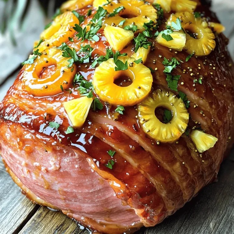 To make a Pineapple Mustard Glazed Ham, you need several key ingredients. Here’s what you’ll use: - 4-5 lb bone-in ham (fully cooked) - 1 cup fresh pineapple juice - 1/2 cup Dijon mustard - 1/4 cup packed brown sugar - 1/4 cup honey - 1 teaspoon ground ginger - 1/2 teaspoon ground cinnamon - 1/4 teaspoon black pepper These ingredients work together to create a sweet and tangy glaze that makes the ham shine. To make your dish even more appealing, add some garnishes. Use: - Fresh pineapple rings - Fresh parsley These garnishes add color and a fresh taste. They also make your ham look fancy on the table. Using high-quality ingredients is important for the best flavor. Choose: - Fresh pineapple juice instead of canned for a bright taste. - Pure Dijon mustard for a smooth, sharp flavor. - Organic brown sugar and honey to enhance sweetness naturally. Good quality ingredients elevate your dish and impress your guests. For the full recipe, check out the instructions to prepare your delicious Pineapple Mustard Glazed Ham! Start by preheating your oven to 325°F (165°C). This helps the ham cook evenly. In a mixing bowl, whisk together fresh pineapple juice, Dijon mustard, brown sugar, honey, ground ginger, ground cinnamon, and black pepper. Mix until you have a smooth glaze. Next, take your fully cooked bone-in ham and place it cut side down in a large roasting pan. Score the surface of the ham in a diamond shape with shallow cuts. This step allows the glaze to soak in and adds flavor. Now, brush the pineapple mustard glaze generously over the ham. Make sure it gets into the scored lines for the best flavor. Save some glaze for basting later. Loosely cover the ham with aluminum foil. This will keep it moist while it bakes. Place the covered ham in the preheated oven. Bake it for about 1.5 to 2 hours. Baste the ham with the reserved glaze every 30 minutes. This keeps it juicy and full of flavor. When there are about 20-30 minutes left, remove the foil. This allows the glaze to caramelize, creating a rich crust. Use a meat thermometer to check that the internal temperature reaches 140°F (60°C). Once done, take it out and let it rest for 15 minutes. This helps keep the juices inside. Garnish with fresh pineapple rings and parsley for a beautiful finish. Slice and serve to impress your guests! For more details, check the Full Recipe. To make your ham tasty, scoring it is key. Cut shallow lines in a diamond shape on the surface. This step allows the glaze to soak in well. You should score about 1 inch apart. The more you score, the better the flavor will spread. Brush the glaze deep into the cuts. This will give every bite a burst of flavor. You want your glaze to be smooth and sticky. Mix the pineapple juice, Dijon mustard, and honey well. If your glaze is too thin, add a little brown sugar. This will thicken it and keep it on the ham. If it is too thick, add a splash of juice. Remember to keep some glaze for basting. Basting during cooking helps build a rich layer. If your glaze burns, it could be too thick or the oven too hot. Always baste every 30 minutes to keep moisture. If the ham is dry, it may have cooked too long. Use a meat thermometer to check the temp. Aim for 140°F for perfect warmth. If you need to add moistness, cover the ham with foil during baking. This keeps it juicy and tender. For more detailed instructions, check the Full Recipe. {{image_4}} If you want to change the taste of your ham, try different glazes. A maple syrup and mustard mix gives a sweet and tangy flavor. You can also use orange marmalade and soy sauce for a citrusy twist. For a spicy kick, mix chipotle peppers with honey. Each option adds a unique flair to your Pineapple Mustard Glazed Ham. You can cook your ham in various ways. A slow cooker makes for juicy and tender meat. Simply set it on low for about 6-8 hours. If you prefer a smoky flavor, use a smoker. It adds a rich depth to the ham. The cooking time here is about 4-5 hours, depending on the size. Both methods allow the glaze to soak in while keeping the meat moist. Sometimes, you may need to adjust ingredients. If you're avoiding sugar, use a sugar substitute like agave nectar. For gluten-free diets, check that your mustard is gluten-free. You can also swap honey with maple syrup for a vegan option. These changes ensure everyone can enjoy this dish. Don't hesitate to experiment with flavors that fit your needs. After enjoying your Pineapple Mustard Glazed Ham, store leftovers in an airtight container. Slice the ham into pieces for easier storage. You can keep it in the fridge for up to five days. If you want to keep it longer, consider freezing it. When you reheat the ham, do it gently. Preheat your oven to 325°F (165°C). Place the ham in an oven-safe dish and add a splash of pineapple juice or broth. Cover it with foil to keep it moist. Heat for about 20-30 minutes or until warmed through. This way, the ham stays juicy and tasty. To freeze your ham, wrap it tightly in plastic wrap, then in aluminum foil. This prevents freezer burn. Label it with the date. It can last up to three months in the freezer. When you're ready to eat, thaw it in the fridge overnight. Then, reheat as described above. Enjoy your flavorful ham anytime! To check if the ham is done, use a meat thermometer. Insert it into the thickest part of the ham. The safe temperature is 140°F (60°C). When it reaches this, the ham is warm and ready to serve. This simple test helps you avoid undercooking or overcooking. Yes, you can prepare the ham ahead of time. You can glaze it and store it in the fridge for up to 24 hours before baking. This will let the flavors mix well. Just remember to bring it to room temperature before cooking. This step helps it bake evenly. Several sides go well with the sweet and tangy notes of this ham. Here are some favorites: - Roasted vegetables, like carrots and Brussels sprouts - Creamy mashed potatoes - Tangy coleslaw - Sweet potato casserole - Fresh green salad with a light dressing These sides enhance the meal and make it more colorful. The full recipe for Pineapple Mustard Glazed Ham is a great base. You can tweak it to fit your taste. For example, use different fruit juices like orange or apple. You can also switch the mustard for a spicier one. Each change brings new flavors to the dish. Don't be afraid to experiment! In this post, you learned about making Pineapple Mustard Glazed Ham. We covered key ingredients and their roles, plus step-by-step instructions for preparing and cooking the ham. You now know tips for perfect flavor and glaze, along with fun variations to try. Don’t forget how to store and reheat leftovers, so nothing goes to waste. Enjoy creating this dish and impressing your family or guests with its tasty goodness. Happy cooking!