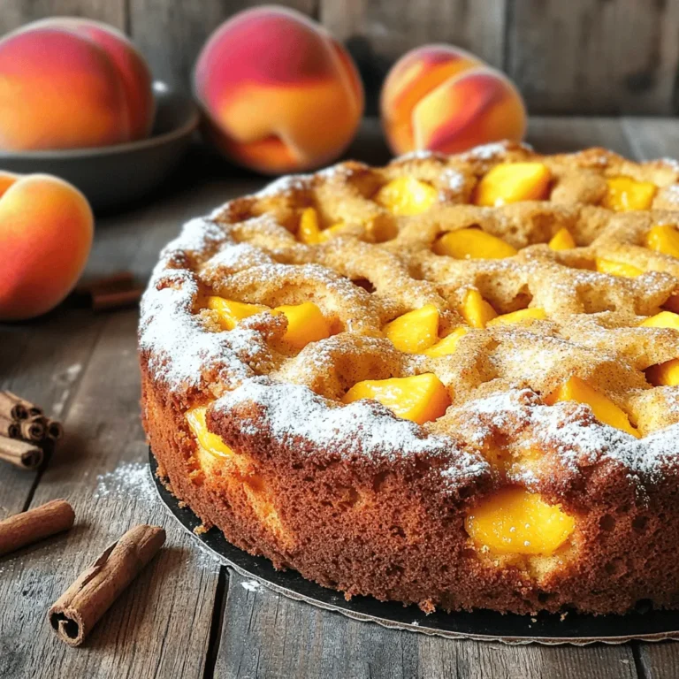 - Ripe peaches: Look for peaches that are soft but not mushy. A sweet aroma means they are ripe. Choose peaches with a vibrant color and no blemishes. These will give your cake the best flavor. - Essential pantry staples: You will need sugar, butter, eggs, flour, baking powder, baking soda, and salt. These ingredients create the cake's base and give it structure. Use unsalted butter for better control over the salt levels. Fresh eggs help in achieving a fluffy texture. - Variations in spices: You can add ground cinnamon or nutmeg for extra warmth. These spices enhance the peach flavor and make the cake more aromatic. Try using a mix for a unique twist. - Toppings: Consider frosting or garnishes like whipped cream or powdered sugar. A dollop of cream adds richness, while a sprinkle of sugar gives a pretty finish. You could also use sliced peaches on top for extra freshness. To see the complete list of ingredients and instructions, check out the Full Recipe. First, preheat your oven to 350°F (175°C). This step gets the oven ready for baking. Next, grease a 9-inch round cake pan with soft butter. Dust it lightly with flour, tapping out the extra. This helps the cake release easily after baking. Now, let’s cream the butter and sugar. In a large bowl, use a hand mixer or stand mixer. Mix the butter and sugar on medium speed. You want this to be light and fluffy. This process takes about 3 to 5 minutes. Proper creaming adds air, which helps the cake rise. Next, it’s time to add eggs and vanilla. Add each egg one at a time. Mix well after each egg. This ensures they blend evenly. Then, pour in the pure vanilla extract. Mix for another 30 seconds. This adds rich flavor to the batter. Now, we need to combine the dry ingredients. In a separate bowl, whisk together the flour, baking powder, baking soda, fine salt, cinnamon, and nutmeg. Make sure there are no clumps. If they clump, your cake may not rise well. Gradually add the dry mix to the wet batter. Alternate this with the buttermilk. Start with one-third of the dry mix, then half the buttermilk. Keep alternating until everything is added. Mix just until combined to avoid overmixing. Time to fold in the peaches! Gently add the chopped peaches into the batter. Use a spatula to fold them in. Be careful not to break the peaches. They should stay chunky for great bites in the cake. Pour the batter into the prepared pan. Use a spatula to spread it evenly. Now, place the pan in the preheated oven. Bake for 35 to 40 minutes. To check for doneness, insert a toothpick into the center. If it comes out clean, your cake is ready! If the top browns too fast, cover it loosely with aluminum foil. This trick keeps the top from burning while the inside cooks. Once baked, let the cake cool in the pan for 10 minutes. Then, run a knife around the edges to loosen it. Carefully transfer it to a wire rack to cool completely. Enjoy the sweet smell as it cools! How do you choose ripe and flavorful peaches? Look for peaches that are slightly soft to the touch. Their color should be rich and vibrant. A sweet aroma hints at ripeness. Avoid peaches with blemishes or green spots. Should you pick organic or conventional peaches? Organic peaches often have more flavor and fewer chemicals. However, conventional peaches may be easier to find and cheaper. If possible, choose organic for the best taste. What are common baking mistakes? One big mistake is overmixing the batter. This can make your cake tough. Mix just until the dry ingredients blend in. How can you achieve a moist cake? Using buttermilk is key. It adds moisture and richness. Make sure to keep it at room temperature before mixing. This helps the batter blend smoothly. For more expert tips, check the Full Recipe for all the details! {{image_4}} You can change this cake in many fun ways. Adding nuts gives a nice crunch. I suggest using chopped walnuts or pecans. They add richness and flavor. If you love chocolate, try chocolate chips. They melt and mix well with peaches. You can also swap peaches for other fruits. Try fresh nectarines or plums for a twist. Berries like blueberries or raspberries work well too. They bring a burst of color and taste. Each fruit adds its own special touch to your cake. If you need a gluten-free cake, swap wheat flour with almond flour or gluten-free flour. Almond flour gives a nutty taste and keeps the cake moist. For a vegan option, replace eggs with flax eggs. Mix one tablespoon of flaxseed meal with three tablespoons of water. Let it sit until it thickens for about five minutes. Use plant-based milk instead of buttermilk. Almond or soy milk works great. These changes let everyone enjoy this delightful peach cake. Check the full recipe for more details. To keep your Fresh Peach Cake fresh, first let it cool completely. Wrap it tightly in plastic wrap. Place it in the fridge if you have leftovers. This helps it stay moist. You can also store it in an airtight container. If you want to freeze your cake, cut it into slices. Wrap each slice in plastic wrap, then place them in a freezer bag. Press out the air before sealing. Your cake will stay fresh for about three months in the freezer. To thaw, just take a slice out and leave it at room temperature for about an hour. At room temperature, your cake lasts about two days. Make sure to keep it in a cool, dry place. If stored in the fridge, it can last up to a week. Watch for signs of spoilage. If you see mold or if it smells off, it’s time to toss it. If the texture feels dry or crumbly, that’s a sign it’s past its best. For the best taste, enjoy your cake fresh! For the full recipe and tips, check the Full Recipe section. Can I use canned peaches instead of fresh? Yes, you can use canned peaches. Drain them well and pat them dry. Fresh peaches give better flavor and texture, but canned peaches work in a pinch. How can I tell when my cake is done baking? Check your cake with a toothpick. Insert it in the center. If it comes out clean, the cake is done. If it has batter on it, bake for a few more minutes. What to do if the cake sinks in the middle? If your cake sinks, it may have too much moisture. Ensure you measure your ingredients correctly. Also, don’t open the oven door too soon. This can let heat escape. How to fix a dry cake after baking? If your cake is dry, try adding a simple syrup. Mix equal parts sugar and water. Heat until the sugar dissolves. Brush it on the cake to add moisture back. Best accompaniments for Fresh Peach Cake Serve your cake with whipped cream or vanilla ice cream. Fresh peach slices on top add a nice touch. You can also dust it with powdered sugar for a sweet look. Ideal occasions for serving this delicious dessert This cake is perfect for summer gatherings. Enjoy it at picnics, birthday parties, or family dinners. It also makes a lovely treat for a cozy evening at home. For the full recipe, check out the Peach Paradise Cake section. Fresh peach cake combines sweet peaches with simple ingredients to create a delightful dessert. We covered how to select ripe peaches and the essential pantry items needed. You learned tips for making the batter smooth and folding in the fruit. Additionally, we explored variations, storage, and answers to common questions. In the end, this cake is a great way to enjoy summer peaches. With these tips, you can bake a delicious cake every time. Happy baking!