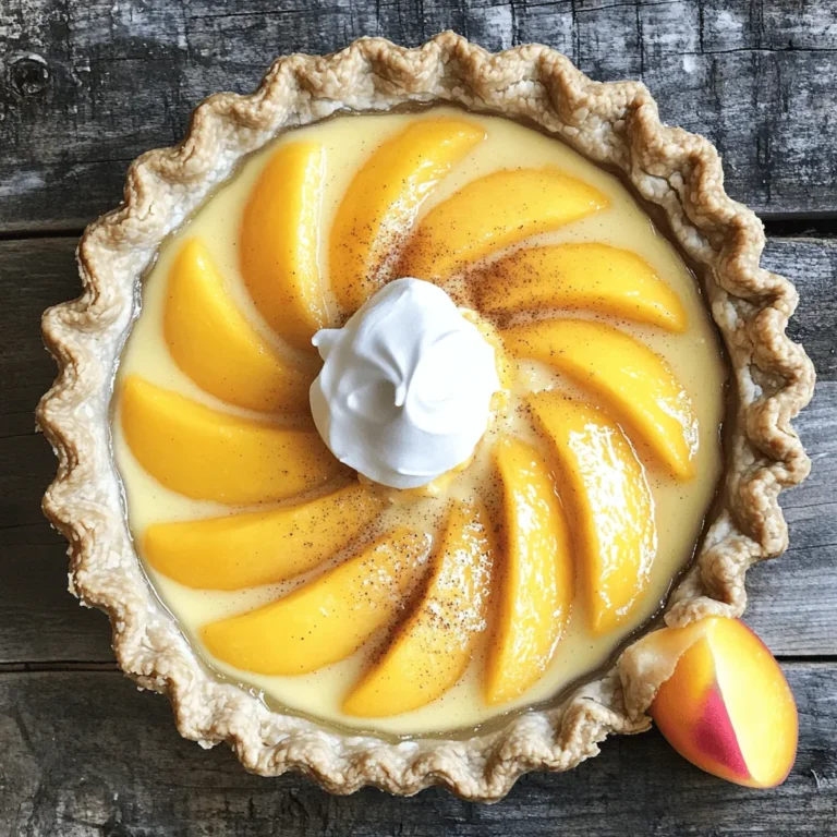 Fresh peaches are the star of this pie. Choose ripe, sweet peaches for the best flavor. Use about 1 ½ cups of peaches, peeled and sliced. The slices should be thick enough to hold their shape. This will give your pie a lovely texture and taste. You have a few choices for the pie crust. A store-bought 9-inch pie crust is quick and easy. If you want to make it from scratch, use flour, butter, and a pinch of salt. Either way, the crust should be crisp and flaky. This creates a nice contrast with the smooth custard. Here’s a quick look at the other ingredients you’ll need: - ¾ cup granulated sugar - 3 tablespoons cornstarch - 2 large eggs - 1 cup heavy cream - 1 teaspoon pure vanilla extract - ½ teaspoon ground cinnamon - Pinch of salt These ingredients work together to form the rich custard. The sugar adds sweetness, while cornstarch helps it set. Eggs provide structure, and heavy cream gives a creamy texture. Vanilla and cinnamon add depth to the flavor. For the full recipe, check out the details above. To start, preheat your oven to 375°F (190°C). Take your store-bought pie crust and fit it snugly into a 9-inch pie plate. Use a fork to prick the bottom. This helps prevent bubbling. Place the crust in the oven for about 10 minutes. You want it set but not browned. Once done, take it out and let it cool on a wire rack. Next, grab a large mixing bowl. In it, combine the granulated sugar, cornstarch, ground cinnamon, and a pinch of salt. Mix these dry ingredients well to avoid any lumps. In a separate bowl, crack two large eggs and whisk them until well beaten. Add the heavy cream and vanilla extract, whisking until everything blends into a smooth mixture. Gradually pour this egg mixture into the dry ingredients. Stir continuously to create a smooth custard. Now, let's assemble the pie. Start by evenly distributing your sliced fresh peaches over the base of the pre-baked pie crust. Carefully pour the custard mixture over the peaches. Make sure they are all covered. Place the pie in the oven and bake for 30-35 minutes. The custard should be firm and slightly golden. To check if it's set, gently shake the pie. The center should jiggle just a bit. Once baked, let the pie cool on a wire rack for about an hour. This helps the custard firm up nicely. For the best results, refrigerate the pie for at least 2 hours before slicing. This step makes the custard even better. You can find the full recipe here: [Full Recipe]. To get a creamy custard, mix the sugar and cornstarch well. This step avoids lumps. When you add the eggs and cream, whisk until smooth. This ensures a rich texture. Bake until the center slightly jiggles. This tells you the custard is set but still soft. It will firm up as it cools. A soggy crust ruins your pie. To prevent this, bake the crust first. Prick the bottom with a fork to let steam escape. Bake it for about ten minutes until it’s just set. Once out of the oven, let it cool before adding the custard. This keeps the crust crisp and flaky. For a lovely presentation, slice the pie neatly. Serve each piece with whipped cream on top. A sprinkle of ground cinnamon adds warmth and charm. Add a slice of fresh peach on the side. This highlights the fresh flavors in the pie. Enjoy your beautiful creation! For more detailed steps, check the Full Recipe. {{image_4}} You can swap fresh peaches for other fruits. Try ripe nectarines for a similar taste. Plums add a tart kick and are juicy, too. Blueberries give a pop of color and sweetness. Apples offer a crunchy bite, especially if you bake them a bit first. Each fruit brings its own charm to the pie. If you need a gluten-free crust, several options exist. Almond flour is a great choice for a nutty flavor. You can also use a gluten-free pie crust mix from the store. Just follow the package instructions for best results. Make sure to check that all ingredients are gluten-free. This way, everyone can enjoy this tasty treat. To make your pie stand out, try some flavor boosts. A dash of lemon juice brightens the peach flavor. You can mix in some nutmeg for warmth, too. Adding a splash of bourbon or rum gives a nice depth. Experimenting with spices lets you create a unique pie that reflects your taste. Get creative and have fun with it! For the complete recipe, check out the [Full Recipe]. To store leftover pie, let it cool completely. Cover it with plastic wrap or foil. You can also use an airtight container. Keep it in the fridge for up to three days. The pie stays fresh this way. Avoid stacking anything on top to prevent crushing. If you want to freeze the pie, make sure it’s fully cooled. Wrap it tightly in plastic wrap, then in aluminum foil. This helps prevent freezer burn. You can freeze it for up to three months. To enjoy later, just thaw it in the fridge overnight before serving. To reheat the pie, preheat your oven to 350°F (175°C). Place the pie in an oven-safe dish. Cover it with foil to keep it from browning too much. Heat for about 15-20 minutes, or until warm. If you like, you can microwave individual slices for a quick snack. Just heat for 30 seconds, checking often. Enjoy your pie as if it were fresh! Yes, you can use canned peaches. However, fresh peaches taste better. Canned peaches are softer and sweeter. If you choose them, drain the syrup well. Pat them dry with a paper towel. This helps reduce excess moisture. Use the same amount as fresh peaches. But keep in mind that the texture will change. You can use half-and-half or whole milk as a lighter option. For a dairy-free choice, use coconut cream or almond milk. These will alter the flavor slightly. If you want to keep the richness, try a mix of milk and butter. Use 1 cup of milk and 2 tablespoons of melted butter. This gives a similar creamy texture. The custard is set when it has a smooth, firm texture. Give the pie a gentle shake. If the center jiggles slightly, it is ready. You can also insert a knife into the center. If it comes out clean, the custard is done. Let it cool for a bit to firm up further. For the best texture, refrigerate it for at least two hours. Enjoy this pie chilled for the best flavor! You learned how to make a delicious peach pie from scratch. We covered fresh peaches, pie crust options, and key ingredients. I detailed steps for prepping the crust, making the custard, and baking. Plus, I shared tips for a perfect texture and stunning presentation. You can even explore variations with different fruits and gluten-free options. Finally, we talked about storage and reheating to keep the pie tasty. Now, you have all you need to create this delightful treat! Enjoy every bite of your homemade peach pie.